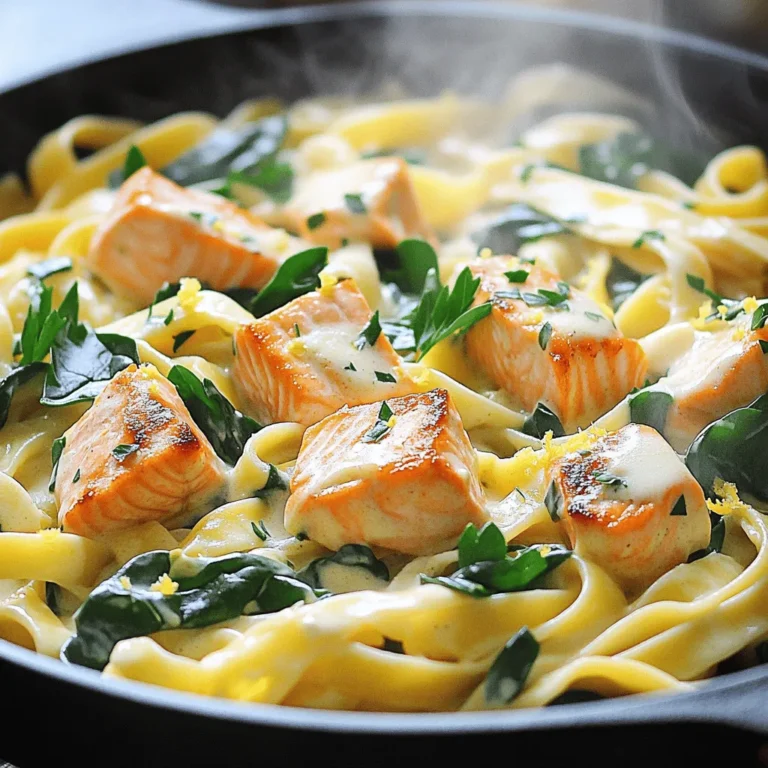 - 8 ounces fettuccine pasta - 2 tablespoons olive oil - 2 salmon fillets (about 6 ounces each) - 4 cloves garlic, minced - 1 cup heavy cream - 1/2 cup freshly grated Parmesan cheese - 1 cup spinach leaves - Zest of 1 lemon - Juice of 1/2 lemon - Salt and pepper to taste - Fresh parsley, chopped (for garnish) When I make creamy garlic salmon pasta, I love using fresh ingredients. Fresh salmon, garlic, and spinach truly elevate the dish. The fettuccine pasta gives it a nice texture. - Large pot - Skillet - Cooking utensils (spatula, measuring cups, etc.) Using the right tools makes cooking easier and more fun. A large pot helps boil the pasta perfectly. A non-stick skillet is great for searing the salmon and making the sauce. - Calories per serving: About 600 - Macros breakdown: 35g protein, 50g carbs, 30g fats This dish is rich in protein from the salmon and creamy sauce. The spinach adds some vitamins, too. It's a hearty meal that satisfies without being too heavy. If you want more details on the nutrition, check the [Full Recipe]. To cook pasta well, use a large pot filled with salted water. Bring the water to a boil. Add the fettuccine and stir to prevent sticking. Cook until the pasta is al dente, which means firm but not hard. This usually takes about 8 to 10 minutes. Once done, drain the pasta but save about 1 cup of the pasta water. This helps later with the sauce. For salmon, medium heat works best. Heat olive oil in a skillet. Season the salmon fillets with salt and pepper. Place them in the skillet and cook for about 4 to 5 minutes on each side. You want the salmon to flake easily with a fork. When it’s done, remove it from the skillet. Let it cool a bit, then flake it into bite-sized pieces. Sautéing garlic is key to a great sauce. Add minced garlic to the same skillet and cook for about 1 minute until it smells good. Then, pour in the heavy cream. Bring it to a gentle simmer. Mix in the Parmesan cheese, lemon zest, and juice. Stir until the sauce is smooth. This creamy sauce adds richness to your pasta. Now, it’s time to bring it all together. Add the cooked fettuccine to the skillet with the garlic cream sauce. Then, add the spinach and flaked salmon. Gently toss everything together. If the sauce is too thick, add a bit of the reserved pasta water until you reach your favorite consistency. Taste and adjust with more salt and pepper if needed. Check out the Full Recipe for a complete guide! Using fresh ingredients makes a big difference. Fresh salmon has a better taste than frozen. Choose bright, vibrant spinach. The garlic should smell strong and earthy. For seasoning, salt and pepper are key. I also like to add lemon juice for a zesty kick. It brightens the dish and enhances the flavors. Try using freshly grated Parmesan cheese. It melts better and gives a rich flavor. You can also add a pinch of red pepper flakes for some heat. This adds depth without making it too spicy. Cooking salmon safely is important. Start with medium heat to avoid burning. Look for a golden-brown crust. The fish should flake easily with a fork. If it is still raw in the middle, cook it a bit longer. When cooking pasta, time is everything. Follow the package instructions for al dente pasta. This means it should be firm to the bite. Overcooked pasta becomes mushy and loses its taste. To avoid this, set a timer when it’s boiling. Plating your creamy garlic salmon pasta is fun. Use a large bowl to show off the dish. Twirl the pasta to create a nice shape. Place the flaked salmon on top for a nice look. Garnishing with parsley adds color and freshness. Use fresh parsley and chop it finely. Sprinkle it over the dish just before serving. This small touch makes a big difference in how it looks and tastes. For the full recipe, check out the detailed steps at [Full Recipe]. {{image_2}} You can swap salmon for other proteins. Chicken or shrimp works well. Both add a nice twist. For a vegetarian version, use mushrooms or zucchini. They give a great texture and flavor. You can change the cheese in the sauce. Try mozzarella for a milder taste or feta for a bit of tang. To add extra flavor, sprinkle in some red pepper flakes or a dash of smoked paprika. This can really spice things up. If you need gluten-free options, use rice noodles or quinoa pasta. These will change the taste a bit, but they work great. Remember to adjust cooking times. Rice noodles cook fast, while whole wheat pasta may take longer. Keep an eye on them so they don’t turn mushy. To keep your creamy garlic salmon pasta fresh, use airtight containers. Glass or BPA-free plastic containers work best. Make sure to let the pasta cool down before sealing. This prevents moisture build-up, which can lead to soggy pasta. Store the containers in the fridge. It will stay good for about 3 days. When reheating, aim to keep the pasta creamy. Use low heat to avoid drying it out. You can add a splash of water or extra cream to help. If using a microwave, cover it to trap steam. Heat in short bursts, stirring in between. If you prefer the oven, place it in a covered dish at 350°F. Bake for about 15 minutes, checking to ensure it warms evenly. Yes, you can freeze creamy garlic salmon pasta! Just make sure it has cooled completely. Place it in a freezer-safe container, leaving some space for expansion. It can last up to 3 months in the freezer. To thaw, move it to the fridge for a night. If you're in a hurry, you can use the microwave on low. Once thawed, reheat as described above for the best taste. For creamy garlic salmon pasta, I recommend using fresh salmon. Fresh salmon has a rich flavor and a nice texture. If you can’t find fresh salmon, frozen salmon works too. Just make sure to thaw it properly before cooking. This way, you get the best taste and quality in your dish. Yes, you can make this dish without cream. If you want a lighter version, use Greek yogurt or coconut milk. Both options keep the dish creamy while reducing fat. You can also use vegetable broth for a lighter sauce. Just remember to adjust the seasoning to match your taste. Cooking salmon usually takes 8 to 12 minutes. The time depends on the thickness of the fillets. A thicker piece takes longer to cook. You can check if it’s done by using a fork. If it flakes easily, it’s ready to eat. Keep an eye on it to avoid overcooking. Yes, you can prepare creamy garlic salmon pasta in advance. Cook the pasta and salmon, then store them in separate containers. Keep the sauce in another container. When you’re ready to eat, just heat everything up. This method helps keep the flavors fresh. It’s perfect for meal prep! This dish pairs well with a crisp salad or garlic bread. A light green salad with lemon vinaigrette complements the pasta nicely. For wine, try a chilled white wine like Sauvignon Blanc. The bright flavors match the salmon well, enhancing your meal. This blog post covered how to make creamy garlic salmon pasta, detailing required ingredients and equipment. I shared easy, step-by-step instructions to help you cook pasta, sear salmon, and whip up a delicious garlic cream sauce. I also offered tips for flavor, presentation, and variations for personal tastes. In closing, this dish is not just tasty but also adaptable. Enjoy making it your own, and don't forget to savor every bite!