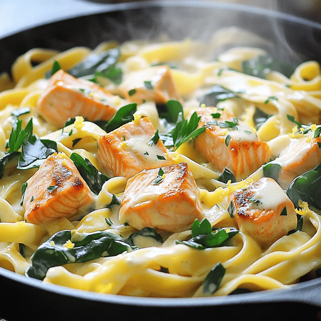 - 8 ounces fettuccine pasta - 2 tablespoons olive oil - 2 salmon fillets (about 6 ounces each) - 4 cloves garlic, minced - 1 cup heavy cream - 1/2 cup freshly grated Parmesan cheese - 1 cup spinach leaves - Zest of 1 lemon - Juice of 1/2 lemon - Salt and pepper to taste - Fresh parsley, chopped (for garnish) When I make creamy garlic salmon pasta, I love using fresh ingredients. Fresh salmon, garlic, and spinach truly elevate the dish. The fettuccine pasta gives it a nice texture. - Large pot - Skillet - Cooking utensils (spatula, measuring cups, etc.) Using the right tools makes cooking easier and more fun. A large pot helps boil the pasta perfectly. A non-stick skillet is great for searing the salmon and making the sauce. - Calories per serving: About 600 - Macros breakdown: 35g protein, 50g carbs, 30g fats This dish is rich in protein from the salmon and creamy sauce. The spinach adds some vitamins, too. It's a hearty meal that satisfies without being too heavy. If you want more details on the nutrition, check the [Full Recipe]. To cook pasta well, use a large pot filled with salted water. Bring the water to a boil. Add the fettuccine and stir to prevent sticking. Cook until the pasta is al dente, which means firm but not hard. This usually takes about 8 to 10 minutes. Once done, drain the pasta but save about 1 cup of the pasta water. This helps later with the sauce. For salmon, medium heat works best. Heat olive oil in a skillet. Season the salmon fillets with salt and pepper. Place them in the skillet and cook for about 4 to 5 minutes on each side. You want the salmon to flake easily with a fork. When it’s done, remove it from the skillet. Let it cool a bit, then flake it into bite-sized pieces. Sautéing garlic is key to a great sauce. Add minced garlic to the same skillet and cook for about 1 minute until it smells good. Then, pour in the heavy cream. Bring it to a gentle simmer. Mix in the Parmesan cheese, lemon zest, and juice. Stir until the sauce is smooth. This creamy sauce adds richness to your pasta. Now, it’s time to bring it all together. Add the cooked fettuccine to the skillet with the garlic cream sauce. Then, add the spinach and flaked salmon. Gently toss everything together. If the sauce is too thick, add a bit of the reserved pasta water until you reach your favorite consistency. Taste and adjust with more salt and pepper if needed. Check out the Full Recipe for a complete guide! Using fresh ingredients makes a big difference. Fresh salmon has a better taste than frozen. Choose bright, vibrant spinach. The garlic should smell strong and earthy. For seasoning, salt and pepper are key. I also like to add lemon juice for a zesty kick. It brightens the dish and enhances the flavors. Try using freshly grated Parmesan cheese. It melts better and gives a rich flavor. You can also add a pinch of red pepper flakes for some heat. This adds depth without making it too spicy. Cooking salmon safely is important. Start with medium heat to avoid burning. Look for a golden-brown crust. The fish should flake easily with a fork. If it is still raw in the middle, cook it a bit longer. When cooking pasta, time is everything. Follow the package instructions for al dente pasta. This means it should be firm to the bite. Overcooked pasta becomes mushy and loses its taste. To avoid this, set a timer when it’s boiling. Plating your creamy garlic salmon pasta is fun. Use a large bowl to show off the dish. Twirl the pasta to create a nice shape. Place the flaked salmon on top for a nice look. Garnishing with parsley adds color and freshness. Use fresh parsley and chop it finely. Sprinkle it over the dish just before serving. This small touch makes a big difference in how it looks and tastes. For the full recipe, check out the detailed steps at [Full Recipe]. {{image_2}} You can swap salmon for other proteins. Chicken or shrimp works well. Both add a nice twist. For a vegetarian version, use mushrooms or zucchini. They give a great texture and flavor. You can change the cheese in the sauce. Try mozzarella for a milder taste or feta for a bit of tang. To add extra flavor, sprinkle in some red pepper flakes or a dash of smoked paprika. This can really spice things up. If you need gluten-free options, use rice noodles or quinoa pasta. These will change the taste a bit, but they work great. Remember to adjust cooking times. Rice noodles cook fast, while whole wheat pasta may take longer. Keep an eye on them so they don’t turn mushy. To keep your creamy garlic salmon pasta fresh, use airtight containers. Glass or BPA-free plastic containers work best. Make sure to let the pasta cool down before sealing. This prevents moisture build-up, which can lead to soggy pasta. Store the containers in the fridge. It will stay good for about 3 days. When reheating, aim to keep the pasta creamy. Use low heat to avoid drying it out. You can add a splash of water or extra cream to help. If using a microwave, cover it to trap steam. Heat in short bursts, stirring in between. If you prefer the oven, place it in a covered dish at 350°F. Bake for about 15 minutes, checking to ensure it warms evenly. Yes, you can freeze creamy garlic salmon pasta! Just make sure it has cooled completely. Place it in a freezer-safe container, leaving some space for expansion. It can last up to 3 months in the freezer. To thaw, move it to the fridge for a night. If you're in a hurry, you can use the microwave on low. Once thawed, reheat as described above for the best taste. For creamy garlic salmon pasta, I recommend using fresh salmon. Fresh salmon has a rich flavor and a nice texture. If you can’t find fresh salmon, frozen salmon works too. Just make sure to thaw it properly before cooking. This way, you get the best taste and quality in your dish. Yes, you can make this dish without cream. If you want a lighter version, use Greek yogurt or coconut milk. Both options keep the dish creamy while reducing fat. You can also use vegetable broth for a lighter sauce. Just remember to adjust the seasoning to match your taste. Cooking salmon usually takes 8 to 12 minutes. The time depends on the thickness of the fillets. A thicker piece takes longer to cook. You can check if it’s done by using a fork. If it flakes easily, it’s ready to eat. Keep an eye on it to avoid overcooking. Yes, you can prepare creamy garlic salmon pasta in advance. Cook the pasta and salmon, then store them in separate containers. Keep the sauce in another container. When you’re ready to eat, just heat everything up. This method helps keep the flavors fresh. It’s perfect for meal prep! This dish pairs well with a crisp salad or garlic bread. A light green salad with lemon vinaigrette complements the pasta nicely. For wine, try a chilled white wine like Sauvignon Blanc. The bright flavors match the salmon well, enhancing your meal. This blog post covered how to make creamy garlic salmon pasta, detailing required ingredients and equipment. I shared easy, step-by-step instructions to help you cook pasta, sear salmon, and whip up a delicious garlic cream sauce. I also offered tips for flavor, presentation, and variations for personal tastes. In closing, this dish is not just tasty but also adaptable. Enjoy making it your own, and don't forget to savor every bite!