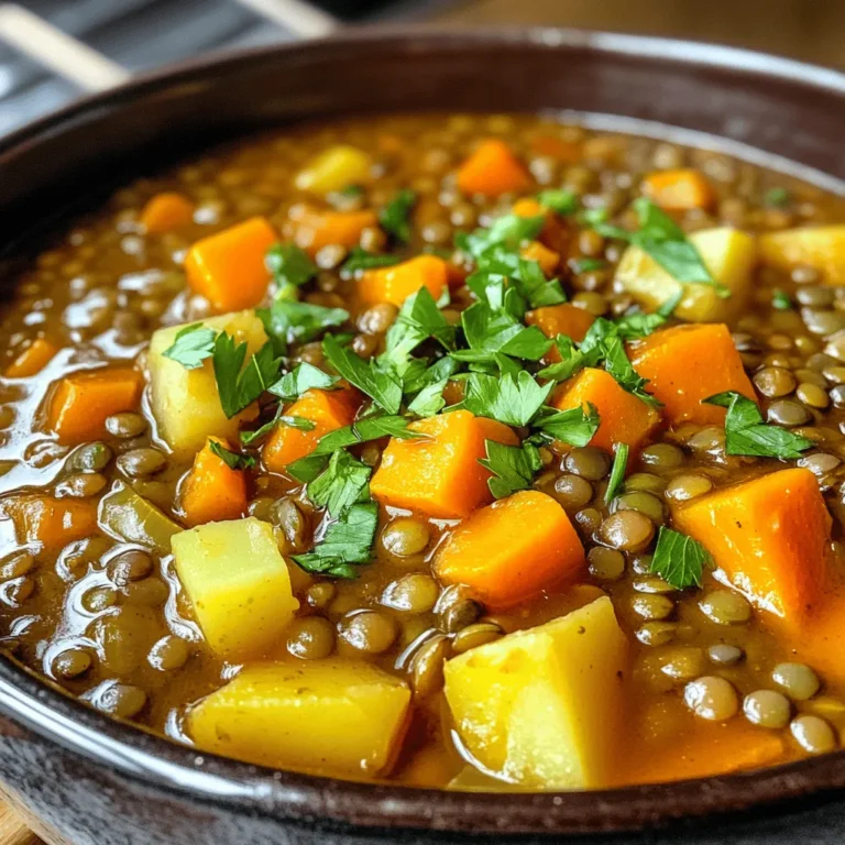 - 1 cup green or brown lentils - 2 tablespoons olive oil - 1 medium onion - 2 cloves garlic - 2 medium carrots - 1 medium bell pepper - 1 medium potato - 2 medium tomatoes - Herbs and spices When you make Hungarian lentil vegetable stew, choose lentils that are firm and fresh. Green or brown lentils work best because they hold their shape. Olive oil adds a nice richness to the dish. Onions and garlic form the base of your stew. Chop them finely to release their flavors. Carrots and bell peppers add sweetness and color. A potato makes the stew hearty, while fresh tomatoes bring brightness. For herbs and spices, smoked paprika, thyme, and caraway seeds give the stew a unique taste. You can adjust the amount based on your preference. - Additional vegetables (e.g., spinach, zucchini) - Toppings (e.g., sour cream, yogurt) Feel free to mix in other vegetables like spinach or zucchini. They add nutrients and flavor. You can also top the stew with sour cream or yogurt for creaminess. - Large pot - Cutting board and knife - Measuring cups and spoons To make this stew, you need a large pot. It helps cook all the ingredients evenly. A cutting board and knife are essential for prepping your vegetables. Measuring cups and spoons ensure you add the right amounts of each ingredient. For the full recipe, check out the details provided earlier. Enjoy creating this comforting dish! - Rinse and prepare the lentils. Start by placing your lentils in a strainer. Rinse them under cold water for about a minute. This helps remove dirt and any debris. After rinsing, set them aside to drain. - Chop vegetables. Next, grab your knife and cutting board. Chop the onion, garlic, carrots, bell pepper, potatoes, and tomatoes. Make sure to keep your pieces even. This will help them cook evenly in the stew. - Heat olive oil and sauté onions. In a large pot, heat the olive oil over medium heat. Once hot, add the chopped onion. Cook it for about five minutes, stirring until it turns soft and clear. - Add garlic, carrots, and bell peppers. After the onions are ready, stir in the minced garlic. Cook for one more minute. Then, add the diced carrots and bell pepper. Stir these for another five minutes until they start to soften. - Incorporate potatoes and tomatoes. Now, it’s time to add the cubed potatoes and chopped tomatoes to the pot. Mix everything well to combine the flavors. - Add lentils and broth. Pour in the rinsed lentils and the vegetable broth. Stir the pot to mix the ingredients. Bring this mixture to a boil over high heat. - Cover and simmer. Once boiling, reduce the heat to low. Cover the pot and let it simmer. Cook for about 30 to 35 minutes until the lentils are tender and the stew thickens. - Adjust seasoning. After simmering, taste your stew. Add salt and pepper as needed. If you want, you can add more spices to enhance the flavor. Enjoy serving this hearty dish! For the full recipe, you can check the details above. Choosing the right spices Spices bring life to your stew. I love using smoked paprika for a warm taste. Caraway seeds add a unique flavor that fits well. You can also try dried thyme for a fresh note. Each spice adds depth and makes the dish special. Adding acidity A splash of acidity brightens the stew. You can use a bit of lemon juice or vinegar right before serving. This small step makes the flavors pop. It helps balance the earthiness of the lentils and vegetables. How to avoid mushy lentils To keep lentils firm, avoid overcooking. Check them at the 30-minute mark. If they are tender but still hold shape, that's perfect. If you want softer lentils, let them cook a bit longer. Thinning the stew if too thick If your stew turns out too thick, don’t worry! Just stir in a little vegetable broth or water. This will help achieve your desired consistency. Add it slowly until it looks just right. Best sides to pair with the stew This stew pairs well with crusty bread. A side salad adds freshness and crunch. You can also serve it with rice or quinoa for extra heartiness. Presentation tips To make your stew look appealing, use a nice bowl. Garnish with chopped parsley for color. A drizzle of olive oil on top adds shine. This simple touch makes your dish pop on the table. {{image_2}} You can easily make this stew vegetarian or vegan. Simply skip any meat products. Use vegetable broth instead of chicken broth for a rich flavor. You can boost protein with extra lentils or add beans. Chickpeas work great here too. They add a nice texture and flavor. For more protein, consider adding nuts or seeds. Toasted sunflower seeds sprinkle nicely on top. This stew is open to fun spices from around the world. You might try a pinch of curry powder for an Indian touch. Adding cumin can give it a warm, earthy flavor. If you like heat, toss in some chili flakes. Don't forget to think about vegetables from your area. Use zucchini in summer or root vegetables in winter. These swaps can make the dish feel fresh and new. Seasonal ingredients can change the stew's taste with each season. In spring, add fresh peas or asparagus. In fall, consider sweet potatoes or pumpkin. These ingredients add color and flavor. Cold-weather versions can be heartier. Use more lentils and less broth for a thicker stew. For warm weather, keep it lighter. Add more broth and fresh herbs for a bright taste. Try the Full Recipe for a delicious meal. After enjoying your Hungarian Lentil Vegetable Stew, let it cool down first. Place it in airtight containers. This helps keep it fresh. Refrigerate the stew within two hours of cooking. It will stay tasty for about 3 to 5 days. For easy reheating, use smaller containers. This makes it simple to heat just what you need. Label your containers with the date. This way, you’ll know when to eat them. To freeze the stew, first, let it cool completely. Use freezer-safe containers or bags. Leave some space at the top of the container for expansion. Seal them tightly to avoid freezer burn. When you’re ready to eat, move the stew to the fridge for a day. This allows it to thaw slowly. If you need it fast, you can also thaw it in the microwave. Reheat it on the stove over low heat. Stir occasionally until hot. Refrigerated leftovers last about 3 to 5 days. After this time, check for signs of spoilage. Look for any off smells or strange colors. If you see any, it's best to throw it out. Frozen stew can last for up to 3 months. However, for the best flavor, eat it within 1 to 2 months. Keep an eye on your frozen stew. Enjoy the full recipe for more deliciousness! What is the best type of lentils to use for this stew? I recommend green or brown lentils for this stew. They hold their shape well during cooking. Red lentils can become mushy, which may change the stew's texture. How can I make this recipe spicier? To add heat, try adding cayenne pepper or chopped jalapeños. Start with a small amount. You can always add more as you taste. Can I replace the vegetable broth with something else? Yes, you can use chicken broth if you want a different flavor. Water can work in a pinch, but it may lack depth. What can I use instead of caraway seeds? If you don’t have caraway seeds, try cumin or fennel seeds. They give a similar warm flavor. Is this stew healthy? Yes! This stew is packed with fiber and protein from lentils, plus vitamins from the veggies. It’s a great choice for a balanced meal. How many calories does a serving contain? A serving of this hearty stew has around 250 calories. This makes it a filling yet light option for lunch or dinner. You can find the full recipe to enjoy this dish at home. This blog post covered how to make a tasty lentil vegetable stew. We talked about the main and optional ingredients, the tools you need, and each step to prepare and cook. I shared tips to enhance flavor, perfect texture, and serve it well. For those wanting variety, I suggested different styles based on seasons or dietary needs. By following this guide, you can create a healthy, delicious meal that fits your taste. Enjoy your cooking adventure!