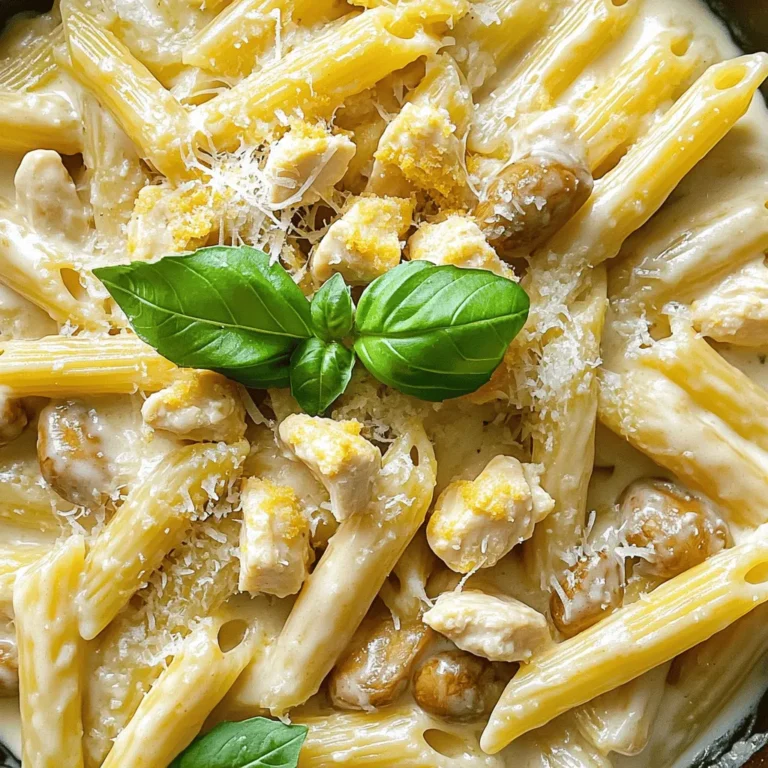 - 300g penne pasta - 2 boneless chicken breasts, diced - 1 tablespoon olive oil - 2 cloves garlic, minced - 1 small onion, finely chopped - 1 cup mushrooms, sliced - 1 cup heavy cream - 1 cup chicken broth - 1 teaspoon Italian seasoning - 1/2 teaspoon red pepper flakes (optional) - Salt and pepper - Grated Parmesan cheese for serving - Fresh basil leaves for garnish In my kitchen, I love to create a meal that warms the heart. Creamy Chicken Penne does just that! Let’s break down the ingredients. First, you need penne pasta. This shape holds the creamy sauce nicely. Next, diced chicken breasts bring protein and flavor. Olive oil helps cook the chicken and adds richness. Garlic and onion create a fragrant base. Mushrooms add texture and earthiness. For the creamy sauce, heavy cream is key. It makes the dish rich and smooth. Chicken broth adds depth. Italian seasoning gives a burst of flavor. Red pepper flakes can spice things up a bit, but they’re optional. Don’t forget about the garnishes! A pinch of salt and pepper enhances all the flavors. Grated Parmesan cheese adds a salty kick. Fresh basil leaves brighten the dish. With these ingredients, you’ll create a hearty and flavorful meal that impresses everyone at your table. For the complete recipe, check out the Full Recipe section. - Bring a large pot of salted water to a boil. - Add the penne pasta and cook until al dente, about 10-12 minutes. - Drain the pasta and reserve a cup of pasta water for later. - Heat a tablespoon of olive oil in a large skillet over medium-high heat. - Add the diced chicken and sauté until it is cooked through and browned, about 6-8 minutes. - Season the chicken with salt and pepper, then remove it from the skillet and set aside. - In the same skillet, sauté the chopped onion and minced garlic for about 2-3 minutes. - Add the sliced mushrooms and cook until they turn golden, about 4-5 minutes. - Pour in the chicken broth and heavy cream, stirring to combine. Let the sauce simmer briefly for about 5 minutes. - Return the cooked chicken to the skillet with the sauce. - Add the cooked penne and mix everything together well. - If the sauce is too thick, add a little of the reserved pasta water until it's just right. - Serve the dish hot, garnished with grated Parmesan cheese. - Top with fresh basil leaves for added flavor and color. For the full details on making this delicious meal, check out the full recipe. To get the right sauce consistency, start with heavy cream. It makes the sauce rich and smooth. If it feels too thick, add reserved pasta water. This helps loosen it. Taste the sauce as you go. Adjust seasoning with salt and pepper to make it pop. Keep the chicken moist by not overcooking it. Cook until it’s just browned. If you want a different flavor, try grilling or baking the chicken. Both methods add a nice touch. Grilled chicken gives a smoky taste, while baked chicken keeps it juicy. Cook the penne until al dente for the best bite. Follow the package directions carefully. Reserve a cup of pasta water before draining. This water is magic for mixing into the sauce. It helps bind everything together and enhances flavor. {{image_2}} You can make a tasty vegetarian version of creamy chicken penne. Just swap the chicken for your favorite veggies or tofu. Zucchini, bell peppers, and spinach work great. Tofu adds protein and absorbs the sauce well. This change keeps the dish hearty and satisfying. If you want extra protein, try adding shrimp or turkey. Shrimp cooks quickly and brings a nice flavor. Just sauté it for a few minutes until it turns pink. Turkey is another good choice. Use ground turkey or diced turkey breast for a leaner option. Both add a fun twist to the dish. Experimenting with seasonings can take your penne to the next level. Try different herbs like parsley, thyme, or even paprika. You can also use homemade broth for a richer taste. Store-bought broth works fine, but homemade can really shine. Adjust the seasoning to match your taste. This will make each meal feel fresh and new. For the full recipe, check out the delicious creamy chicken penne! To keep your Creamy Chicken Penne fresh, store leftovers in an airtight container. This helps keep moisture in and prevents odors from other foods. You can refrigerate it for up to three days. If you want to save it longer, freeze it in a freezer-safe container. Just make sure to let it cool completely before freezing. This way, your pasta stays tasty. To reheat, you can use the stove or microwave. If using the stove, place the pasta in a skillet over low heat. Add a splash of chicken broth or water to help it steam and regain creaminess. Stir often until heated through. For the microwave, place your pasta in a bowl, cover it with a damp paper towel, and heat in short bursts. Stir between each burst to avoid hot spots. Creamy Chicken Penne lasts about three days in the fridge. If you store it in the freezer, it can last up to two months. Just remember, the longer it sits, the more it may lose texture and flavor. Always check for any signs of spoilage before enjoying your leftovers. For the full recipe, be sure to check the details earlier in this article! Yes, you can make Creamy Chicken Penne ahead of time. Cook the pasta and chicken as directed. Then, make the sauce. Combine everything, but don’t add the cheese or basil yet. Let it cool, then store it in the fridge. When you're ready to eat, just reheat in a pot. If the sauce is too thick, add a splash of reserved pasta water to loosen it. If you want to swap out heavy cream, use half-and-half or whole milk. For a non-dairy option, try coconut milk or cashew cream. These choices will change the flavor a bit, but they still work well. You can also use silken tofu blended until smooth for a creamy texture without dairy. Absolutely! You can use any pasta you like. Bowtie, fusilli, or even spaghetti works great. Choose what you have on hand or what you enjoy. Just keep in mind that cooking times may vary, so check the package for instructions. Yes, you can make this recipe gluten-free. Look for gluten-free penne pasta made from rice or corn. Also, make sure to use a gluten-free chicken broth. This way, you can enjoy the creamy goodness without worrying about gluten. This blog post shared a simple and tasty recipe for Creamy Chicken Penne. You learned about the main ingredients, sauces, and garnishes that make this dish special. I provided clear steps to cook everything perfectly and gave tips to help you adjust the flavors. Remember, you can also make fun variations and store leftovers well. Enjoy cooking this dish and feel free to improvise based on what you have. Cooking should be fun and flexible, so let your creativity shine!