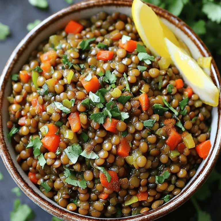 To make Moroccan Instant Pot lentils, you need a few key ingredients. Here’s what you will need: - 1 cup green or brown lentils, rinsed - 1 medium onion, finely chopped - 3 cloves garlic, minced - 1 carrot, diced - 1 red bell pepper, diced - 2 teaspoons ground cumin - 1 teaspoon ground coriander - 1 teaspoon turmeric - 1 teaspoon smoked paprika - 1/2 teaspoon cinnamon - 4 cups vegetable broth - 1 can (14 oz) diced tomatoes, undrained - 1 tablespoon olive oil - Salt and pepper to taste - Fresh cilantro or parsley, chopped (for garnish) - Lemon wedges (for serving) These ingredients blend together to create a rich, aromatic dish. The lentils provide protein and fiber, while the spices bring warmth and depth. The vegetables add texture and flavor. You can find the full recipe at [Full Recipe]. Make sure to rinse your lentils well before using them. This step removes any dirt. It also helps them cook evenly. Fresh herbs like cilantro or parsley brighten the dish at the end. Squeeze lemon over the top for a tangy finish. 1. Sauté onion and garlic: Turn the Instant Pot to the sauté setting. Add olive oil and let it heat up. Add the chopped onion. Cook for 3-4 minutes, stirring until it turns translucent. Then, add minced garlic. 2. Add carrot and bell pepper: Next, toss in the diced carrot and red bell pepper. Cook these for another 3-4 minutes. Stir occasionally until the vegetables soften. 3. Toast the spices with sautéed vegetables: Sprinkle ground cumin, coriander, turmeric, smoked paprika, and cinnamon over the veggies. Stir everything together for about 1 minute. This toasting brings out the best flavor in the spices. 4. Combine lentils, tomatoes, and broth: Add the rinsed lentils to the pot. Pour in the can of diced tomatoes with their juice. Then, add the vegetable broth. Season with salt and pepper to your liking. Stir well to mix everything. 5. Set pressure cooking time: Close the Instant Pot lid tightly. Make sure the valve is set to sealing. Select the manual pressure cook setting and set the timer for 15 minutes on high pressure. 6. Natural release and venting: Once the cooking time is up, let the pressure release naturally for 10 minutes. After that, carefully switch the valve to venting to let out any remaining pressure. 7. Fluffing lentils and adding garnishes: Open the lid and gently stir the lentils to fluff them up. Taste your dish and adjust any seasoning if needed. Serve the Moroccan lentils in bowls. Top them with chopped cilantro or parsley. Don’t forget the lemon wedges on the side for that fresh squeeze! For the full recipe, check out the detailed instructions in the earlier section. To get great lentils, start with rinsing them. This helps remove debris and dirt. Next, cook them until they are tender but not mushy. Usually, 15 minutes is just right in the Instant Pot. If you want a thicker dish, add less broth. If you like it soupier, add more. Adjusting the liquid helps you find your perfect texture. To amp up the flavor, think about adding more spices. You can toss in extra cumin or a pinch of cayenne for heat. Fresh herbs like cilantro or parsley also add a nice touch. Another tip is to use broth instead of water. Vegetable broth adds depth and richness to your dish. For a complete meal, serve these lentils with rice or couscous. A fresh salad on the side also pairs well. When plating, make it pretty! Use bowls and add a sprinkle of herbs on top. A wedge of lemon adds brightness and color to your dish. For the full recipe, check out the link above. {{image_2}} You can easily add protein to your Moroccan lentils. For meat lovers, chicken or sausage adds great flavor. Simply sauté diced chicken or sliced sausage with the vegetables. This will create a hearty, filling dish. For a vegan option, try adding chickpeas or tofu. Both options provide protein and texture. Chickpeas blend well with the spices, while tofu can soak up all the flavors. You can make this dish even more colorful and nutritious. Consider adding extra vegetables like spinach, zucchini, or sweet potatoes. All these veggies cook well in the Instant Pot and add great taste. If you want to switch things up, you can substitute lentils with beans. Black beans or kidney beans work well in this recipe. They provide a different texture and flavor. Do you like your food spicy? You can make this dish hotter by adding diced jalapeños or red pepper flakes. Start with a small amount, and taste as you go. If you prefer a milder dish, skip the peppers. You can still enjoy the rich flavors of the spices without the heat. Just focus on the cumin and coriander for depth. To store the leftovers, let the lentils cool completely. Transfer them into airtight containers. Glass or BPA-free plastic containers work best. This keeps the flavors fresh and helps avoid spills. Store them in the fridge for up to five days. When ready to eat, simply reheat them on the stove or in the microwave. You can freeze Moroccan lentils for longer storage. Place the cooled lentils in freezer-safe containers or bags. Make sure to leave some space for expansion. They can last up to three months in the freezer. To thaw, move them to the fridge overnight or use the microwave. When reheating, add a splash of broth or water to keep them moist. This dish stays fresh for about five days in the fridge. If frozen, expect it to retain quality for three months. After that, the flavors may fade. Always check for any off smells or changes in texture before eating. Cooking Moroccan Instant Pot lentils takes about 40 minutes in total. You spend 10 minutes prepping the ingredients. Then, the cooking time in the Instant Pot is just 15 minutes. After that, allow for a natural pressure release for 10 minutes. This quick method saves time while giving you great flavor. Yes, you can use different lentils! Green or brown lentils are best for this recipe. They hold their shape well during cooking. Red lentils cook faster and become mushy, which changes the dish's texture. If you prefer red lentils, adjust the cooking time to 10 minutes instead. You can serve Moroccan lentils in many tasty ways. Pair them with warm pita bread or fluffy couscous for a filling meal. A fresh salad with cucumbers and tomatoes adds a nice crunch. You can also top the lentils with yogurt or a drizzle of olive oil for extra flavor. Absolutely! This recipe is already vegan as it uses vegetable broth. You can enjoy it without any meat or dairy. Just make sure any garnishes, like yogurt, are plant-based. With these options, everyone can enjoy this dish! For the full recipe, click [here](insert link). This blog shows how to make delicious Moroccan Instant Pot lentils. We covered key ingredients, step-by-step cooking, and helpful tips. You learned variations, storage info, and FAQs to help you succeed. I hope you feel ready to try this easy recipe. Enjoy the flavors and healthy benefits it brings to your meals. Happy cooking!