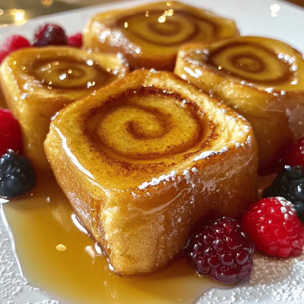 To make the best French toast, you need a few key ingredients. Here’s what you will need: - 4 thick slices of brioche bread - 2 large eggs - 1 cup milk (whole or almond) - 1 teaspoon vanilla extract - 1 tablespoon ground cinnamon - 1 tablespoon sugar (optional) - 1 tablespoon unsalted butter - Maple syrup for serving - Fresh berries for garnish (optional) These ingredients work together to create a soft, rich, and flavorful dish. You can add a few extra ingredients to enhance the flavor of your French toast: - Nutmeg for warmth - Orange zest for brightness - Whipped cream for a creamy touch - Chocolate chips for sweetness These optional ingredients can make your dish more exciting and personal. The bread you choose makes a big difference. For the best French toast, consider using: - Brioche for its richness - Challah for its soft texture - Sourdough for a tangy taste - French bread for a classic touch Each type of bread gives a unique flavor and texture. Experiment to find your favorite! For the full recipe, check out the Fluffy Cinnamon Swirl French Toast. To make Fluffy Cinnamon Swirl French Toast, you need to gather all your ingredients first. Here’s what you'll need: - 4 thick slices of brioche bread - 2 large eggs - 1 cup milk (whole or almond) - 1 teaspoon vanilla extract - 1 tablespoon ground cinnamon - 1 tablespoon sugar (optional) - 1 tablespoon unsalted butter - Maple syrup for serving - Fresh berries for garnish (optional) Start by whisking the eggs and milk together in a bowl. Add the vanilla extract, cinnamon, and sugar if you want a touch of sweetness. Mix it well until it’s smooth and combined. This step is key to getting a great flavor in your French toast. Now, let’s get cooking! Heat a non-stick skillet or griddle over medium heat. Add the butter and let it melt, coating the pan. This helps the bread cook evenly. Next, dip each brioche slice into the egg mixture. Make sure both sides soak well, but don’t let them get too soggy. If they are too wet, they won’t cook right. Place the soaked bread in the hot skillet. Cook each slice for about 3-4 minutes on each side. Look for a golden brown color and a slight crispiness. This is what makes it fluffy and delicious. Repeat this with the remaining bread, adding more butter as needed. Once your French toast is done, serve it hot. Drizzle some maple syrup over the top for sweetness. You can also add fresh berries for a pop of color and taste. They complement the warm cinnamon flavor perfectly. For extra fun, you can serve it with whipped cream or a dusting of powdered sugar. You’ll want to savor every bite of this dish! For more details, check the Full Recipe. To make the best French toast, start with thick slices of brioche. This bread gives a soft and sweet base. Always use fresh eggs. The eggs help bind the mixture and add flavor. For the milk, whole or almond works great. It adds creaminess and richness. Whisk the egg mixture well. This helps combine the flavors. Soak the bread for just a bit. If you soak it too long, it may fall apart. Cook on medium heat. If the heat is too high, the outside will burn. You want a nice golden brown color. One common mistake is using thin bread. Thin bread can get too soggy. Avoid adding too much sugar to the egg mixture. It may caramelize too fast and burn. Do not skip the butter in the pan. Butter adds flavor and helps with browning. Also, don't flip the bread too soon. Wait until you see a crust forming. To get great flavor, add a touch of vanilla extract. It enhances the sweetness. Ground cinnamon is key for a warm taste. For texture, let the cooked toast rest for a minute. This helps it firm up. Serve it hot with maple syrup. Fresh berries on top add color and taste. These tips will help you make perfect French toast. Check out the Full Recipe for more details. {{image_2}} You can have fun with French toast! Here are some cool ideas to try. - Stuffed French Toast: Spread cream cheese or Nutella between two slices of bread. Dip and cook as usual for a sweet surprise. - Savory French Toast: Use cheese and herbs. Add a pinch of salt and pepper. This makes a fun twist for lunch or brunch. - French Toast Casserole: Layer bread slices in a dish. Pour the egg mixture over and bake. It’s perfect for serving a crowd. You can enjoy French toast without the guilt. Here are some healthier swaps: - Whole Grain Bread: Use whole grain or sprouted bread for more fiber. - Egg Whites: Swap whole eggs for egg whites. This cuts cholesterol but keeps protein. - Milk Alternatives: Use almond milk or oat milk instead of whole milk. This lowers calories and adds flavor. Many cultures have their own take on French toast. Let’s explore a few: - Churros: In Spain, they serve churros with chocolate. You can dip your French toast in chocolate sauce for a tasty treat. - Korean French Toast: In Korea, they add sweet red beans and serve it with syrup. It’s a fun mix of flavors. - Mexican Torrejas: This version uses cinnamon and sugar. It often has a hint of orange zest. These variations make French toast exciting. Each style brings new flavors to your plate! For the full recipe, check out the Fluffy Cinnamon Swirl French Toast. To store leftover French toast, let it cool first. Place the slices in an airtight container. You can keep them in the fridge for up to three days. Make sure to separate layers with parchment paper to prevent sticking. For the best taste, reheat French toast in a skillet. Heat it over medium-low heat for about 2-3 minutes on each side. This keeps it crisp and warm. You can also use a toaster oven for a quick fix. Just toast it until it warms up nicely. Freezing is a great option for French toast. First, let the cooked slices cool completely. Then, wrap each slice in plastic wrap. Place them in a freezer bag or airtight container. You can freeze them for up to three months. To eat, simply reheat from frozen in the skillet or oven. This keeps your breakfast quick and tasty! I love using brioche bread for French toast. Its soft texture and rich flavor make it perfect. Challah is also a great choice. Both breads soak up the egg mixture well. You want a bread that is thick and sturdy. This helps it hold the shape and not fall apart. You can make French toast without eggs by using a simple mixture. Combine 1 cup of milk with 1 tablespoon of cornstarch. Whisk them well until smooth. You can also add some ground flaxseed mixed with water. Use 1 tablespoon of flaxseed with 3 tablespoons of water. Let it sit for a few minutes to thicken. This mixture works great for soaking your bread. Yes, you can prepare French toast ahead of time. You can soak the bread in the egg mixture, then cover it and store it in the fridge. This lets the flavors blend well. Cook it in the morning for a quick breakfast. If you want, you can also make it in batches. Just cool the cooked French toast and store it in the fridge. You can reheat it in the toaster or oven. For the best taste, serve it fresh. For the full recipe, check out my Fluffy Cinnamon Swirl French Toast. French toast is a fun and tasty dish. We covered key ingredients, cooking steps, and tips for the best flavor. You learned about great bread choices and some easy variations to try. Remember to avoid common mistakes to make it even better. Lastly, storing and reheating can keep your French toast fresh for longer. Enjoy making your perfect French toast, and don’t be afraid to be creative!