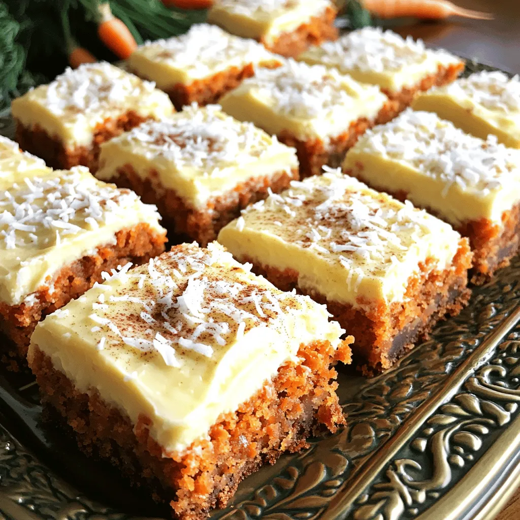 - 2 cups all-purpose flour - 1 ½ cups granulated sugar - 1 teaspoon baking powder - 1 teaspoon baking soda - 1 teaspoon ground cinnamon - ½ teaspoon ground nutmeg - ½ teaspoon salt - 1 cup vegetable oil - 4 large eggs - 3 cups grated carrots - 1 cup crushed pineapple (drained) - 1 cup chopped walnuts or pecans - 1 cup shredded coconut - 8 oz cream cheese (softened) - ½ cup unsalted butter (softened) - 4 cups powdered sugar - 1 teaspoon vanilla extract This recipe brings together classic flavors that you love. The dry ingredients create a solid base. The flour and sugar add sweetness and structure. Leavening agents like baking powder and soda help the bars rise. Spices such as cinnamon and nutmeg bring warmth. The wet mix brings moisture and richness. Oil keeps the bars soft. Eggs act as a binder, helping everything stick together. Fresh grated carrots add sweetness and texture. Pineapple gives a juicy burst of flavor. Optional add-ins allow you to customize. Chopped nuts add crunch, while shredded coconut gives a tropical vibe. The creamy frosting is a must. It adds a rich layer on top. The cream cheese and butter create a smooth, tangy finish. You’ll find all the ingredients in the Full Recipe. Gather them up, and let’s get cooking! - Preheat your oven to 350°F (175°C). - Grease a 9x13-inch baking pan with parchment paper. This helps with easy removal later. - In a large bowl, combine the flour, sugar, baking powder, baking soda, cinnamon, nutmeg, and salt. - Whisk these together until well mixed. This step builds a good base for your bars. - In another bowl, blend the vegetable oil and eggs until smooth. - Then, add in the grated carrots and crushed pineapple. You can also mix in optional nuts or coconut at this point. - Pour the wet mixture into the dry mixture. - Gently mix until just combined. It's okay if a few lumps remain. Overmixing can make your bars tough. - Spread the batter evenly in the prepared pan. - Bake for 30-35 minutes. To check for doneness, insert a toothpick into the center. If it comes out clean, your bars are ready. - While the bars cool, beat the softened cream cheese and butter together until creamy. - Gradually add the powdered sugar and vanilla extract. Mix until the frosting is fluffy and well combined. This detailed method ensures your decadent carrot cake bars turn out rich, moist, and full of flavor. For the complete recipe, check the Full Recipe section. - Avoid overmixing the batter. This helps keep the bars soft and moist. - Check for doneness early. Start checking at 30 minutes for perfect results. - Ensure cream cheese and butter are at room temperature. This makes mixing easier. - Mix frosting until fluffy for best texture. A fluffy frosting spreads better and tastes great. - Serve with a sprinkle of cinnamon or additional coconut on top. This adds flavor and looks nice. - Pair with tea or coffee for a perfect dessert experience. The warmth of the drink complements the cake bars well. For the complete recipe, check out the Full Recipe. {{image_2}} You can easily make this carrot cake bars recipe your own. One simple way is to swap crushed applesauce for oil. This makes the bars lighter and adds a nice flavor. You can also add spices like ginger or cloves. These spices give the bars a warm, spicy twist. Try experimenting and see what you like best! If you need a gluten-free option, just use gluten-free flour. This way, everyone can enjoy the bars. You can also make the recipe vegan. Use flax eggs or applesauce instead of regular eggs. For the cream cheese frosting, try a vegan cream cheese or a nut-based alternative. These swaps keep the flavor while meeting dietary needs. Want to make your bars even more special? Add a caramel drizzle or chocolate chips. These extra touches bring more sweetness and fun. Another great idea is to serve the bars with a scoop of vanilla ice cream. It makes for an indulgent treat that everyone will love. For the full recipe, check out the earlier section! Store the carrot cake bars in an airtight container. They stay fresh for up to 4 days at room temperature. This makes them perfect for quick snacks or dessert. If you want to keep them longer, refrigerate the bars. They last for up to a week in the fridge. You can also freeze them for up to 3 months. Just remember to thaw them before serving for the best taste and texture. When you’re ready to enjoy, warm the bars in the microwave for a few seconds. This brings back their moistness and flavor. You can enjoy them chilled, with or without frosting, depending on your mood. For the full recipe, check out the details above. Yes, you can prepare the batter a day in advance and store it in the fridge. This works well for busy days. Just take it out when you are ready to bake. Use fresh, sweet carrots; pre-grated carrots can be drier, affecting the texture. I recommend grating your own carrots for the best flavor. Look for firm, vibrant carrots that are not limp or soft. Insert a toothpick into the center; it should come out clean or with a few crumbs attached. If it comes out wet, bake a little longer. Keep an eye on them to avoid over-baking. Yes, you can use store-bought frosting or a whipped cream alternative for a different flavor. This allows you to customize the taste. You could even try a chocolate frosting for a fun twist. For the full recipe, check the main section of this article. In this blog post, we explored how to make delicious carrot cake bars. We covered the right dry and wet ingredients, mixing methods, and baking steps. I shared tips for perfect frosting and serving ideas. Remember, you can customize recipes with different flavors and dietary options. Enjoy baking these treats for friends and family. They are sure to impress, whether you serve them fresh or as a make-ahead dessert. Happy baking!