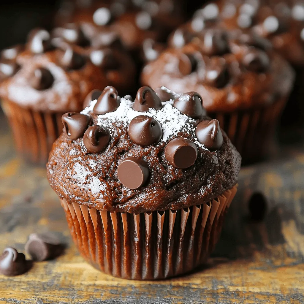 The key to great chocolate muffins is the right mix of ingredients. Here’s what you need: - 1 ½ cups all-purpose flour - ½ cup unsweetened cocoa powder - 1 cup granulated sugar - 2 teaspoons baking powder - ½ teaspoon baking soda - ¼ teaspoon salt - ½ cup unsalted butter, melted - 2 large eggs - 1 teaspoon vanilla extract - 1 cup buttermilk (or 1 cup milk with 1 tablespoon vinegar added) - 1 cup semi-sweet chocolate chips - ½ cup dark chocolate chips (optional) Each ingredient plays a role in creating that perfect muffin. The flour gives structure, while cocoa adds rich flavor. Sugar brings sweetness, and baking powder helps the muffins rise. Butter adds moisture, and eggs give a nice texture. Vanilla enhances the chocolate taste, and buttermilk makes them soft and fluffy. The chocolate chips? They are the stars of the show. Semi-sweet brings balance, while dark chocolate adds extra depth. If you want a chocolate experience, don’t skip the dark chocolate chips. For the full recipe, check out the Decadent Double Chocolate Muffins 🧁. Happy baking! 1. Preheat the oven and prepare muffin tin Set your oven to 350°F (175°C). Line a muffin tin with paper liners or spray it with non-stick spray. 2. Mix dry ingredients thoroughly In a large bowl, whisk together: - 1 ½ cups all-purpose flour - ½ cup unsweetened cocoa powder - 1 cup granulated sugar - 2 teaspoons baking powder - ½ teaspoon baking soda - ¼ teaspoon salt This mix ensures even flavor in your muffins. 3. Combine wet ingredients until smooth In a separate bowl, mix: - ½ cup unsalted butter, melted - 2 large eggs - 1 teaspoon vanilla extract Stir these until they are smooth and creamy. 4. Gradually mix wet and dry ingredients Pour the wet mixture into the dry ingredients. Stir gently until just combined. Don’t worry about lumps; they are okay! 5. Fold in chocolate chips Add: - 1 cup semi-sweet chocolate chips - ½ cup dark chocolate chips (optional) Gently fold them into the batter. This adds rich flavor. 6. Fill muffin cups with batter Divide the batter evenly among the muffin cups. Fill each about ¾ full. This helps them bake evenly. 7. Baking time and cooling instructions Bake for 18-20 minutes. Check with a toothpick; it should come out clean. Cool in the pan for 5 minutes, then move them to a wire rack. Enjoy warm for the best taste! For a complete recipe, check the Full Recipe. To make the best chocolate muffins, pay attention to a few key steps. - Avoiding overmixing the batter: When you mix your wet and dry ingredients, stop when you see a few lumps. Overmixing can make your muffins tough. - Recommended baking time and temperature adjustments: Bake your muffins at 350°F (175°C) for 18-20 minutes. If your oven runs hot, check them a minute early. - How to tell when muffins are done: Insert a toothpick into the center. If it comes out clean or with a few moist crumbs, your muffins are ready. Make your muffins look as good as they taste! - Dusting with powdered sugar: Once your muffins cool, sprinkle some powdered sugar on top. It adds a nice touch. - Drizzling with melted chocolate: For extra flair, drizzle melted chocolate over each muffin. This will make them even more tempting. - Serving warm vs. cooled: Warm muffins are soft and gooey. If you prefer them cooled, they are still delicious, just a bit firmer. {{image_2}} You can easily adjust chocolate muffins to fit special diets. For a gluten-free option, swap regular flour with a gluten-free blend. Look for a blend that has xanthan gum. This helps mimic the texture of wheat flour. For vegan chocolate muffins, replace eggs with flaxseed meal. Mix one tablespoon of flaxseed meal with three tablespoons of water. Let it sit until it thickens. Then, use plant-based milk instead of buttermilk. Almond or oat milk works well for this. These changes keep the flavor rich and the texture moist. You can make chocolate muffins your own by adding different flavors. Try folding in nuts like walnuts or pecans. They add crunch and a nice contrast to the soft muffin. Fresh or frozen berries, like raspberries or blueberries, can brighten the flavor too. They give a fruity twist that pairs well with chocolate. Another fun idea is to swap semi-sweet chocolate chips for milk or dark chocolate chips. If you love rich flavors, dark chocolate chips enhance the taste. For a sweeter muffin, use milk chocolate chips. You can mix and match to find your favorite blend. For the full recipe, check the section above. To keep your chocolate muffins fresh, you have two main options: room temperature or refrigerator storage. - Room Temperature: Store muffins in an airtight container. They stay fresh for about 2-3 days. This method keeps them soft and moist. - Refrigerator Storage: You can refrigerate muffins, but this might make them dry. If you do, use a sealed container. They can last up to a week this way. To keep muffins fresh longer, consider wrapping them in plastic wrap. You can also use aluminum foil for extra protection. Adding a slice of bread in the container helps maintain moisture. The bread absorbs any excess air, keeping muffins soft. Freezing chocolate muffins is a great way to enjoy them later. Here’s how to do it properly: - How to Freeze Muffins: Allow muffins to cool completely. Then, wrap each muffin tightly in plastic wrap. Place the wrapped muffins in a freezer bag or container. This method keeps them fresh for about 2-3 months. - Reheating Frozen Muffins: To reheat, remove muffins from the freezer. Unwrap them and place them on a microwave-safe plate. Heat for about 20-30 seconds for a warm treat. You can also bake them at 350°F (175°C) for about 10-15 minutes. This will bring back that fresh-baked taste. With these tips, you can enjoy your decadent chocolate muffins anytime! For the full recipe, check out the detailed instructions in the article. Can I use regular milk instead of buttermilk? Yes, you can use regular milk. Just add one tablespoon of vinegar to it. Let it sit for five minutes. This will mimic buttermilk's tangy taste. How long do chocolate muffins last? Chocolate muffins last about three to five days at room temperature. Store them in an airtight container. For longer freshness, keep them in the fridge for up to a week. What causes chocolate muffins to be dense? Dense muffins often come from overmixing the batter. Mixing too much adds extra air and makes them heavy. Also, too much flour can lead to dense muffins. Use the right measurements! Can I substitute other types of flour? Yes, you can use whole wheat flour or almond flour. These changes may alter the texture. Start with a little less flour to see how it affects the recipe. How can I make chocolate muffins lower in sugar? You can reduce the sugar by one-third. Try using applesauce or mashed bananas for sweetness. These swaps add moisture and flavor while cutting sugar. For the full recipe, check out the details above! We covered all you need for perfect chocolate muffins. You learned the key ingredients, easy steps, and helpful tips. You can adapt these muffins to meet dietary needs or personal tastes. Don’t forget how to store them for lasting freshness. Enjoying your baking journey is as important as the final product. Remember, practice makes perfect, so dive in and bake these delightful treats often!