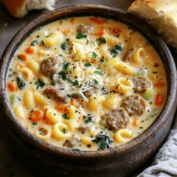 To make this tasty soup, you'll need: - 1 pound Italian sausage (mild or spicy, your choice) - 1 medium onion, diced - 2 cloves garlic, minced - 3 carrots, chopped - 2 celery stalks, chopped - 4 cups chicken broth - 1 can (14.5 oz) diced tomatoes with herbs - 1 cup mini ditalini pasta - 1 cup heavy cream - 2 cups baby spinach - 1 teaspoon Italian seasoning - Salt and pepper to taste - Fresh parsley, chopped (for garnish) - Grated Parmesan cheese (for serving) Some basics to have in your kitchen include: - Chicken broth - Diced tomatoes - Heavy cream - Italian seasoning - Salt and pepper These items help build the soup's rich flavor. Fresh ingredients make this soup shine. I suggest: - Fresh parsley for garnish - Baby spinach for color and nutrients - Onion, garlic, carrots, and celery for a great base Using fresh veggies enhances taste and texture. For the full recipe, check out the detailed instructions. Enjoy crafting your Creamy Italian Sausage Ditalini Soup! Start by cooking the Italian sausage. In a large pot, heat it over medium heat. Use a wooden spoon to break it up. Cook for about 5-7 minutes. You want it browned and fully cooked. Once done, remove the sausage and set it aside. Keep the drippings in the pot. This adds great flavor to the soup. Next, add the diced onion, minced garlic, chopped carrots, and chopped celery to the pot. Sauté these for about 5-6 minutes. You want the vegetables softened and aromatic. This step builds the base flavor for your soup. The sweet onions and garlic will make your kitchen smell amazing. Now, stir in the chicken broth and the can of diced tomatoes. Be sure to scrape up any bits stuck to the bottom. This adds even more flavor. Bring the mixture to a simmer. Add the mini ditalini pasta and cook according to the package instructions, usually about 7-8 minutes. Stir occasionally to keep the pasta from sticking. Once the pasta is al dente, reduce the heat to low. Stir in the heavy cream, baby spinach, and the cooked sausage. Cook for another 2-3 minutes. You want the spinach to wilt and everything to heat through. Season with salt and pepper to taste. Adjust to your liking. Serve hot and enjoy your creamy Italian sausage ditalini soup. For the full recipe, check the beginning of this article. When I make Creamy Italian Sausage Ditalini Soup, I focus on quality. Fresh ingredients make a big difference. Here are some tips for choosing the best: - Sausage: Select high-quality Italian sausage. Look for brands with no fillers or preservatives. - Veggies: Choose vibrant, firm produce. Fresh onions, carrots, and celery add great flavor. - Tomatoes: Canned tomatoes with herbs save time. They pack a punch of flavor. - Pasta: Mini ditalini pasta cooks quickly. It absorbs the soup’s rich taste well. - Cream: Use heavy cream for richness. It makes the soup creamy and smooth. To achieve that perfect creamy texture, follow these steps: - Sautéing: Cook the sausage until browned. This adds depth to the soup. - Heat Control: After adding cream, keep the heat low. This prevents the cream from curdling. - Stirring: Mix gently when adding spinach and sausage. This keeps everything combined without breaking down the pasta. - Simmering: Allow the soup to simmer after adding cream. This melds the flavors beautifully. Serving your soup well makes it even better. Here are my favorite ways: - Garnish: Top with fresh parsley and grated Parmesan. It adds a pop of color and flavor. - Bread Pairing: Serve with crusty bread. It’s perfect for dipping in the soup. - Extra Spice: A pinch of red pepper flakes can add a nice kick if you like heat. - Side Salad: A simple green salad pairs well. It balances the meal and adds freshness. For the full recipe, check the details above. Enjoy your cooking! {{image_2}} You can easily adapt this soup for different diets. If you're gluten-free, swap the ditalini pasta for gluten-free pasta. For a lighter version, use ground turkey or chicken instead of sausage. If you want a vegan option, try using plant-based sausage and replace the heavy cream with coconut milk. You can also add more veggies like zucchini or bell peppers. These swaps keep the soup tasty and friendly for different diets. Enhancing flavors is simple with herbs and spices. Fresh basil or oregano can add a bright taste. Crushed red pepper flakes give it a spicy kick if you like heat. A dash of lemon juice adds freshness and balance. You can also use fresh thyme or rosemary for a fragrant note. Experimenting with these flavors makes the soup your own and can elevate the overall taste. Get creative with add-ins to make the soup special. You can mix in cooked beans for added protein and texture. Adding diced potatoes can make the soup heartier. For a rich flavor, stir in a spoonful of pesto or sun-dried tomatoes. If you love cheese, try adding cream cheese or ricotta for extra creaminess. These twists keep the dish fun and exciting, turning a classic recipe into something new each time. You can find the full recipe above for all the details. After enjoying your creamy Italian sausage ditalini soup, let it cool. Pour the soup into a clean container. Seal it tightly with a lid or cover it with plastic wrap. Store the soup in the fridge for up to three days. This way, you keep the flavors fresh and tasty. To freeze the soup, first cool it completely. Use freezer-safe bags or containers to store it. Leave some space at the top of the container, as soup expands when frozen. Label each bag with the date. You can freeze the soup for up to three months. This makes meal prep easy and quick. When ready to enjoy your soup again, thaw it in the fridge overnight. If you need it faster, place the bag in cold water for about 30 minutes. Heat the soup gently on the stove over low heat. Stir often to avoid sticking. Add a splash of cream if it feels too thick. Enjoy your delicious soup just like the first time! For the full recipe, check the link above. Yes, you can make this soup ahead of time. It tastes even better the next day. Just let it cool before storing it in an airtight container. Keep it in the fridge for up to three days. When you're ready to eat, reheat it on the stove over low heat until warm. If you want a lighter option, try using half-and-half or whole milk. For a dairy-free choice, coconut milk works well. You can also blend silken tofu with a bit of broth as a creamy base. Each option will change the flavor slightly, so choose what fits your taste. To thicken the soup, add more pasta or a bit of cornstarch mixed with water. You can also reduce the soup by simmering it longer. If you want it thinner, add more chicken broth or water until it reaches your desired consistency. Enjoy experimenting with it! For the full recipe, check out the ingredients and steps above. This article covered how to make Creamy Italian Sausage Ditalini Soup. You learned about key ingredients, cooking steps, and tips for the best flavors. I shared variations for dietary needs and easy storage tips. Remember, choosing fresh ingredients and following the right techniques will lead to a great meal. Try adding your favorite spices for a twist. Enjoy making this soup with your unique touch!