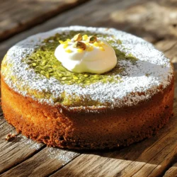 This cake shines thanks to its simple and fresh ingredients. Here’s what you need: - 1 cup shelled unsalted pistachios, finely ground - 1 ½ cups all-purpose flour - 1 teaspoon baking powder - ½ teaspoon baking soda - ¼ teaspoon salt - ½ cup unsalted butter, softened - 1 cup granulated sugar - 3 large eggs - 1 teaspoon vanilla extract - ½ cup plain Greek yogurt - 1 tablespoon lemon zest - 1 tablespoon milk (as needed for consistency) These ingredients work together to create a moist and flavorful cake. The ground pistachios add a unique taste and a lovely green color. You can enhance your cake's taste with some optional ingredients. Consider these additions: - Chopped dark chocolate for a sweet twist - Cardamom for an exotic flavor - Orange zest for a citrusy note Adding these will give your cake a personal touch. Feel free to mix and match as you like. If you need to swap ingredients, here are some ideas: - Use almond flour instead of all-purpose flour for a nutty flavor. - Coconut oil can replace butter for a dairy-free option. - Try maple syrup instead of granulated sugar for a natural sweetener. Make sure to adjust baking time if you make substitutions. This way, your cake remains just as delicious. For the best results, measure your ingredients carefully. Each component plays a big role in the final taste and texture. If you want the full recipe, check out the [Full Recipe]. First, preheat your oven to 350°F (175°C). This step warms the oven for even baking. Grease a 9-inch round cake pan, then dust it with flour. You can also line it with parchment paper for easy removal. In a large bowl, cream together ½ cup of softened unsalted butter and 1 cup of granulated sugar. Use an electric mixer on medium speed for 2-3 minutes. This blends air into the mix, making the cake light. Next, add 3 large eggs one at a time. Mix well after each addition. Now, stir in 1 teaspoon of vanilla extract and 1 tablespoon of lemon zest. This adds a fresh flavor to the cake. In a separate medium bowl, whisk together 1 ½ cups of all-purpose flour, 1 teaspoon of baking powder, ½ teaspoon of baking soda, and ¼ teaspoon of salt. This mixes the dry ingredients evenly. Set the bowl aside for later use. Gradually mix the ground pistachios into your wet mixture. Alternate adding the dry flour mix and ½ cup of plain Greek yogurt to the batter. Start and end with the flour mixture. Mix each addition until just combined; be careful not to overmix. If the batter is too thick, add 1 tablespoon of milk at a time until it reaches a smooth, thick consistency. Pour the batter into the prepared pan, smoothing the top. Bake for 30-35 minutes. Check with a toothpick in the center; it should come out clean. Let the cake cool in the pan for about 10 minutes. Then, turn it onto a wire rack to cool completely. For the full recipe, refer to the earlier section. To get the best texture for your pistachio cake, focus on these steps: - Use finely ground pistachios: This helps them mix well into the batter. - Cream the butter and sugar well: Aim for a fluffy, light mixture. This adds air to your cake. - Don’t overmix: When adding dry ingredients, mix just until combined. Overmixing can make the cake tough. - Check doneness: Insert a toothpick into the center. If it comes out clean, your cake is ready! Baking can be tricky. Here’s how to avoid common errors: - Measure ingredients properly: Use a kitchen scale or measuring cups. Accurate measurements matter. - Preheat your oven: Always preheat your oven to 350°F (175°C) before baking. This ensures even cooking. - Use room temperature eggs: Cold eggs can make your batter lumpy. Let them sit out for a bit. - Don’t rush cooling: Let the cake cool in the pan for 10 minutes. This helps it firm up and makes it easier to remove. Presentation can make your cake shine. Here are some fun ideas: - Dust with powdered sugar: A light sprinkle adds a sweet touch. - Top with whipped cream: This gives a creamy contrast to the cake. - Add chopped pistachios: Sprinkle them on top for a crunchy finish. - Serve with Greek yogurt: A dollop adds creaminess and pairs nicely with the cake’s flavors. For the full recipe, check out the details above! {{image_2}} You can make a gluten-free version of this cake. Replace all-purpose flour with a gluten-free blend. Ensure the blend has a 1:1 ratio for best results. This swap keeps the flavor and texture the same. You can change the flavor of your pistachio cake easily. Adding chocolate is a great choice. Mix in ½ cup of cocoa powder with the flour. For a spicy twist, try cardamom. Use 1 teaspoon of ground cardamom in the mix. These flavors pair well with pistachios, creating a unique taste. You can present your pistachio cake in various ways. Make it a layered cake by baking two rounds. Stack them with frosting in between. This adds a lovely look and taste. Alternatively, bake it in a Bundt pan. This shape gives the cake a beautiful design. Just make sure to grease the pan well so it comes out easily. For the full recipe and more ideas, check the Full Recipe section. To keep your delightful pistachio cake fresh, wrap it tightly. Use plastic wrap or aluminum foil. This helps avoid drying out. Store it at room temperature if you plan to eat it within two days. For longer storage, use the fridge. If you want to store your pistachio cake for longer, refrigeration works well. Place the wrapped cake in the fridge. It stays fresh for about a week. For even longer storage, freeze it. Cut the cake into slices, wrap each slice well, and place them in a freezer bag. You can freeze it for up to three months. To reheat your pistachio cake, first, let it thaw if frozen. Preheat your oven to 350°F (175°C). Place the cake or slices on a baking sheet. Heat for about 10-15 minutes. This will warm it through without drying it out. Enjoy your tasty treat warm! You can easily make this cake dairy-free. Replace the Greek yogurt with a plant-based yogurt. Use coconut oil or a dairy-free butter spread instead of regular butter. For milk, use almond milk or oat milk. These swaps keep the cake moist and delicious. Yes, you can use shelled pistachios. However, make sure to grind them finely. A food processor works best for this. Ground pistachios blend well into the batter. They also add a nice texture to the cake. Pistachio cake pairs well with many sides. Consider serving it with whipped cream or a scoop of vanilla ice cream. Fresh berries also add a nice touch. For a bright flavor, top it with lemon zest or drizzle with honey. You can find the full recipe for more ideas. You now know all the key ingredients for a delightful pistachio cake. We covered step-by-step baking instructions and helpful tips to avoid mistakes. I shared ways to add flavor, make variations, and store your cake properly. Whether you want a gluten-free option or a layered dessert, there's a choice for you. Remember, baking is fun! Experiment and let your creativity shine. Enjoy your baking journey, and delight in sharing your delicious creation with others.