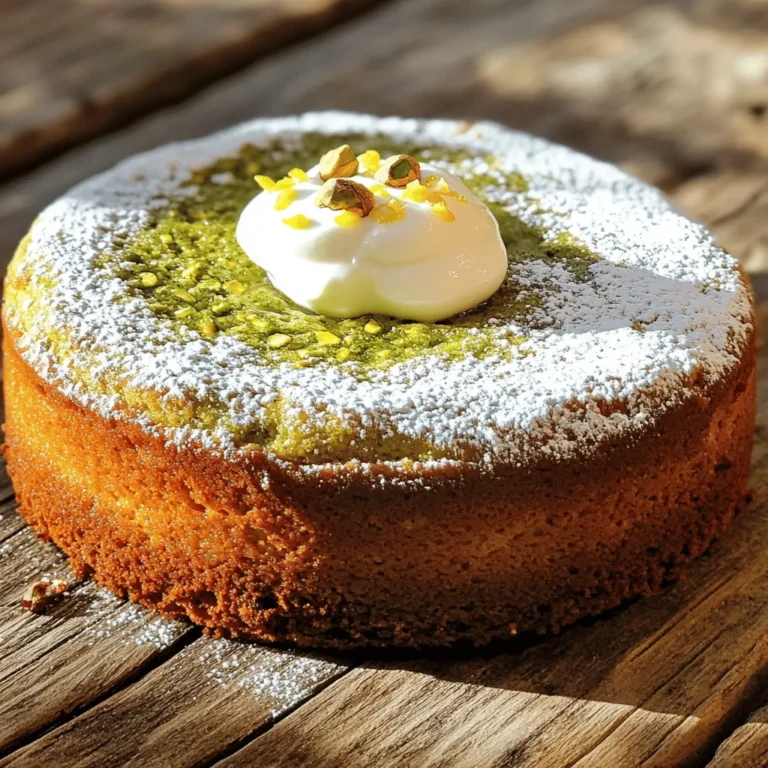 This cake shines thanks to its simple and fresh ingredients. Here’s what you need: - 1 cup shelled unsalted pistachios, finely ground - 1 ½ cups all-purpose flour - 1 teaspoon baking powder - ½ teaspoon baking soda - ¼ teaspoon salt - ½ cup unsalted butter, softened - 1 cup granulated sugar - 3 large eggs - 1 teaspoon vanilla extract - ½ cup plain Greek yogurt - 1 tablespoon lemon zest - 1 tablespoon milk (as needed for consistency) These ingredients work together to create a moist and flavorful cake. The ground pistachios add a unique taste and a lovely green color. You can enhance your cake's taste with some optional ingredients. Consider these additions: - Chopped dark chocolate for a sweet twist - Cardamom for an exotic flavor - Orange zest for a citrusy note Adding these will give your cake a personal touch. Feel free to mix and match as you like. If you need to swap ingredients, here are some ideas: - Use almond flour instead of all-purpose flour for a nutty flavor. - Coconut oil can replace butter for a dairy-free option. - Try maple syrup instead of granulated sugar for a natural sweetener. Make sure to adjust baking time if you make substitutions. This way, your cake remains just as delicious. For the best results, measure your ingredients carefully. Each component plays a big role in the final taste and texture. If you want the full recipe, check out the [Full Recipe]. First, preheat your oven to 350°F (175°C). This step warms the oven for even baking. Grease a 9-inch round cake pan, then dust it with flour. You can also line it with parchment paper for easy removal. In a large bowl, cream together ½ cup of softened unsalted butter and 1 cup of granulated sugar. Use an electric mixer on medium speed for 2-3 minutes. This blends air into the mix, making the cake light. Next, add 3 large eggs one at a time. Mix well after each addition. Now, stir in 1 teaspoon of vanilla extract and 1 tablespoon of lemon zest. This adds a fresh flavor to the cake. In a separate medium bowl, whisk together 1 ½ cups of all-purpose flour, 1 teaspoon of baking powder, ½ teaspoon of baking soda, and ¼ teaspoon of salt. This mixes the dry ingredients evenly. Set the bowl aside for later use. Gradually mix the ground pistachios into your wet mixture. Alternate adding the dry flour mix and ½ cup of plain Greek yogurt to the batter. Start and end with the flour mixture. Mix each addition until just combined; be careful not to overmix. If the batter is too thick, add 1 tablespoon of milk at a time until it reaches a smooth, thick consistency. Pour the batter into the prepared pan, smoothing the top. Bake for 30-35 minutes. Check with a toothpick in the center; it should come out clean. Let the cake cool in the pan for about 10 minutes. Then, turn it onto a wire rack to cool completely. For the full recipe, refer to the earlier section. To get the best texture for your pistachio cake, focus on these steps: - Use finely ground pistachios: This helps them mix well into the batter. - Cream the butter and sugar well: Aim for a fluffy, light mixture. This adds air to your cake. - Don’t overmix: When adding dry ingredients, mix just until combined. Overmixing can make the cake tough. - Check doneness: Insert a toothpick into the center. If it comes out clean, your cake is ready! Baking can be tricky. Here’s how to avoid common errors: - Measure ingredients properly: Use a kitchen scale or measuring cups. Accurate measurements matter. - Preheat your oven: Always preheat your oven to 350°F (175°C) before baking. This ensures even cooking. - Use room temperature eggs: Cold eggs can make your batter lumpy. Let them sit out for a bit. - Don’t rush cooling: Let the cake cool in the pan for 10 minutes. This helps it firm up and makes it easier to remove. Presentation can make your cake shine. Here are some fun ideas: - Dust with powdered sugar: A light sprinkle adds a sweet touch. - Top with whipped cream: This gives a creamy contrast to the cake. - Add chopped pistachios: Sprinkle them on top for a crunchy finish. - Serve with Greek yogurt: A dollop adds creaminess and pairs nicely with the cake’s flavors. For the full recipe, check out the details above! {{image_2}} You can make a gluten-free version of this cake. Replace all-purpose flour with a gluten-free blend. Ensure the blend has a 1:1 ratio for best results. This swap keeps the flavor and texture the same. You can change the flavor of your pistachio cake easily. Adding chocolate is a great choice. Mix in ½ cup of cocoa powder with the flour. For a spicy twist, try cardamom. Use 1 teaspoon of ground cardamom in the mix. These flavors pair well with pistachios, creating a unique taste. You can present your pistachio cake in various ways. Make it a layered cake by baking two rounds. Stack them with frosting in between. This adds a lovely look and taste. Alternatively, bake it in a Bundt pan. This shape gives the cake a beautiful design. Just make sure to grease the pan well so it comes out easily. For the full recipe and more ideas, check the Full Recipe section. To keep your delightful pistachio cake fresh, wrap it tightly. Use plastic wrap or aluminum foil. This helps avoid drying out. Store it at room temperature if you plan to eat it within two days. For longer storage, use the fridge. If you want to store your pistachio cake for longer, refrigeration works well. Place the wrapped cake in the fridge. It stays fresh for about a week. For even longer storage, freeze it. Cut the cake into slices, wrap each slice well, and place them in a freezer bag. You can freeze it for up to three months. To reheat your pistachio cake, first, let it thaw if frozen. Preheat your oven to 350°F (175°C). Place the cake or slices on a baking sheet. Heat for about 10-15 minutes. This will warm it through without drying it out. Enjoy your tasty treat warm! You can easily make this cake dairy-free. Replace the Greek yogurt with a plant-based yogurt. Use coconut oil or a dairy-free butter spread instead of regular butter. For milk, use almond milk or oat milk. These swaps keep the cake moist and delicious. Yes, you can use shelled pistachios. However, make sure to grind them finely. A food processor works best for this. Ground pistachios blend well into the batter. They also add a nice texture to the cake. Pistachio cake pairs well with many sides. Consider serving it with whipped cream or a scoop of vanilla ice cream. Fresh berries also add a nice touch. For a bright flavor, top it with lemon zest or drizzle with honey. You can find the full recipe for more ideas. You now know all the key ingredients for a delightful pistachio cake. We covered step-by-step baking instructions and helpful tips to avoid mistakes. I shared ways to add flavor, make variations, and store your cake properly. Whether you want a gluten-free option or a layered dessert, there's a choice for you. Remember, baking is fun! Experiment and let your creativity shine. Enjoy your baking journey, and delight in sharing your delicious creation with others.