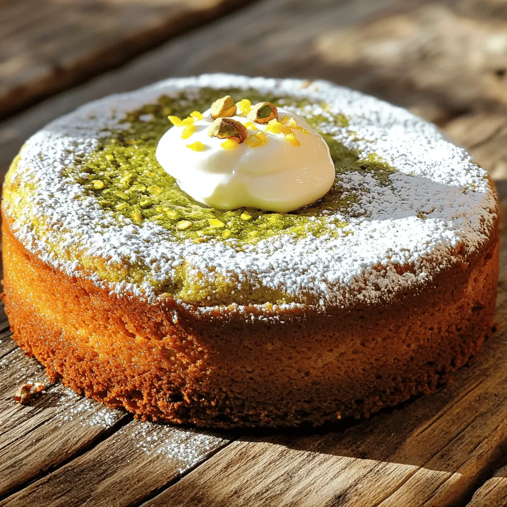 This cake shines thanks to its simple and fresh ingredients. Here’s what you need: - 1 cup shelled unsalted pistachios, finely ground - 1 ½ cups all-purpose flour - 1 teaspoon baking powder - ½ teaspoon baking soda - ¼ teaspoon salt - ½ cup unsalted butter, softened - 1 cup granulated sugar - 3 large eggs - 1 teaspoon vanilla extract - ½ cup plain Greek yogurt - 1 tablespoon lemon zest - 1 tablespoon milk (as needed for consistency) These ingredients work together to create a moist and flavorful cake. The ground pistachios add a unique taste and a lovely green color. You can enhance your cake's taste with some optional ingredients. Consider these additions: - Chopped dark chocolate for a sweet twist - Cardamom for an exotic flavor - Orange zest for a citrusy note Adding these will give your cake a personal touch. Feel free to mix and match as you like. If you need to swap ingredients, here are some ideas: - Use almond flour instead of all-purpose flour for a nutty flavor. - Coconut oil can replace butter for a dairy-free option. - Try maple syrup instead of granulated sugar for a natural sweetener. Make sure to adjust baking time if you make substitutions. This way, your cake remains just as delicious. For the best results, measure your ingredients carefully. Each component plays a big role in the final taste and texture. If you want the full recipe, check out the [Full Recipe]. First, preheat your oven to 350°F (175°C). This step warms the oven for even baking. Grease a 9-inch round cake pan, then dust it with flour. You can also line it with parchment paper for easy removal. In a large bowl, cream together ½ cup of softened unsalted butter and 1 cup of granulated sugar. Use an electric mixer on medium speed for 2-3 minutes. This blends air into the mix, making the cake light. Next, add 3 large eggs one at a time. Mix well after each addition. Now, stir in 1 teaspoon of vanilla extract and 1 tablespoon of lemon zest. This adds a fresh flavor to the cake. In a separate medium bowl, whisk together 1 ½ cups of all-purpose flour, 1 teaspoon of baking powder, ½ teaspoon of baking soda, and ¼ teaspoon of salt. This mixes the dry ingredients evenly. Set the bowl aside for later use. Gradually mix the ground pistachios into your wet mixture. Alternate adding the dry flour mix and ½ cup of plain Greek yogurt to the batter. Start and end with the flour mixture. Mix each addition until just combined; be careful not to overmix. If the batter is too thick, add 1 tablespoon of milk at a time until it reaches a smooth, thick consistency. Pour the batter into the prepared pan, smoothing the top. Bake for 30-35 minutes. Check with a toothpick in the center; it should come out clean. Let the cake cool in the pan for about 10 minutes. Then, turn it onto a wire rack to cool completely. For the full recipe, refer to the earlier section. To get the best texture for your pistachio cake, focus on these steps: - Use finely ground pistachios: This helps them mix well into the batter. - Cream the butter and sugar well: Aim for a fluffy, light mixture. This adds air to your cake. - Don’t overmix: When adding dry ingredients, mix just until combined. Overmixing can make the cake tough. - Check doneness: Insert a toothpick into the center. If it comes out clean, your cake is ready! Baking can be tricky. Here’s how to avoid common errors: - Measure ingredients properly: Use a kitchen scale or measuring cups. Accurate measurements matter. - Preheat your oven: Always preheat your oven to 350°F (175°C) before baking. This ensures even cooking. - Use room temperature eggs: Cold eggs can make your batter lumpy. Let them sit out for a bit. - Don’t rush cooling: Let the cake cool in the pan for 10 minutes. This helps it firm up and makes it easier to remove. Presentation can make your cake shine. Here are some fun ideas: - Dust with powdered sugar: A light sprinkle adds a sweet touch. - Top with whipped cream: This gives a creamy contrast to the cake. - Add chopped pistachios: Sprinkle them on top for a crunchy finish. - Serve with Greek yogurt: A dollop adds creaminess and pairs nicely with the cake’s flavors. For the full recipe, check out the details above! {{image_2}} You can make a gluten-free version of this cake. Replace all-purpose flour with a gluten-free blend. Ensure the blend has a 1:1 ratio for best results. This swap keeps the flavor and texture the same. You can change the flavor of your pistachio cake easily. Adding chocolate is a great choice. Mix in ½ cup of cocoa powder with the flour. For a spicy twist, try cardamom. Use 1 teaspoon of ground cardamom in the mix. These flavors pair well with pistachios, creating a unique taste. You can present your pistachio cake in various ways. Make it a layered cake by baking two rounds. Stack them with frosting in between. This adds a lovely look and taste. Alternatively, bake it in a Bundt pan. This shape gives the cake a beautiful design. Just make sure to grease the pan well so it comes out easily. For the full recipe and more ideas, check the Full Recipe section. To keep your delightful pistachio cake fresh, wrap it tightly. Use plastic wrap or aluminum foil. This helps avoid drying out. Store it at room temperature if you plan to eat it within two days. For longer storage, use the fridge. If you want to store your pistachio cake for longer, refrigeration works well. Place the wrapped cake in the fridge. It stays fresh for about a week. For even longer storage, freeze it. Cut the cake into slices, wrap each slice well, and place them in a freezer bag. You can freeze it for up to three months. To reheat your pistachio cake, first, let it thaw if frozen. Preheat your oven to 350°F (175°C). Place the cake or slices on a baking sheet. Heat for about 10-15 minutes. This will warm it through without drying it out. Enjoy your tasty treat warm! You can easily make this cake dairy-free. Replace the Greek yogurt with a plant-based yogurt. Use coconut oil or a dairy-free butter spread instead of regular butter. For milk, use almond milk or oat milk. These swaps keep the cake moist and delicious. Yes, you can use shelled pistachios. However, make sure to grind them finely. A food processor works best for this. Ground pistachios blend well into the batter. They also add a nice texture to the cake. Pistachio cake pairs well with many sides. Consider serving it with whipped cream or a scoop of vanilla ice cream. Fresh berries also add a nice touch. For a bright flavor, top it with lemon zest or drizzle with honey. You can find the full recipe for more ideas. You now know all the key ingredients for a delightful pistachio cake. We covered step-by-step baking instructions and helpful tips to avoid mistakes. I shared ways to add flavor, make variations, and store your cake properly. Whether you want a gluten-free option or a layered dessert, there's a choice for you. Remember, baking is fun! Experiment and let your creativity shine. Enjoy your baking journey, and delight in sharing your delicious creation with others.