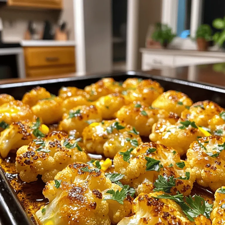 - 1 large head of cauliflower - 4 cloves garlic - 3 tablespoons olive oil - 1 teaspoon smoked paprika - 1 teaspoon cayenne pepper - 1 teaspoon ground cumin - Salt and pepper - Fresh parsley - Lemon zest The main ingredients for this dish start with a large head of cauliflower. It’s the star of the show! You also need garlic, which adds a bold flavor. Olive oil helps everything roast nicely. Next are the spices and seasonings. Smoked paprika gives a warm taste. Cayenne pepper adds heat, so you can adjust it to your liking. Ground cumin brings a nice earthiness to the mix. Finally, we have the garnishing ingredients. Salt and pepper enhance the flavors. Fresh parsley adds a pop of green and brightness. Lemon zest gives a fresh twist at the end. For the full recipe, check out the complete instructions. This dish is simple yet flavorful, making it a go-to side for any meal. - Preheat the oven to 425°F (220°C). - Line a baking sheet with parchment paper. Preheating the oven is key to getting that nice roast. Parchment paper helps with cleanup. This step sets us up for a great dish. - Combine cauliflower, garlic, and olive oil. - Add spices and seasonings. In a large bowl, toss the cauliflower florets, minced garlic, and olive oil. Next, sprinkle in the smoked paprika, cayenne pepper, ground cumin, salt, and pepper. Mix well until every piece of cauliflower is coated. This mixture is where the magic starts! - Spread cauliflower on the baking sheet. - Roast for 25-30 minutes, flipping halfway. Place the coated cauliflower on the lined baking sheet. Make sure they are in a single layer. This helps them roast evenly. After 12-15 minutes, flip the florets to get a nice brown on all sides. Roast until they are golden brown and tender. The aroma will fill your kitchen! For the full recipe, check the section above. Enjoy the fantastic flavors! To get the best flavor from your cauliflower, avoid overcrowding the baking sheet. If the florets touch, they will steam instead of roast. This will prevent them from becoming crispy and caramelized. Spread your cauliflower pieces so they have room to breathe. For even coating with oil and spices, use a large bowl. Toss the florets with olive oil, garlic, and spices until every piece glistens. This ensures that each bite is full of flavor. I love to experiment with marinades or spices. Try adding soy sauce or ginger for an Asian twist. You can also mix in some chili flakes for an extra kick. Another idea is to sprinkle nutritional yeast on the cauliflower. It adds a cheesy taste without dairy. This can make your dish even more enjoyable. Garnishing is key to a beautiful dish. After roasting, sprinkle fresh parsley and lemon zest on top. This adds color and a fresh taste. For plating, place the cauliflower in a shallow bowl. This allows the florets to shine. You can also serve it on a large platter for a family meal. These small touches can make your spicy garlic roasted cauliflower look as good as it tastes. For the full recipe, check out the detailed instructions provided. {{image_2}} You can mix it up with different spices. Try adding a bit of brown sugar for a sweet touch. A pinch of cinnamon can also bring warmth. If you want a herbal twist, use thyme or oregano instead of parsley. These herbs add nice flavor and change the dish a bit. Want to make it a meal? Add some cooked chickpeas or diced tofu to your cauliflower. Both options give added protein. You can also toss in some nuts, like almonds or walnuts, for a crunchy texture. This adds great flavor and makes the dish heartier. Spicy garlic roasted cauliflower pairs well with many meals. It goes great alongside grilled chicken or fish. You can also serve it with rice or quinoa for a filling meal. If you want to make a salad, chop the roasted cauliflower and mix it with greens. Add your favorite dressing for a tasty side salad. For more details on the recipe, check out the Full Recipe. To keep your Spicy Garlic Roasted Cauliflower fresh, use airtight containers. Glass containers work best. They do not stain and are easy to clean. You can also use BPA-free plastic containers. Make sure to let the cauliflower cool down before storing. Place it in the fridge within two hours of cooking. This helps keep it safe and tasty. When reheating, aim for the oven or an air fryer. These methods help keep the cauliflower crispy. Preheat your oven to 350°F (175°C). Spread the cauliflower on a baking sheet and heat for about 10-15 minutes. If using an air fryer, set it to 350°F (175°C) for about 5-7 minutes. Avoid the microwave, as it can make your cauliflower soggy. To freeze roasted cauliflower, let it cool completely first. Spread the florets on a baking sheet in a single layer. Freeze them for about an hour until firm. Then, transfer them to a freezer bag or container. Remove as much air as possible to prevent freezer burn. When you want to enjoy it, thaw overnight in the fridge. Reheat in the oven or air fryer, as discussed earlier. For best results, use within three months. For the full recipe, check out the earlier section. Roasting cauliflower takes about 25 to 30 minutes at 425°F (220°C). This time gives the cauliflower a nice golden color and a soft inside. Flip the florets halfway through to get even browning. Yes, you can make this dish ahead of time. Roast the cauliflower and let it cool. Store it in the fridge for up to three days. To reheat, warm it in the oven. This keeps the texture nice. If you want to switch things up, try using broccoli or Brussels sprouts. Both vegetables roast well and soak up flavors nicely. You can also use root veggies like carrots or sweet potatoes for a sweeter taste. Yes, this recipe is vegan-friendly. It contains no animal products. The olive oil and spices give it great flavor without any meat or dairy. Enjoy it as a plant-based side dish with any meal. For the full recipe, check out the complete details above. This blog post explored a simple and tasty roasted cauliflower recipe. We covered ingredients, step-by-step instructions, and tips to perfect your dish. You learned about storage, variations, and even some FAQs to answer your common questions. Roasted cauliflower is easy to make and full of flavor. Its versatility makes it a great addition to many meals. I encourage you to try this recipe and enjoy the delicious results!