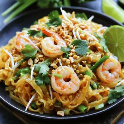- 8 ounces rice noodles - 1 pound shrimp, peeled and deveined - 1 clove garlic, minced For this Easy Pad Thai with Shrimp, the essential ingredients bring the dish to life. Rice noodles form the base, giving it that chewy texture we love. Fresh shrimp adds protein and a sweet flavor. Garlic enhances the taste, creating a nice aroma. - 3 tablespoons fish sauce - 1 tablespoon tamarind paste - 2 tablespoons brown sugar - 1 lime, juiced The sauce is key to a great Pad Thai. Fish sauce adds a salty umami flavor. Tamarind paste brings a tangy note that balances sweetness. Brown sugar adds depth, while lime juice brightens the dish. Together, they create a wonderful flavor blend. - 1 cup bean sprouts - 3 green onions, chopped - Chopped peanuts for garnish - Fresh cilantro for garnish - Red pepper flakes (optional) You can customize your Pad Thai with optional ingredients. Bean sprouts give a nice crunch and freshness. Green onions add a mild onion flavor. Peanuts and cilantro make great garnishes, adding texture and color. If you like heat, a sprinkle of red pepper flakes works well. For more details, check the Full Recipe. First, cook the rice noodles. Follow the package instructions for the best results. Once cooked, drain them. Rinse the noodles under cold water. This stops the cooking process and keeps them from getting mushy. Set the noodles aside. They will soak up all the flavors later. Next, let’s sauté the garlic and shrimp. In a large skillet, heat the vegetable oil over medium-high heat. Add the minced garlic. Sauté for about 30 seconds until it smells amazing. Now, add the shrimp to the skillet. Cook them for 2-3 minutes. They should turn pink and be cooked through. Remove the shrimp and set them aside. Now, scramble the eggs in the same skillet. Pour in the beaten eggs and cook until fully set. Push the eggs to one side of the skillet. Add the cooked rice noodles back into the skillet, along with the shrimp, bean sprouts, and chopped green onions. Stir everything together. To make the sauce, whisk the fish sauce, tamarind paste, brown sugar, and lime juice in a small bowl. Pour this sauce over the noodle mixture. Toss everything to coat evenly. Cook for another 2-3 minutes to heat it all through. If you like it spicy, add red pepper flakes to taste. Finally, serve the Pad Thai on plates. Top it with chopped peanuts and fresh cilantro. Enjoy your easy Pad Thai with shrimp! For the complete guide, check the Full Recipe. To keep your noodles just right, cook them until they are al dente. This means they should be a bit firm in the middle. After cooking, rinse the noodles with cold water. This stops the cooking. It also helps the noodles stay separate. If you skip this step, the noodles might clump together. You can adjust the sauce to make your Pad Thai taste perfect. Start with fish sauce, tamarind paste, brown sugar, and lime juice. Taste the sauce before adding it to the noodles. If you like it sweeter, add more sugar. If you want it tangier, squeeze in more lime juice. This way, you can make the dish match your taste. Using a wok instead of a skillet can give you better results. A wok heats up faster and has more space to toss the ingredients. This helps everything cook evenly. If you don’t have a wok, a large skillet will work too. Just make sure to keep the heat high and stir often. This keeps the shrimp and noodles from sticking. For the full recipe, check out Easy Shrimp Pad Thai. {{image_2}} You can easily make a vegetarian Pad Thai. Just swap the shrimp for tofu or extra veggies. Tofu adds protein and absorbs flavors well. Use firm tofu for the best texture. Add bell peppers, carrots, or broccoli for more color and crunch. This change keeps the dish fresh and tasty. For a gluten-free Pad Thai, choose the right noodles. Look for rice noodles that are labeled gluten-free. Some brands also offer brown rice noodles. These options give you the same great taste without gluten. Always check the package to ensure they fit your diet. Want more heat? You can add chili peppers or chili sauce to your Pad Thai. Fresh Thai bird chilies pack a punch. If you like it milder, use fewer peppers or leave them out. Red pepper flakes are another option, perfect for sprinkling on top. Adjust the spice to match your taste! To keep your Pad Thai fresh, store it in an airtight container. Make sure it cools to room temperature before sealing. This helps prevent moisture buildup. Refrigerated Pad Thai is best eaten within three days. When you're ready to enjoy it again, just take it out and reheat. If you want to save some for later, freezing Pad Thai works well. Place it in a freezer-safe container or bag. Remove as much air as possible to avoid freezer burn. You can freeze it for up to three months. When you're ready to eat, thaw it in the fridge overnight before reheating. Reheat your Pad Thai on the stove for the best taste. Add a splash of water or oil to keep it moist. Heat it over medium-low until warmed through. You can also use the microwave, but be sure to stir it halfway through to heat evenly. Enjoy your delicious meal again without losing quality! For the full recipe, check the section above. Making Easy Pad Thai with Shrimp takes about 30 minutes. You need 15 minutes to prep and 15 minutes to cook. This quick meal gives you a tasty dish in no time. Yes, you can use frozen shrimp. Just thaw them first. Place the shrimp in cold water for 15 minutes. This helps them cook evenly. Pat them dry before adding to your dish. This way, they won’t release extra water. If you don't have tamarind paste, use lime juice and brown sugar. Mix one tablespoon of lime juice with one tablespoon of brown sugar. This combo gives you a nice balance of sweet and tangy flavors. You can also try lemon juice if you want a different taste. You learned the essential ingredients for an easy Pad Thai with shrimp. I shared step-by-step instructions to guide you through cooking. Tips helped you perfect the dish, while variations showed you how to customize it. You can store leftovers and reheat them properly. Enjoy making this dish your own! With these steps, you'll create delicious Pad Thai every time. Keep experimenting and have fun in the kitchen!
