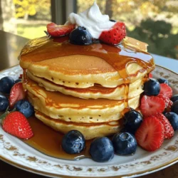 To make fluffy pancakes, you need a few simple ingredients. Here’s what you will need: - 1 cup all-purpose flour - 2 tablespoons sugar - 1 tablespoon baking powder - 1/4 teaspoon salt - 1 large egg - 3/4 cup milk (or a dairy-free alternative) - 2 tablespoons unsalted butter, melted - 1 teaspoon vanilla extract - Maple syrup, for serving - Fresh berries (like strawberries or blueberries) for garnish - Whipped cream (optional) These ingredients work together to create a light and fluffy texture in your pancakes. The baking powder helps them rise, while the melted butter adds richness. Using fresh berries on top adds a lovely burst of flavor. You can find the full recipe with instructions to guide you through the cooking process. - Whisk together dry ingredients: In a large bowl, mix 1 cup of flour, 2 tablespoons of sugar, 1 tablespoon of baking powder, and 1/4 teaspoon of salt. This mix gives your pancakes a sweet flavor and fluffy texture. - Combine wet ingredients: In another bowl, beat 1 large egg. Then, add 3/4 cup of milk, 2 tablespoons of melted butter, and 1 teaspoon of vanilla extract. Mix until smooth. This step adds moisture and richness. - Mix wet and dry ingredients: Pour the wet mix into the dry mix. Stir gently with a spatula until just combined. Don't worry about lumps; they help make the pancakes fluffy. - Preheat skillet: Set a non-stick skillet over medium heat. Lightly grease it with butter or cooking spray. This helps prevent sticking and gives a nice golden color. - Pour batter and cook pancakes: Pour about 1/4 cup of batter for each pancake into the skillet. Cook for 2-3 minutes. Watch for bubbles forming on the surface and the edges looking set. - Flip and finish cooking: Carefully flip the pancakes using a spatula. Cook for another 1-2 minutes until golden brown. This ensures they cook evenly and stay soft. - Stack and drizzle with maple syrup: Once cooked, stack your pancakes high on a plate. Drizzle a generous amount of maple syrup over the top. This sweet addition is a must-have. - Garnish with fresh berries and whipped cream: Add fresh berries like strawberries or blueberries on top. You can also add a dollop of whipped cream for an extra treat. This makes your dish look great and adds fresh flavor. To make your pancakes fluffy, avoid overmixing the batter. When you mix too much, the pancakes can turn out dense. You want to mix just until the dry and wet ingredients blend. Some lumps are okay; they help keep the pancakes light. Next, check the batter consistency. It should be thick but pourable. If it’s too runny, add a bit more flour. If it's too thick, add a splash of milk. This perfect balance creates a dreamy pancake texture. For the best pancakes, cook them on medium heat. If the pan is too hot, the outside will burn, but the inside will stay raw. A non-stick skillet works great, but a cast-iron pan can add extra flavor. To know when to flip your pancakes, watch for bubbles. When bubbles form on the surface and the edges look set, it’s time to flip. Cook until golden brown on the other side for perfect pancakes. Choosing the right maple syrup can make a big difference. Look for pure maple syrup, not imitation. Pure syrup has a rich flavor that enhances your pancakes. If you want something different, try honey or agave syrup. You can also use fruit syrups, like blueberry or raspberry, for a fun twist. These alternatives can add a unique taste to your breakfast. For the Full Recipe, check the instructions earlier in this article. {{image_2}} You can easily change the flavor of your pancakes. One fun way is to add chocolate chips. Just mix in about 1/2 cup of chips into your batter. This makes the pancakes sweet and rich. Kids love this addition! Another tasty option is to add fruits. You can use sliced bananas or fresh blueberries. Fold them gently into the batter before cooking. The fruit adds natural sweetness and makes each bite juicy. If you need gluten-free pancakes, use gluten-free flour instead. Many brands offer great mixes that work well. Just swap in the same amount as the all-purpose flour. For vegan pancakes, you can replace the egg with mashed banana or applesauce. Use a plant-based milk too. Almond or oat milk works great! These swaps keep your pancakes fluffy and delicious. While maple syrup is a classic choice, you can try unique toppings. Consider using yogurt or nut butter. They add creaminess and flavor. Seasonal toppings can also be fun. In spring, use fresh strawberries. In fall, try sliced apples with cinnamon. Each season brings new tastes to enjoy with your pancakes. For the full recipe, you can check the earlier section. Happy cooking! To keep your fluffy pancakes fresh, store them in an airtight container. Line the container with parchment paper to avoid sticking. Pancakes last about three days in the fridge. If you want them longer, freezing is a great option. The best way to reheat pancakes is in a skillet. Heat on low and flip them to warm both sides. The stovetop keeps pancakes fluffy. You can use a microwave too. Just place them on a plate and heat for about 20 seconds. This method makes them soft but can dry them out. Freezing pancakes is easy. Stack them with parchment paper between each one. Place them in a freezer bag, and they will last up to two months. To thaw, leave them in the fridge overnight. You can reheat them in the microwave or on the stovetop as mentioned. For the best results, always reheat from thawed, not frozen. For the full recipe, check out the details above! Can I make pancake batter ahead of time? Yes, you can make pancake batter ahead of time. Just mix it and store it in the fridge. Use it within a day for the best fluffiness. Give it a gentle stir before cooking. Why are my pancakes not fluffy? Pancakes may not be fluffy for a few reasons. You might have overmixed the batter. Overmixing makes them dense. Also, check if your baking powder is fresh. Old baking powder can fail to rise. What drinks pair well with pancakes? Coffee and tea are classic choices. Fresh orange juice adds a nice zing. Milk or almond milk also pairs well. For a fun twist, try a chai latte or a smoothie. Can I make pancakes without eggs? Yes, you can! Use a banana or applesauce as a binder. One small banana or 1/4 cup of applesauce works well. This keeps the pancakes moist and adds a hint of sweetness. Can I use whole wheat flour instead of all-purpose? Absolutely! Whole wheat flour can replace all-purpose flour. Just note that the pancakes may be denser. You may want to add a bit more milk to keep them fluffy. What can I use instead of maple syrup? You can use honey or agave syrup if you prefer. Fruit compote or jam also makes a tasty topping. For a unique twist, try yogurt with a drizzle of honey. For the complete recipe, check out the [Full Recipe]. This blog post showed how to make perfect pancakes from scratch. We covered ingredients, step-by-step instructions, and tips for delicious results. Remember, mixing your batter gently keeps pancakes fluffy. Explore fun variations and toppings to customize your meal. You can store and reheat pancakes easily, too. Enjoy your tasty creations and share them with others! The joy of pancakes is in the making and sharing. Get cooking and have fun!