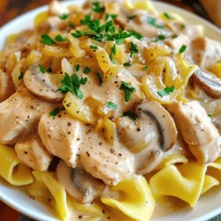 To make a tasty chicken stroganoff, gather these ingredients: - 500g boneless, skinless chicken breasts, sliced into thin strips - 2 cups mushrooms, sliced (preferably a mix of cremini and button) - 1 medium onion, finely chopped - 3 cloves garlic, minced - 1 cup chicken broth - 1 cup sour cream - 2 tablespoons all-purpose flour - 1 tablespoon Dijon mustard - 2 tablespoons olive oil - Salt and pepper to taste - Fresh parsley, chopped (for garnish) - Cooked egg noodles (for serving) Each serving of chicken stroganoff has about: - Calories: 400 - Protein: 30g - Carbohydrates: 35g - Fat: 18g - Fiber: 2g These numbers can vary based on your exact ingredients. You can easily adjust this recipe to fit your needs. Here are some ideas: - For a dairy-free option, swap sour cream with coconut cream or cashew cream. - Use gluten-free flour to replace all-purpose flour. - Chicken can be swapped for turkey or even plant-based proteins like tofu. These changes keep the dish flavorful while meeting your dietary needs. To make Chicken Stroganoff, follow these simple steps. First, gather your ingredients. You need chicken, mushrooms, onion, garlic, broth, sour cream, flour, mustard, olive oil, salt, and pepper. 1. Heat 2 tablespoons of olive oil in a large skillet over medium-high heat. 2. Add 500g of sliced chicken. Season with salt and pepper. Cook for 5-7 minutes until golden. Remove the chicken and set it aside. 3. In the same skillet, add 1 medium chopped onion. Cook for 3-4 minutes until soft. 4. Add 3 minced garlic cloves and 2 cups of sliced mushrooms. Cook for another 5-6 minutes until mushrooms are golden. 5. Sprinkle 2 tablespoons of flour over the mix. Stir well for 1 minute, cooking off the raw flour taste. 6. Gradually add 1 cup of chicken broth, stirring until thickened. 7. Lower the heat. Stir in 1 tablespoon of Dijon mustard and 1 cup of sour cream. Let it simmer for 2-3 minutes. 8. Return the chicken to the skillet. Mix well to heat through. Adjust salt and pepper to taste. 9. Serve the stroganoff over cooked egg noodles and garnish with chopped parsley. To make your Chicken Stroganoff really shine, consider these tips: - Use a mix of mushrooms for added depth. - Don't rush the cooking time. Let the ingredients develop flavor. - Taste your sauce before serving. Adjust seasoning as needed. - For a thicker sauce, let it simmer a bit longer. To execute this recipe well, you'll need: - A large skillet for cooking. - Measuring cups for precise ingredients. - A sharp knife for slicing chicken and vegetables. - A cutting board for safe food prep. These tools make cooking easier and ensure great results. For the full recipe, check out the complete instructions. To make your chicken stroganoff pop, add fresh herbs. I love using parsley or thyme. Just chop them finely and sprinkle them in at the end. You can also add a squeeze of lemon juice for a bright taste. This little trick can brighten the dish and balance the creaminess. One common mistake is overcooking the chicken. Keep an eye on it while it cooks. You want it cooked through, but still tender. Also, don’t skip the flour step. It helps thicken the sauce and adds depth. Lastly, taste as you go! Adjust salt and pepper to suit your taste. If you're in a hurry, use pre-sliced chicken and mushrooms. This saves you time on prep. You can also make the sauce ahead of time and just heat it later. If you know you’ll be busy, cook the egg noodles in advance. They can stay in the fridge until you’re ready to serve. For the full recipe, check out the details above! {{image_2}} You can easily make this dish vegetarian or vegan. Swap the chicken for tofu or tempeh. Use vegetable broth instead of chicken broth. For a creamy texture, replace sour cream with cashew cream or a store-bought vegan sour cream. This way, you keep the same taste and texture, but in a plant-based version. Mushrooms are the star of stroganoff. You can use different types of mushrooms for unique flavors. Cremini mushrooms offer a rich taste. Shiitake mushrooms add a nice, earthy flavor. Portobello mushrooms provide a hearty bite. Feel free to mix and match any mushrooms you like. Their varied textures and tastes will add depth to your dish. If you need a gluten-free option, you can make simple swaps. Use gluten-free all-purpose flour instead of regular flour. Choose gluten-free noodles or serve the stroganoff over rice. Ensure your broth is gluten-free as well. These changes keep the meal gluten-free without losing flavor. For the full recipe, check out the detailed instructions I provided. To keep your chicken stroganoff fresh, store it in an airtight container. Let it cool to room temperature first. Place it in your fridge if you plan to eat it within three days. For longer storage, freeze it. Use a freezer-safe container and leave some space for expansion. When you're ready to eat leftovers, you can reheat them on the stove or in the microwave. If using the stove, heat it over low to medium heat, stirring often. If using the microwave, cover the dish and heat for one to two minutes. Stir halfway through to ensure even heating. Chicken stroganoff lasts about three days in the fridge. In the freezer, it stays good for up to three months. After that, the taste may fade, but it will still be safe to eat. Always check for any off-smells or changes in texture before consuming. You can serve Chicken Stroganoff with many sides. I love to pair it with cooked egg noodles. Rice is also a great option. For a fresh touch, add a side salad. Steamed veggies like green beans or broccoli work well too. They add color and crunch to your plate. Yes, you can make Chicken Stroganoff ahead of time. Just cook it as usual, then cool it down. Store it in the fridge for up to three days. When you're ready to eat, reheat it gently on the stove. This dish tastes even better the next day! To thicken the sauce, use more flour. Mix a little flour with water, then stir it in. You can also let it simmer longer. This helps reduce moisture and thickens the sauce. If you want, use cornstarch mixed with cold water too. Just remember to stir it in slowly. Absolutely! You can swap chicken for beef or turkey. Pork also works well in a stroganoff. If you're feeling adventurous, try using shrimp or tofu. Each protein brings its own flavor to the dish. Just adjust cooking times based on what you choose. You can cut calories in a few easy ways. Use skinless chicken breasts instead of thighs. Swap sour cream for Greek yogurt for a lighter option. You can also use low-fat broth. If you want, reduce the amount of pasta you serve. These small changes help keep the flavor while lowering calories. For the full recipe, check out [Full Recipe]. Homemade Chicken Stroganoff is simple and rewarding. We covered ingredients, cooking steps, and tips to enhance flavor. You learned about substitutions, variations, and ideal storage methods. Remember, this dish adapts well to your needs. Use different proteins or go vegetarian. With these guidelines, you can create a tasty meal that suits your taste. Enjoy your cooking!