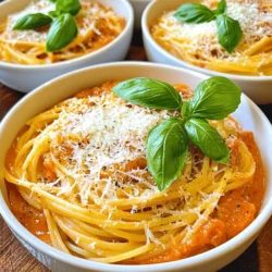 To make creamy tomato basil pasta, gather these items: - 300g pasta (any shape you like) - 2 tablespoons olive oil - 4 cloves garlic, minced - 1 can (400g) crushed tomatoes - 1 teaspoon sugar - 1 teaspoon dried oregano - 1/2 teaspoon red pepper flakes (optional for heat) - 200ml heavy cream - 1/2 cup freshly grated Parmesan cheese - Salt and pepper to taste - 1/2 cup fresh basil leaves, roughly chopped - Extra basil leaves for garnish These ingredients blend to create a rich and creamy flavor. Each item plays a role in making the dish delicious. The pasta offers a nice base, while the tomatoes and cream make it creamy. Garlic and basil add depth and freshness. You can customize this recipe easily. For gluten-free options, use gluten-free pasta. It cooks well and tastes great. If you need a dairy-free version, swap heavy cream with coconut cream or cashew cream. Both add a creamy texture without dairy. You can try different cheeses too, like nutritional yeast for a vegan twist. These substitutions keep the spirit of the dish while making it fit your needs. Enjoy your cooking! To cook your pasta well, start with a large pot. Fill it with water and add a good amount of salt. Bring the water to a rolling boil. Once boiling, add your pasta. Cook it according to the package instructions until it is al dente. This means it should be firm but not hard. Don't forget this crucial step: reserve one cup of pasta water before draining the rest. This water is starchy and will help the sauce stick to the pasta later. In a large skillet, heat two tablespoons of olive oil over medium heat. Add four minced garlic cloves and sauté for about one minute. You want the garlic to smell nice but not burn. Next, pour in one can of crushed tomatoes. Stir this mix well. Now, add one teaspoon of sugar, one teaspoon of dried oregano, and half a teaspoon of red pepper flakes if you like some heat. Let the sauce simmer for about ten minutes. This helps all the flavors come together. Lower the heat and stir in 200 milliliters of heavy cream. Cook for an extra five minutes to thicken the sauce. If it gets too thick, use your reserved pasta water. Gradually add it until you get the right consistency. Finally, mix in half a cup of freshly grated Parmesan cheese until it melts completely. Once your sauce is ready, it’s time to bring everything together. Add the drained pasta to the skillet with the sauce. Toss the pasta well to coat every noodle. This step is key for flavor! Now, season with salt and pepper to your taste. To finish, stir in half a cup of roughly chopped fresh basil. This adds a bright and fresh flavor that makes the dish pop. Enjoy your creamy tomato basil pasta, and don't forget to check the Full Recipe for more details! To make your sauce creamy, adjust the amount of heavy cream. If you want it richer, add more cream. If you prefer a lighter sauce, use less. You can mix in a little pasta water to change the texture. This helps coat the pasta better. For flavor, add spices like black pepper or a pinch of nutmeg. Fresh herbs like thyme or parsley bring more taste. You can also try a splash of lemon juice for brightness. Each addition enhances the overall flavor of the dish. Cook your pasta until it is al dente. This usually takes about 8 to 10 minutes. Check the package for exact timing. Remember to reserve at least one cup of pasta water before you drain it. This water helps adjust your sauce later. When cooking garlic, keep a close eye on it. Sauté it for just one minute on medium heat. If it burns, it can ruin the sauce's taste. If you smell a strong aroma, it's time to add the tomatoes. Pair your creamy tomato basil pasta with garlic bread. A fresh salad also complements the dish well. For drinks, a light white wine or sparkling water works nicely. To make your dish look appealing, serve it in shallow bowls. Garnish with extra basil leaves and a sprinkle of Parmesan cheese. This adds color and makes the meal feel special. You can find the Full Recipe for more details. {{image_2}} You can add protein to your creamy tomato basil pasta to make it heartier. Chicken, shrimp, or tofu work great. - Chicken: Cook bite-sized pieces in the skillet before adding the garlic. Ensure the chicken is cooked through, about 7-10 minutes. - Shrimp: Add shrimp after the garlic. They cook quickly, usually in 3-5 minutes. - Tofu: Use firm tofu. Cube it and brown it in the skillet before adding garlic. This takes about 5-7 minutes. Adjust cooking times as needed. Make sure all proteins are cooked well to keep your meal safe and tasty. Adding veggies boosts nutrition and flavor. Try these ideas: - Spinach: Toss in fresh spinach at the end. It wilts quickly. - Zucchini: Sauté diced zucchini with the garlic. It adds a nice crunch. - Bell peppers: Chop and add them early in the process. They add sweetness. Incorporate seasonal produce for the best flavor. Fresh tomatoes or asparagus are great in spring, while squash shines in fall. You can easily customize the flavors in your creamy tomato basil pasta. Here are some fun ideas: - Cheese: Swap Parmesan for other cheeses like mozzarella or feta. Each cheese brings a unique taste. - Lemon zest: Add zest at the end for a bright flavor. It lifts the dish. - Balsamic vinegar: A splash can add a nice tang. Use it sparingly, as it can quickly overpower. Explore these variations to create your perfect dish. For the full recipe, check out the complete instructions above. To keep your creamy tomato basil pasta fresh, store it in an airtight container. Place it in the fridge if you plan to eat it within three days. For longer storage, you can freeze it. Use freezer-safe containers or bags, and make sure to remove as much air as possible. This helps prevent freezer burn. When you’re ready to enjoy it, thaw it overnight in the fridge. When reheating, gently warm it in a skillet over low heat. Add a splash of water or cream to help restore its creamy texture. Stir often to avoid sticking. If using a microwave, heat it in short intervals, stirring in between. This method keeps the dish creamy and tasty. Creamy tomato basil pasta stays safe to eat for about three days in the fridge. In the freezer, it can last up to three months. Always check for signs of spoilage. If you see any mold or the pasta smells off, it’s time to toss it. When reheating, if the texture seems grainy or the sauce separates, it’s best to discard it. Always prioritize food safety to enjoy your meal to the fullest. Yes, you can use fresh tomatoes. Fresh tomatoes offer a bright flavor. They have a different texture than canned tomatoes. If you use fresh, look for ripe varieties like Roma or vine tomatoes. You will need about 6-8 fresh tomatoes for this recipe. First, blanch them to remove the skins. Then, chop and cook them down until they break apart. This will help create a nice sauce. To make this dish vegan, swap heavy cream for plant-based cream. Coconut cream or cashew cream works well. For cheese, use nutritional yeast or a vegan cheese substitute. Both options add a nice flavor. Be sure to check the labels to avoid dairy. This way, you keep the creamy texture without animal products. Absolutely! This recipe is perfect for meal prep. Cook the pasta and sauce separately. Store them in airtight containers in the fridge. The pasta will stay fresh for about 3-5 days. The sauce can last up to a week. When ready to eat, reheat the sauce and mix it with the pasta. Add a little pasta water to keep it creamy. To add heat, try red pepper flakes or cayenne pepper. Start with a small amount and adjust to your taste. You can also add sliced fresh chili peppers for more flavor. Another option is to use spicy sausage or chicken, if you prefer. This gives a nice kick and extra depth to the dish. Any pasta shape works, but some are better than others. I recommend using penne, fusilli, or fettuccine. These shapes hold the sauce well. They create a nice balance of creamy sauce and pasta. You can also use gluten-free pasta if needed. Just follow the package instructions for cooking times. For the full recipe, refer back to the main section. This guide provided key ingredients, cooking steps, and tips for a creamy pasta dish. I shared ways to adjust flavors, use alternative ingredients, and enhance presentation. Remember, cooking is about creativity. Don't hesitate to experiment with proteins or vegetables. Proper storage helps keep your leftovers fresh. Push your cooking skills further by trying new flavors. Enjoy making this dish, and don't forget to share your delicious results! Happy cooking!