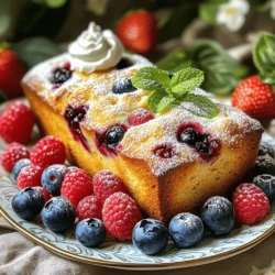 To make this tasty Sweet Berry Loaf Delight, gather these ingredients: - 1 ½ cups all-purpose flour - ½ cup sugar - 2 teaspoons baking powder - ½ teaspoon baking soda - ½ teaspoon salt - 1 teaspoon vanilla extract - ½ cup unsalted butter, softened - 2 large eggs - ¾ cup Greek yogurt - 1 cup mixed berries (blueberries, raspberries, strawberries), fresh or frozen - Zest of 1 lemon - 2 tablespoons lemon juice - ½ cup chopped nuts (walnuts or pecans, optional) - 1 tablespoon powdered sugar (for dusting) You can swap a few ingredients if you need to. For sugar, use honey or maple syrup. Instead of Greek yogurt, plain yogurt works too. If you want a dairy-free option, try coconut yogurt. You can also use coconut oil in place of butter. For gluten-free, use a gluten-free flour blend. Mixing berries can bring fun flavors. Blueberries and raspberries pair well together. You can also try strawberries and blackberries for a twist. If you want to be bold, add some tart cranberries for a surprising touch. Combining different berries will make your loaf colorful and delicious! To start your Sweet Berry Loaf, gather your ingredients. You will need flour, sugar, baking powder, baking soda, salt, and more. Preheat your oven to 350°F (175°C). Grease and flour a 9x5-inch loaf pan. In a large bowl, whisk together the dry ingredients: flour, sugar, baking powder, baking soda, and salt. This ensures even mixing. In another bowl, cream the softened butter and sugar. Mix for about 3-4 minutes. Add the eggs one at a time, mixing well after each. Stir in the vanilla extract, lemon zest, and lemon juice. This mix adds great flavor. Alternate adding the dry mixture and Greek yogurt. Start and end with the dry mix. Mix until just combined. Gently fold in the mixed berries and nuts if you choose to use them. Be careful not to mash the berries. Pour the batter into the prepared loaf pan, smoothing the top with a spatula. Place the loaf pan in the preheated oven. Bake for 50-60 minutes. The loaf should rise and turn golden brown. The sweet smell will fill your kitchen. To check if it's done, insert a toothpick in the center. If it comes out clean, your loaf is ready. If it has batter on it, bake for a few more minutes. Checking for doneness is easy. Use a toothpick or a knife. Insert it in the center of the loaf. If it comes out clean, you are set. If you see wet batter, give it more time. Remember, every oven is different. You might need to adjust the time by a few minutes. Once done, let the loaf cool in the pan for about 10-15 minutes. After that, transfer it to a wire rack to cool completely. Now you’re ready to enjoy your Sweet Berry Loaf Delight! To make the best Sweet Berry Loaf Delight, start with fresh ingredients. Use room temperature eggs and butter. This helps the batter mix well. When mixing, do not over-mix. Stir just until the dry and wet ingredients blend. This keeps your loaf light and fluffy. Add berries gently to avoid mashing them. This keeps their shape and flavor intact. If you want a sweeter loaf, feel free to add a bit more sugar. Just watch the texture; too much can make it dense. One common mistake is not measuring ingredients correctly. Use measuring cups and spoons for accuracy. Another issue is baking at the wrong temperature. Always preheat your oven to 350°F (175°C) before you start. Do not skip greasing the loaf pan. This helps the loaf come out easily. If you bake too long, your loaf may dry out. Check it at 50 minutes with a toothpick. It’s ready when it comes out clean. You don't need fancy tools to bake this loaf. Here’s what I recommend: - Mixing bowls - Measuring cups and spoons - Whisk - Rubber spatula - Loaf pan (9x5-inch) - Toothpick for checking doneness - Wire rack for cooling With these tools, you can make your Sweet Berry Loaf Delight with ease. Happy baking! {{image_2}} You can switch up the berries in this loaf. Try blackberries, cranberries, or even cherries. Each fruit brings a unique taste. For example, blackberries add a rich flavor, while cherries lend a sweet, tart twist. Mix and match to find your favorite combo! If you need a gluten-free option, use almond flour or oat flour. These flours work well and taste great. For a vegan version, swap eggs for flax eggs. Combine one tablespoon of flaxseed meal with three tablespoons of water. Let it sit until thick. Use plant-based yogurt instead of Greek yogurt for moisture. You can enhance the flavor of your loaf with spices. Try adding cinnamon or nutmeg for warmth. A pinch of cardamom can add a lovely zing. For a fresh touch, add mint or basil. These herbs can brighten the taste and make the loaf special. Experiment with these ideas to create your own Sweet Berry Loaf Delight! For the complete recipe, check the Full Recipe section. You can keep your leftover Sweet Berry Loaf at room temperature. Wrap it in plastic wrap or place it in an airtight container. This helps to keep it moist and fresh. It will stay good for about three days. If you prefer, you can refrigerate it. Just note that it may dry out a bit. To freeze your Sweet Berry Loaf, first let it cool completely. Wrap it tightly in plastic wrap, then place it in a freezer bag. Be sure to remove as much air as possible. You can freeze it for up to three months. Label the bag with the date to keep track. When you are ready to enjoy your loaf again, take it out of the freezer. Let it thaw in the fridge overnight for best results. If you want to eat it warm, preheat your oven to 350°F (175°C). Place the loaf in the oven for about 10-15 minutes. This helps to bring back its fresh-baked taste. You can also microwave individual slices for about 20-30 seconds. Enjoy your delicious treat! To make your berry loaf more moist, you can add extra Greek yogurt. Yogurt keeps the loaf soft and adds flavor. You can also use more butter or oil. This adds richness and moisture. Another tip is to avoid over-mixing the batter. Over-mixing can make your loaf dense. Finally, make sure to bake it just until a toothpick comes out clean. Yes, you can use frozen berries in your sweet berry loaf. They work well and save prep time. Just remember to add them straight from the freezer. If you thaw them first, the batter may get too wet. Using frozen berries can also add a nice color to the loaf. They may bleed a bit, creating beautiful swirls. You can serve your sweet berry loaf with many tasty sides. A dollop of whipped cream adds a creamy touch. Fresh berries on the side add color and flavor. You might also like to pair it with a scoop of vanilla ice cream. For a fun twist, try drizzling some honey or maple syrup on top. If you want something savory, a slice of cheese can balance the sweetness. For more details, check the Full Recipe. We explored how to make a delightful Sweet Berry Loaf. You learned about essential ingredients, substitutions, and recommended berry mixes. The step-by-step instructions guide you from prep to baking and checking doneness. Helpful tips ensure your loaf is perfect, while variations let you personalize the recipe. Lastly, storage info helps keep leftovers fresh. Now, it's time to bake your unique loaf. Enjoy the process and share it with loved ones!
