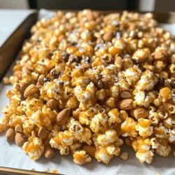 To make Moose Munch Caramel Popcorn, you will need the following: - 12 cups popped popcorn (about 1 cup unpopped kernels) - 1 cup unsalted butter (2 sticks) - 2 cups packed brown sugar - 1/2 cup light corn syrup - 1 teaspoon vanilla extract - 1/2 teaspoon baking soda - 1 1/2 cups mixed nuts (almonds, pecans, cashews) - 1/2 cup chocolate chips (optional) - Sea salt to taste Gather these ingredients before you start. Popped popcorn is the base of this sweet treat. You can pop your own kernels or buy pre-popped popcorn. Unsalted butter gives the caramel a nice rich flavor. Brown sugar and corn syrup work together to create that gooey caramel we love. Vanilla extract adds a warm, sweet touch. Baking soda helps aerate the caramel, making it light and crunchy. Mixed nuts bring a delightful crunch and flavor. If you want, add chocolate chips for a sweet twist. Finally, sprinkle sea salt for that perfect sweet and salty balance. With these ingredients, you're ready to create a snack that everyone will love! Don’t forget to check the Full Recipe to make your Moose Munch Caramel Popcorn. First, you need to set your oven to 250°F (120°C). This low heat will help the caramel popcorn crisp up nicely. Next, prepare a large baking sheet. Line it with parchment paper to keep the popcorn from sticking. Now, let’s pop the popcorn. You can use an air popper or the stovetop method. If you use the stovetop, heat some oil in a pot. Add popcorn kernels and cover. Once you hear the popping slow down, remove it from the heat. After popping, make sure to sift through the popcorn. Remove any unpopped kernels. You want only the fluffy, popped pieces! To make the caramel sauce, take a medium saucepan. Melt one cup of unsalted butter over medium heat. Once the butter melts, add two cups of packed brown sugar and half a cup of light corn syrup. Stir well to combine. Now, let this mixture come to a boil. Do not stir during this time! Let it boil for about 4 to 5 minutes until it turns a beautiful caramel color. This step is key for the right flavor and texture. After boiling, remove the saucepan from the heat. Carefully stir in one teaspoon of vanilla extract and half a teaspoon of baking soda. Watch out because it may bubble up. Next, it’s time to coat the popcorn. Pour the warm caramel sauce over the popped popcorn. Use a spatula to gently toss the popcorn. Make sure every piece gets a nice coat of caramel. Now, add one and a half cups of mixed nuts. Toss them in with the popcorn to mix well. Spread the popcorn mixture evenly on your prepared baking sheet. This helps it bake evenly. Now you are ready to bake! Place the sheet in the preheated oven. Bake for one hour, stirring every 15 minutes. This stirring helps the caramel coat the popcorn evenly and prevents burning. Once done, take it out and let it cool completely. If you like, drizzle melted chocolate chips over it and sprinkle with sea salt before breaking it into clusters. Enjoy your Moose Munch Caramel Popcorn! For the full recipe, check out the detailed instructions above. To make great caramel, timing is key. Boil your sugar mixture for 4 to 5 minutes. Watch closely for a rich, golden color. This means you have the right texture. If the caramel gets too dark, it can taste burnt. To avoid this, use a thermometer. The perfect temperature is around 240°F. When pouring the caramel over the popcorn, be quick. Use a spatula to fold the popcorn gently. This helps ensure each piece gets a nice coat. If you mix too hard, you might break the popcorn. Take your time and be gentle to keep everything whole. You can serve Moose Munch in fun ways. Try using clear bags tied with ribbons for gifts. Or, fill a big bowl for parties. For a special touch, drizzle melted chocolate on top. This adds a sweet twist and looks great. You can also sprinkle sea salt for a nice contrast. Enjoy your tasty treat! {{image_2}} You can make Moose Munch without nuts. This is great for those with allergies. Instead of mixed nuts, try seeds like pumpkin or sunflower. These add crunch and flavor. You can also use other popcorn additives. Think about adding toasted coconut or pretzel pieces. These swaps keep the snack fun and safe. Want to change up the taste? Consider seasonal flavors. Pumpkin spice is a hit in fall. You can mix in chocolate peanut butter for a rich twist. Try combining dark and white chocolate for extra fun. You can even mix in candies like M&Ms or Reese's Pieces. Each choice adds a new layer of flavor. You can lighten up this treat, too. Swap unsalted butter for coconut oil or a plant-based butter. Use a sugar substitute to cut calories. For a gluten-free version, make sure your popcorn is certified gluten-free. You can also skip the nuts and use puffed rice for crunch. These changes keep the joy of Moose Munch while making it a bit healthier. For the full recipe, check out the section above! To keep your Moose Munch caramel popcorn fresh, use airtight containers. Glass jars or plastic bins work well. These containers protect the popcorn from air and moisture. Store it in a cool, dry place. A pantry or cupboard is great. This keeps it crunchy and tasty. Moose Munch caramel popcorn stays fresh for about one week. After that, the flavor may fade. If your popcorn loses its crunch, don't worry! You can re-crisp it easily. Preheat your oven to 250°F (120°C) again. Spread the popcorn on a baking sheet. Heat it in the oven for about 10 minutes. This method helps restore the texture. Be sure to keep an eye on it. You want it warm, not burnt. To avoid moisture, always seal your container tightly. If you notice any soft spots, re-crisping will help. Enjoy your delicious Moose Munch caramel popcorn fresh every time! Moose Munch Caramel Popcorn can last about one week when stored correctly. To keep it fresh, place it in an airtight container. Make sure the container is dry to avoid moisture. If you want to keep it longer, you can freeze it for up to three months. Just remember to let it thaw at room temperature before eating. Yes, you can make Moose Munch Caramel Popcorn ahead of time. It’s a great snack for parties or gifts. Just make sure to store it in an airtight container. This helps keep the popcorn crisp and fresh. If you want to make it even earlier, you can pop the corn and store it separately from the caramel until you are ready to mix them. For gifts, you can use clear cellophane bags or decorative boxes. Fill the bags with the popcorn and tie them with a ribbon. This looks nice and keeps it fresh. You can also use mason jars for a fun touch. If you want to add a personal note, attach a tag with the recipe or a sweet message. Moose Munch makes a great gift for friends and family! You now know how to make Moose Munch Caramel Popcorn from scratch. We discussed the key ingredients and followed simple steps to create that delicious caramel goodness. Remember, the right cooking time is vital for perfect caramel. You can enjoy many variations, from nut-free options to healthier swaps. Store your popcorn well to keep it fresh. You can even package it nicely for gifts or special occasions. Enjoy your tasty treat and share it with friends!