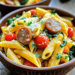 - 12 oz (340g) penne pasta - 12 oz (340g) smoked sausage, sliced - 1 medium onion, diced - 1 cup cherry tomatoes, halved - 3 cloves garlic, minced - 1 red bell pepper, chopped - 4 cups chicken broth - Fresh spinach - 1 teaspoon Italian seasoning - ½ teaspoon red pepper flakes (optional) - Salt and pepper to taste - ½ cup grated Parmesan cheese - Fresh parsley for garnish - 2 tablespoons olive oil Gather these ingredients before you start cooking. This will make your process easier. The penne pasta gives a nice bite. Smoked sausage adds a rich flavor. Fresh veggies like onion, tomatoes, and spinach make this dish bright and healthy. I often use chicken broth for depth, but vegetable broth works too. Italian seasoning blends well with the sausage. If you like heat, add red pepper flakes. Don’t forget the Parmesan cheese; it adds creaminess and taste. The olive oil helps cook the veggies and adds flavor. You can find the full recipe in the article. Enjoy the process of cooking! - Sautéing Onion and Sausage Start by heating the olive oil in a large pot over medium heat. Add the diced onion and sliced smoked sausage. Sauté them for about 5 to 7 minutes. You want the onion to turn translucent and the sausage to brown a bit. This step builds a great base of flavor. - Cooking Garlic and Red Bell Pepper Next, stir in the minced garlic and chopped red bell pepper. Cook for another 2 to 3 minutes. The garlic will release a nice aroma. You want the red bell pepper to soften just a little. - Adding Cherry Tomatoes After that, toss in the halved cherry tomatoes. Let them cook for about 2 minutes. This will help the tomatoes release their juices and add extra flavor to the dish. - Incorporating Chicken Broth and Pasta Now, pour in the chicken broth and bring it to a boil. Once it boils, add the penne pasta and Italian seasoning. Stir everything well to mix it up. - Simmering the Pasta Reduce the heat to low and cover the pot. Let it simmer for about 12 to 15 minutes. Stir it occasionally to prevent sticking. The pasta should be al dente and soak up most of the broth. - Mixing in Spinach and Cheese Once the pasta is cooked, stir in the fresh spinach and grated Parmesan cheese. Keep mixing until the spinach wilts and the cheese melts. Season with salt and pepper to taste. For the complete cooking instructions, check the Full Recipe. Ensuring Perfect Pasta Texture For great pasta, cook the penne until it is al dente. This means it should have a slight bite but not be hard. Stir the pasta often while it simmers. This helps it cook evenly and prevents sticking. Adjusting Seasoning to Taste Taste your dish as it cooks. You can add more salt, pepper, or Italian seasoning if needed. If you want some heat, sprinkle in more red pepper flakes. Everyone's taste is different, so adjust to what you like. Pairing with Salad or Garlic Bread Serve your pasta with a fresh salad or warm garlic bread. A crisp side salad adds color and crunch. Garlic bread is perfect for soaking up the sauce. Both options balance the meal nicely. Presentation Tips for Attractive Serving Make your dish look great by using bowls. Garnish with fresh parsley and a sprinkle of Parmesan cheese. This adds color and makes your meal more inviting. Remember, we eat with our eyes first! Recommended Cookware Use a large pot for this recipe. A heavy-bottomed pot works well. It helps heat evenly and prevents burning. A wooden spoon is great for stirring. Essential Utensils Have a cutting board and a sharp knife ready. These help with chopping veggies and sausage. A measuring cup for the broth and a grater for the cheese are also useful. Simple tools make cooking easier. For the full recipe, check out the One Pot Smoked Sausage Pasta ! {{image_2}} Alternative Sausages or Proteins You can use different sausages like turkey or chicken. These options are leaner but still tasty. If you want a meatless meal, try using plant-based sausage. It adds flavor and keeps the dish hearty. Adding Different Vegetables Feel free to mix in vegetables you like. Spinach is a great choice, but you can also add zucchini, mushrooms, or peas. These veggies boost nutrition and make the dish colorful. Gluten-Free Pasta Options If you need gluten-free pasta, there are many choices. Look for pasta made from rice or lentils. These gluten-free options work well in this recipe without losing taste or texture. Vegetarian Adaptations To make this meal vegetarian, skip the sausage. You can add beans or extra veggies instead. Chickpeas or lentils provide protein and make the dish filling. Extra Spices for More Heat Want a kick? Add more red pepper flakes or some cayenne pepper. You can also try smoked paprika for a deeper flavor. These spices make the dish more exciting. Incorporating Different Cheeses While Parmesan is tasty, you can change it up! Try mozzarella for a gooey texture or feta for a tangy bite. Mixing cheeses creates layers of flavor in your pasta. For the complete recipe, check out the [Full Recipe]. How to Store Leftovers After you finish your meal, let the pasta cool down. Place it in a bowl or container. Cover it tightly with a lid or plastic wrap. This helps keep the pasta fresh. It can last in the fridge for up to three days. Best Containers for Storage I recommend using airtight containers. Glass containers are great because they are safe for both the fridge and microwave. If you use plastic, make sure it is BPA-free. This keeps your food safe and tasty. Stovetop vs. Microwave You can reheat the pasta on the stovetop for the best flavor. Just add a splash of broth or water to keep it moist. Heat it over medium heat until warm. If you’re in a hurry, the microwave works too. Heat in short bursts, stirring in between. Tips for Maintaining Texture To keep the pasta from getting dry, add a bit of liquid when reheating. Stir well to mix the flavors. This will help your pasta stay creamy and delicious. How to Freeze One Pot Smoked Sausage Pasta To freeze, let the pasta cool completely. Portion it into airtight containers or freezer bags. Make sure to remove as much air as possible. This prevents freezer burn and keeps the taste fresh. Thawing Instructions When you’re ready to eat, take the pasta out of the freezer. You can thaw it in the fridge overnight. For a quicker method, use the microwave on the defrost setting. After thawing, reheat as mentioned above for the best results. Yes, you can make One Pot Smoked Sausage Pasta ahead of time. To prep, cook it as usual, then let it cool. Store it in an airtight container in the fridge for up to three days. When ready to eat, heat it on the stove or in the microwave. Add a splash of broth to keep it moist. This way, you enjoy a quick meal even on busy days! Absolutely! You can swap penne for other pasta types. Here are some great options: - Rotini: This corkscrew shape holds sauce well. - Fusilli: Its twists add a fun texture. - Macaroni: A classic choice for a creamy feel. - Gluten-free pasta: If you need a gluten-free option, use your favorite brand. This dish pairs well with several sides. Here are some tasty ideas: - Garlic bread: Perfect for dipping into the sauce. - A fresh salad: A light, crisp salad balances the meal. - Roasted vegetables: They add color and nutrients. - Sautéed greens: Spinach or kale complements the pasta nicely. To add heat, try these tips: - Use more red pepper flakes: Start with a teaspoon, then adjust to taste. - Add diced jalapeños or serrano peppers: They give a fresh kick. - Mix in hot sauce: A few dashes can spice up the dish. - Use spicy sausage: Look for varieties like andouille for more flavor. For the complete cooking process, check the Full Recipe. This blog post covered a simple and tasty one-pot smoked sausage pasta. We explored the main and additional ingredients, seasoning, and garnish. I shared step-by-step instructions for preparing and cooking the dish. Tips for perfecting your pasta and serving suggestions added to your culinary toolkit. You can also personalize this dish with variations and enjoy it for days with our storage tips. Overall, this recipe is easy and satisfying. You can impress your family and friends with minimal effort. Enjoy creating this delightful meal!