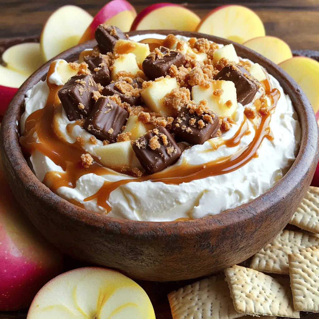 - 1 cup cream cheese, softened - 1/2 cup powdered sugar - 1 teaspoon vanilla extract To make Twix dip, start with the main ingredients. Softened cream cheese is key. It creates a rich and smooth base. The powdered sugar adds sweetness. Vanilla extract gives a nice flavor boost. - 1/2 cup caramel sauce - 1 cup cool whip (or whipped cream) - 1/2 cup crushed Twix bars (plus extra for topping) You can add caramel sauce for extra sweetness. Cool whip makes the dip light and fluffy. Crushed Twix bars add crunch and more chocolate taste. Feel free to mix in these optional add-ins for a fun twist. - Sliced apples - Graham crackers For dipping, I love using sliced apples. They provide a fresh taste. Graham crackers are also great and add a nice crunch. Both options pair well with the sweet dip. Try these suggestions to make your dip even more enjoyable! For the complete recipe, check out the Full Recipe. 1. Start with a mixing bowl and add 1 cup of softened cream cheese. 2. Use a handheld mixer to beat the cream cheese until it is smooth and creamy. This step is key for a great texture. 3. Gradually add 1/2 cup of powdered sugar into the bowl. Keep mixing until it is fully blended. You want it sweet but not too sweet! 1. Next, stir in 1 teaspoon of vanilla extract. This adds a warm flavor to your dip. 2. Now, gently fold in 1 cup of cool whip. This makes the dip light and fluffy. 3. Carefully drizzle in 1/2 cup of caramel sauce while folding in 1/2 cup of crushed Twix bars. Make sure to mix gently so the Twix chunks stay whole. 1. Transfer the dip to a serving bowl. Make sure to use a nice bowl to impress your guests. 2. Top it off with some extra crushed Twix bars for a crunch. This adds a nice touch to the dip. 3. Serve with sliced apples or graham crackers. The sweet dip pairs well with these crunchy options. For the complete recipe, check out the [Full Recipe]. To avoid lumps in cream cheese, start with soft cream cheese. Let it sit out for 15 minutes. This helps it mix well. When you beat it, use a handheld mixer. Start on low speed, then increase to medium. This way, you keep it smooth. For fluffiness, folding is key. Use a rubber spatula to gently mix. When adding cool whip, fold it in slowly. You want to keep air in the mix. This makes your dip light and airy. To boost the taste, try adding spices. A pinch of cinnamon adds warmth. A dash of nutmeg provides a nice twist. You can also add a splash of almond extract for a unique flavor. If you want a sweeter dip, use alternative sweeteners. Stevia or monk fruit can lower calories. These options keep the flavor rich without the sugar. For creative serving ideas, think outside the bowl. Use a small cast iron skillet for a rustic look. You can also use a colorful platter. Arrange sliced apples and graham crackers around the dip for a fun display. To make it visually appealing, sprinkle extra crushed Twix bars on top. A drizzle of caramel sauce adds a glossy finish. You can even add a few apple slices on the side for color. {{image_2}} To make a chocolate Twix dip, you can add cocoa powder. Just mix in two tablespoons of cocoa with your cream cheese. This gives the dip a rich, chocolatey taste. You can also use chocolate whipped cream instead of regular whipped cream. This adds extra chocolate flavor and makes it even more delicious. If you love nuts, try making a nutty Twix dip. You can add chopped nuts like peanuts or almonds. You can also mix in peanut butter for a creamy texture. This adds a nice crunch and a nutty taste. For a twist, try using nut-based whipped toppings instead of cool whip. This gives a different flavor and texture, making it unique. For those seeking healthier options, consider low-fat cream cheese. It tastes great and cuts down on calories. You can also use Greek yogurt instead of cool whip. This adds protein and makes the dip creamy. Both options keep the dip tasty while being a bit healthier. These variations make the dip fun and exciting for any gathering. You can find the full recipe above to get started! To keep your Twix dip fresh, use an airtight container. Glass or plastic containers work well. Seal the container tightly to avoid air exposure. This dip stays fresh in the fridge for up to 3 days. After that, the texture may change. You can freeze Twix dip, but it may alter the texture. Use a freezer-safe container and leave some space at the top. This allows for expansion as it freezes. The dip can stay good in the freezer for about 1 month. To thaw, place it in the fridge overnight. This helps preserve its creamy texture. To reheat Twix dip, use the microwave for short intervals. Heat it for about 15 seconds at a time. Stir in between to keep it creamy. Avoid overheating, as this can cause separation. If separation occurs, mix it well to recombine. Enjoy your dip warm or cold! Twix dip lasts for about 3 to 5 days in the fridge. Make sure to store it in an airtight container. This keeps it fresh and tasty for your next snack or gathering. If you notice any change in smell or texture, it's best to toss it out. Yes, you can make Twix dip ahead of time. Prepare it a day before your event and store it in the fridge. This allows the flavors to blend well. Just remember to cover it tightly with plastic wrap or in a sealed container to keep it fresh. You can dip many tasty treats in Twix dip! Here are some fun options: - Graham crackers - Pretzels - Sliced bananas - Marshmallows - Strawberries - Cookies Feel free to mix and match! Each option adds a special twist to your sweet treat. If you want the full recipe, check out the Twix Dip Delight recipe. This blog post covered how to make a delicious Twix dip. You learned about key ingredients like cream cheese and powdered sugar. I shared tips on mixing, serving, and storing your dip. You can make variations to suit your taste. Remember to try different add-ins and serving ideas. Enjoy making this treat for friends and family. It’s sure to be a hit!