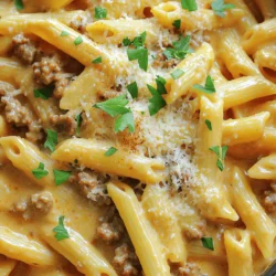To make One-Pot Creamy Beef Pasta, you need: - 1 lb (450g) ground beef - 8 oz (225g) pasta (penne or rotini) - 1 medium onion, finely chopped - 3 cloves garlic, minced - 1 cup beef broth - 1 cup heavy cream - 1 cup grated Parmesan cheese - 1 teaspoon Italian seasoning - 1/2 teaspoon paprika - Salt and pepper to taste - 2 tablespoons olive oil - Fresh parsley, chopped (for garnish) Choosing the right ingredients can make your dish shine. Here are my top tips: - Beef: Look for ground beef with a good fat content. 80/20 is ideal for flavor and moisture. - Pasta: Use high-quality pasta that cooks evenly. Whole grain options add a nice touch. - Broth: Opt for low-sodium beef broth. It lets you control the saltiness. - Cream: Heavy cream gives the sauce its richness. Avoid half-and-half for a lighter result. - Cheese: Freshly grated Parmesan melts better than pre-grated cheese. You can modify the recipe for different diets. Here are some ideas: - Gluten-Free: Use gluten-free pasta. Rice or quinoa pasta works well. - Dairy-Free: Substitute heavy cream with coconut cream or cashew cream. Nutritional yeast can replace cheese. - Lean Meat: Use ground turkey or chicken for a lighter option. Adjust cooking time as needed. - Vegan: Swap beef for lentils or mushrooms. Use vegetable broth and plant-based cream. These substitutions keep the dish tasty while accommodating various dietary needs. To start, gather your ingredients. You will need: - 1 lb (450g) ground beef - 8 oz (225g) pasta (penne or rotini) - 1 medium onion, finely chopped - 3 cloves garlic, minced - 1 cup beef broth - 1 cup heavy cream - 1 cup grated Parmesan cheese - 1 teaspoon Italian seasoning - 1/2 teaspoon paprika - Salt and pepper to taste - 2 tablespoons olive oil - Fresh parsley, chopped (for garnish) Next, chop your onion and garlic. This helps add flavor to the meat. In a large pot, heat the olive oil over medium heat. Add the onion and cook until soft, about 3-4 minutes. Then, add the garlic and cook for 1 minute. This step builds a strong flavor base. Now, raise the heat to medium-high. Add the ground beef and break it apart with a spoon. Cook until it turns brown, which takes about 5-6 minutes. Drain excess fat if needed. Next, mix in the Italian seasoning, paprika, salt, and pepper. Stir well to coat the beef evenly. Add the pasta and beef broth to the pot. Make sure the pasta is fully covered in broth. Bring it to a boil. Once it boils, lower the heat and cover the pot. Cook for 10-12 minutes. Stir occasionally to keep the pasta from sticking. You want it to be al dente, or firm to the bite. After the pasta cooks, remove the pot from heat. Stir in the heavy cream and grated Parmesan cheese. Mix until creamy and well combined. Taste and adjust seasoning if needed. If the sauce seems too thick, add a bit of water or broth. Serve hot, garnished with fresh parsley for extra flavor and color. Enjoy your meal! For the full recipe, check out the details above. To make your one-pot creamy beef pasta shine, follow these tips: - Use fresh ingredients. Fresh garlic and onion bring out great flavors. - Brown the beef well. This step adds depth to the sauce. - Stir often. This helps the pasta cook evenly and prevents sticking. - Adjust heat carefully. Too high can burn, while too low makes it soggy. Avoid these common pitfalls for a perfect dish: - Skipping the sauté step. This builds a rich base for the sauce. - Not seasoning enough. Taste as you cook to balance flavors. - Overcooking the pasta. You want it al dente for the best texture. - Ignoring the cream. Stir it in gently to keep the sauce smooth. For a velvety sauce, try these methods: - Use high-fat cream. Heavy cream gives the richest texture. - Add cheese gradually. This helps it melt smoothly into the sauce. - Stir continuously while adding cream. This keeps the sauce from clumping. - If too thick, add broth or water slowly. This helps reach your desired creaminess. For the full recipe, check out the details above. Enjoy your cooking! {{image_2}} You can easily make this dish vegetarian or vegan. Replace the ground beef with lentils or mushrooms. Both options add great flavor and texture. Use vegetable broth instead of beef broth. For a creamy touch, switch heavy cream with coconut milk or cashew cream. This keeps the dish rich but plant-based. To make this meal healthier, add more veggies. Spinach, bell peppers, or zucchini work well. Simply chop them and add to the pot when you cook the onions. They’ll soften and blend in nicely. This not only boosts flavor but adds vitamins too. You can switch up the pasta for a different taste. Use whole wheat, gluten-free, or chickpea pasta. Each type brings its own flavor and texture. Just adjust the cooking time as needed. Make sure to check the package for specifics. Mixing different shapes can also add fun to your meal! For the full recipe, check out the link above. After enjoying your One-Pot Creamy Beef Pasta, let it cool down. Place it in an airtight container. Store it in the fridge for up to three days. This keeps it fresh and tasty. If you follow this, your leftovers will still taste great. To reheat, take your pasta out of the fridge. Place it in a pot over low heat. Add a splash of water or broth to help it warm up. Stir it often to avoid sticking. Heat until warm, but don’t let it boil. This helps keep the cream smooth. For longer storage, freeze your pasta. Use a freezer-safe container or bag. Make sure to remove as much air as possible. This prevents freezer burn. You can freeze it for up to three months. When ready to eat, thaw it in the fridge overnight. Then, reheat it as mentioned above. For the full recipe, check out the details on how to make it! Yes, you can make One-Pot Creamy Beef Pasta ahead of time. Cook it fully and let it cool down. Store it in an airtight container in the fridge for up to three days. When you are ready to eat, reheat it on the stove. Add a splash of water or broth to help it stay creamy. To reheat creamy pasta dishes, the stove is best. Heat a pan over low heat. Add the pasta and a little water or broth. Stir often to keep it from sticking. You can also use the microwave. Place it in a bowl, cover it, and heat in short bursts. Stir between each burst to heat it evenly. Yes, you can use ground turkey or chicken. These meats will change the flavor slightly but will still taste great. Cook them the same way as the beef. Just ensure they are fully cooked before adding the other ingredients. This makes a lighter meal without losing the creamy taste. To add spice, include red pepper flakes or a bit of hot sauce. You can also add more garlic or onion for extra flavor. Fresh herbs like basil or oregano can boost the taste too. Experiment with your favorite spices to find what you love best. Yes, you can use gluten-free pasta. Choose your favorite type, like rice or quinoa pasta. Just follow the package instructions for cooking. The rest of the recipe stays the same. This way, everyone can enjoy the creamy goodness. In this post, we covered how to make One-Pot Creamy Beef Pasta. I shared a complete ingredient list and tips for choosing the best items. You learned easy prep and cooking steps to get it just right. We also examined fun variations and ways to store leftovers. With these insights, you can create a dish that suits your taste and needs. Enjoy making this creamy pasta your own!