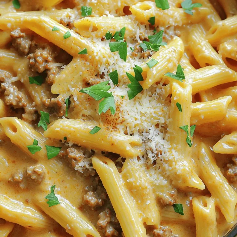 To make One-Pot Creamy Beef Pasta, you need: - 1 lb (450g) ground beef - 8 oz (225g) pasta (penne or rotini) - 1 medium onion, finely chopped - 3 cloves garlic, minced - 1 cup beef broth - 1 cup heavy cream - 1 cup grated Parmesan cheese - 1 teaspoon Italian seasoning - 1/2 teaspoon paprika - Salt and pepper to taste - 2 tablespoons olive oil - Fresh parsley, chopped (for garnish) Choosing the right ingredients can make your dish shine. Here are my top tips: - Beef: Look for ground beef with a good fat content. 80/20 is ideal for flavor and moisture. - Pasta: Use high-quality pasta that cooks evenly. Whole grain options add a nice touch. - Broth: Opt for low-sodium beef broth. It lets you control the saltiness. - Cream: Heavy cream gives the sauce its richness. Avoid half-and-half for a lighter result. - Cheese: Freshly grated Parmesan melts better than pre-grated cheese. You can modify the recipe for different diets. Here are some ideas: - Gluten-Free: Use gluten-free pasta. Rice or quinoa pasta works well. - Dairy-Free: Substitute heavy cream with coconut cream or cashew cream. Nutritional yeast can replace cheese. - Lean Meat: Use ground turkey or chicken for a lighter option. Adjust cooking time as needed. - Vegan: Swap beef for lentils or mushrooms. Use vegetable broth and plant-based cream. These substitutions keep the dish tasty while accommodating various dietary needs. To start, gather your ingredients. You will need: - 1 lb (450g) ground beef - 8 oz (225g) pasta (penne or rotini) - 1 medium onion, finely chopped - 3 cloves garlic, minced - 1 cup beef broth - 1 cup heavy cream - 1 cup grated Parmesan cheese - 1 teaspoon Italian seasoning - 1/2 teaspoon paprika - Salt and pepper to taste - 2 tablespoons olive oil - Fresh parsley, chopped (for garnish) Next, chop your onion and garlic. This helps add flavor to the meat. In a large pot, heat the olive oil over medium heat. Add the onion and cook until soft, about 3-4 minutes. Then, add the garlic and cook for 1 minute. This step builds a strong flavor base. Now, raise the heat to medium-high. Add the ground beef and break it apart with a spoon. Cook until it turns brown, which takes about 5-6 minutes. Drain excess fat if needed. Next, mix in the Italian seasoning, paprika, salt, and pepper. Stir well to coat the beef evenly. Add the pasta and beef broth to the pot. Make sure the pasta is fully covered in broth. Bring it to a boil. Once it boils, lower the heat and cover the pot. Cook for 10-12 minutes. Stir occasionally to keep the pasta from sticking. You want it to be al dente, or firm to the bite. After the pasta cooks, remove the pot from heat. Stir in the heavy cream and grated Parmesan cheese. Mix until creamy and well combined. Taste and adjust seasoning if needed. If the sauce seems too thick, add a bit of water or broth. Serve hot, garnished with fresh parsley for extra flavor and color. Enjoy your meal! For the full recipe, check out the details above. To make your one-pot creamy beef pasta shine, follow these tips: - Use fresh ingredients. Fresh garlic and onion bring out great flavors. - Brown the beef well. This step adds depth to the sauce. - Stir often. This helps the pasta cook evenly and prevents sticking. - Adjust heat carefully. Too high can burn, while too low makes it soggy. Avoid these common pitfalls for a perfect dish: - Skipping the sauté step. This builds a rich base for the sauce. - Not seasoning enough. Taste as you cook to balance flavors. - Overcooking the pasta. You want it al dente for the best texture. - Ignoring the cream. Stir it in gently to keep the sauce smooth. For a velvety sauce, try these methods: - Use high-fat cream. Heavy cream gives the richest texture. - Add cheese gradually. This helps it melt smoothly into the sauce. - Stir continuously while adding cream. This keeps the sauce from clumping. - If too thick, add broth or water slowly. This helps reach your desired creaminess. For the full recipe, check out the details above. Enjoy your cooking! {{image_2}} You can easily make this dish vegetarian or vegan. Replace the ground beef with lentils or mushrooms. Both options add great flavor and texture. Use vegetable broth instead of beef broth. For a creamy touch, switch heavy cream with coconut milk or cashew cream. This keeps the dish rich but plant-based. To make this meal healthier, add more veggies. Spinach, bell peppers, or zucchini work well. Simply chop them and add to the pot when you cook the onions. They’ll soften and blend in nicely. This not only boosts flavor but adds vitamins too. You can switch up the pasta for a different taste. Use whole wheat, gluten-free, or chickpea pasta. Each type brings its own flavor and texture. Just adjust the cooking time as needed. Make sure to check the package for specifics. Mixing different shapes can also add fun to your meal! For the full recipe, check out the link above. After enjoying your One-Pot Creamy Beef Pasta, let it cool down. Place it in an airtight container. Store it in the fridge for up to three days. This keeps it fresh and tasty. If you follow this, your leftovers will still taste great. To reheat, take your pasta out of the fridge. Place it in a pot over low heat. Add a splash of water or broth to help it warm up. Stir it often to avoid sticking. Heat until warm, but don’t let it boil. This helps keep the cream smooth. For longer storage, freeze your pasta. Use a freezer-safe container or bag. Make sure to remove as much air as possible. This prevents freezer burn. You can freeze it for up to three months. When ready to eat, thaw it in the fridge overnight. Then, reheat it as mentioned above. For the full recipe, check out the details on how to make it! Yes, you can make One-Pot Creamy Beef Pasta ahead of time. Cook it fully and let it cool down. Store it in an airtight container in the fridge for up to three days. When you are ready to eat, reheat it on the stove. Add a splash of water or broth to help it stay creamy. To reheat creamy pasta dishes, the stove is best. Heat a pan over low heat. Add the pasta and a little water or broth. Stir often to keep it from sticking. You can also use the microwave. Place it in a bowl, cover it, and heat in short bursts. Stir between each burst to heat it evenly. Yes, you can use ground turkey or chicken. These meats will change the flavor slightly but will still taste great. Cook them the same way as the beef. Just ensure they are fully cooked before adding the other ingredients. This makes a lighter meal without losing the creamy taste. To add spice, include red pepper flakes or a bit of hot sauce. You can also add more garlic or onion for extra flavor. Fresh herbs like basil or oregano can boost the taste too. Experiment with your favorite spices to find what you love best. Yes, you can use gluten-free pasta. Choose your favorite type, like rice or quinoa pasta. Just follow the package instructions for cooking. The rest of the recipe stays the same. This way, everyone can enjoy the creamy goodness. In this post, we covered how to make One-Pot Creamy Beef Pasta. I shared a complete ingredient list and tips for choosing the best items. You learned easy prep and cooking steps to get it just right. We also examined fun variations and ways to store leftovers. With these insights, you can create a dish that suits your taste and needs. Enjoy making this creamy pasta your own!