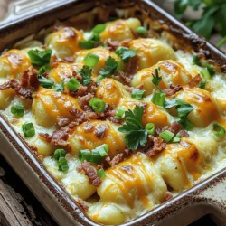 For Loaded Baked Potato Gnocchi, you will need a few key ingredients that pack a lot of flavor. Here’s what you’ll need: - 1 pound potato gnocchi - 2 large russet potatoes (baked, cooled, and mashed) - 1/2 cup cream cheese, softened - 1/2 cup sour cream - 1 cup shredded cheddar cheese - 1/2 cup cooked bacon, crumbled - 1/4 cup green onions, chopped - 1 teaspoon garlic powder - Salt and pepper to taste - Olive oil for drizzling - Fresh parsley for garnish These ingredients create a creamy and comforting dish. The potato gnocchi serves as a soft base. The baked russet potatoes add richness and depth. Cream cheese and sour cream make the dish creamy and delicious. Shredded cheddar cheese provides that classic loaded baked potato flavor. Cooked bacon gives a nice crunch and smoky taste. Green onions add freshness and brightness to the dish. Garlic powder boosts the overall flavor. A drizzle of olive oil adds richness, while fresh parsley gives a touch of color. Using high-quality ingredients is key for the best taste. You can find most of these items at your local grocery store. For the full recipe, check out the complete instructions. Baking and Cooling the Potatoes Start by baking two large russet potatoes. Preheat your oven to 400°F (200°C). Place the potatoes on a baking sheet. Bake them for about 45-60 minutes, until they are soft. When done, take them out and let them cool for a bit. Mashing Techniques Once the potatoes are cool, cut them in half. Scoop out the flesh into a bowl. Use a fork or potato masher to mash them until smooth. This will give your gnocchi a nice creamy texture. Combining Ingredients In a large mixing bowl, mix the mashed potatoes with cream cheese and sour cream. Add garlic powder, salt, and pepper to taste. Stir until everything looks creamy and well combined. Salting the Water Fill a large pot with water and add salt. Bring the water to a boil. The salt helps to flavor the gnocchi as they cook. Cooking Time Gently add the potato gnocchi to the boiling water. Cook them until they float to the surface, which takes about 2-3 minutes. Use a slotted spoon to remove them and set aside. Heating Techniques in Skillet In a large skillet, drizzle some olive oil over medium heat. Add the cooked gnocchi to the skillet. Then, pour in the creamy cheese mixture. Stir gently to combine and heat everything through for about 5 minutes. Incorporating Bacon and Cheddar Stir in the crumbled bacon and half of the shredded cheddar cheese. Mix until the gnocchi is well coated and the cheese is melted. Proper Broiling Techniques Transfer the loaded gnocchi mixture to a baking dish. Top with the remaining cheddar cheese. Place it under the broiler for 3-5 minutes until it's golden and bubbly. Serving Suggestions Once broiled, take it out and sprinkle with chopped green onions and fresh parsley. Serve hot and enjoy! You can find the Full Recipe for more details. - Cooking Tips for Fluffy Gnocchi When making gnocchi, use a light touch. Overworking the dough makes it dense. Cook the gnocchi in salted water. They should float when ready. This means they are cooked perfectly. - Avoiding Common Mistakes Do not use too much flour. This can make the gnocchi heavy. Ensure your potatoes are dry after baking. Too much moisture can ruin the texture. - Additional Seasonings Add a pinch of smoked paprika for a kick. A dash of onion powder can deepen the flavor. You can also try fresh herbs like thyme or rosemary. - Cheese Choices Cheddar is classic, but try mozzarella for a stretchy texture. Parmesan can add a nice savory note. Mixing cheeses can create a richer taste. - Plating Techniques Use a large bowl to serve. This allows the colorful layers to show. Create height by stacking the gnocchi. This makes the dish look inviting. - Garnish Suggestions Fresh parsley or chives add a pop of color. A sprinkle of crispy bacon on top enhances flavor. Drizzle with olive oil for a shiny finish. For more detailed steps, check the Full Recipe. {{image_2}} If you want to change things up, consider these options: - Dairy-Free Options: Use plant-based cream cheese and sour cream. They blend well and keep the dish creamy. - Alternative Cheeses: Try using mozzarella or a vegan cheese blend. Both melt nicely and add a different taste. You can easily make this dish vegetarian or vegan: - Plant-Based Alternatives: Swap out the bacon for mushrooms or tempeh. This adds a nice texture and flavor while keeping it plant-based. Enhance your Loaded Baked Potato Gnocchi with these extras: - Ingredients for Extra Flavor: Add crispy onions, jalapeños, or smoked paprika for a spicy kick. Each will give your dish a new twist. - Adding Vegetables: Mix in spinach, broccoli, or bell peppers. They add color, nutrition, and taste, making every bite exciting. For the complete recipe, check out the Full Recipe. To keep your loaded baked potato gnocchi fresh, store it in an airtight container. Place it in the fridge within two hours of cooking. This step helps it stay tasty for up to three days. Make sure to let the dish cool before sealing it. This prevents moisture buildup, which can make the gnocchi soggy. When you want to enjoy your leftovers, the stovetop is the best method. Heat a skillet over medium heat. Add a splash of water or broth to keep it moist. Stir gently until it warms through, about 5-7 minutes. You can also use the microwave. Place the gnocchi in a microwave-safe dish, cover it, and heat in short bursts. Check often to avoid overcooking. If you want to save some for later, freezing is a great option. First, let the gnocchi cool completely. Then, portion it into freezer bags. Squeeze out the air to prevent freezer burn. It can last up to three months in the freezer. When you’re ready to eat, transfer it to the fridge to thaw overnight. For best results, let the frozen gnocchi thaw in the fridge. This method keeps the texture nice. If you're in a hurry, you can thaw it in the microwave on low power. Once thawed, reheat as mentioned earlier. Enjoy the rich flavors again with every bite! For gnocchi, I recommend using russet potatoes. They are starchy and fluffy. This helps create a light texture. Yukon Gold potatoes also work well. They add a creamy taste to the gnocchi. Avoid waxy potatoes like red or new potatoes. They can make the gnocchi dense and heavy. To make this dish gluten-free, choose gluten-free gnocchi. Many brands offer tasty options made from rice or potatoes. Always check the label for gluten-free certification. You can also make your own gnocchi using gluten-free flour. Just mix it with the mashed potatoes and follow the same steps. Yes, you can prepare Loaded Baked Potato Gnocchi ahead of time. You can make the cheese mixture and cook the gnocchi. Store them separately in the fridge. When you are ready to eat, combine them and bake. This saves time on busy nights. Gnocchi cooks quickly. They are done when they float to the surface of the water. This usually takes about 2-3 minutes. If they sink, they need more time. Keep an eye on them, so they don't overcook. Overcooked gnocchi can become mushy. Making Loaded Baked Potato Gnocchi is simple and fun. We covered every step, from choosing the right potatoes to adding toppings. Remember, properly mashing your potatoes and using the right techniques makes a difference. Have fun experimenting with variations and flavors. This dish is perfect for sharing or enjoying on your own. With the right tips, you can create a dish that is both tasty and satisfying. Enjoy your cooking and savor each bite!