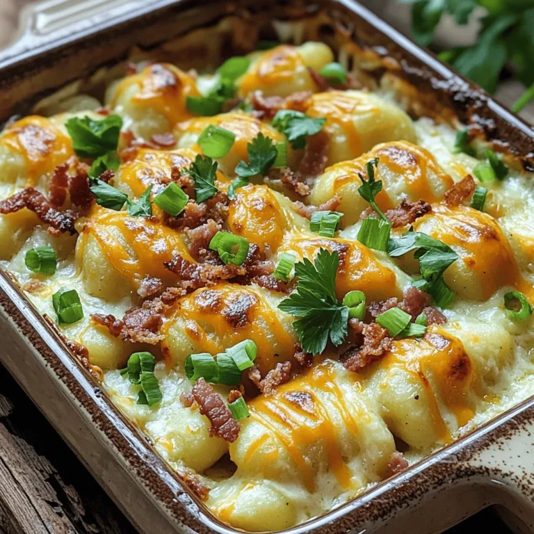 For Loaded Baked Potato Gnocchi, you will need a few key ingredients that pack a lot of flavor. Here’s what you’ll need: - 1 pound potato gnocchi - 2 large russet potatoes (baked, cooled, and mashed) - 1/2 cup cream cheese, softened - 1/2 cup sour cream - 1 cup shredded cheddar cheese - 1/2 cup cooked bacon, crumbled - 1/4 cup green onions, chopped - 1 teaspoon garlic powder - Salt and pepper to taste - Olive oil for drizzling - Fresh parsley for garnish These ingredients create a creamy and comforting dish. The potato gnocchi serves as a soft base. The baked russet potatoes add richness and depth. Cream cheese and sour cream make the dish creamy and delicious. Shredded cheddar cheese provides that classic loaded baked potato flavor. Cooked bacon gives a nice crunch and smoky taste. Green onions add freshness and brightness to the dish. Garlic powder boosts the overall flavor. A drizzle of olive oil adds richness, while fresh parsley gives a touch of color. Using high-quality ingredients is key for the best taste. You can find most of these items at your local grocery store. For the full recipe, check out the complete instructions. Baking and Cooling the Potatoes Start by baking two large russet potatoes. Preheat your oven to 400°F (200°C). Place the potatoes on a baking sheet. Bake them for about 45-60 minutes, until they are soft. When done, take them out and let them cool for a bit. Mashing Techniques Once the potatoes are cool, cut them in half. Scoop out the flesh into a bowl. Use a fork or potato masher to mash them until smooth. This will give your gnocchi a nice creamy texture. Combining Ingredients In a large mixing bowl, mix the mashed potatoes with cream cheese and sour cream. Add garlic powder, salt, and pepper to taste. Stir until everything looks creamy and well combined. Salting the Water Fill a large pot with water and add salt. Bring the water to a boil. The salt helps to flavor the gnocchi as they cook. Cooking Time Gently add the potato gnocchi to the boiling water. Cook them until they float to the surface, which takes about 2-3 minutes. Use a slotted spoon to remove them and set aside. Heating Techniques in Skillet In a large skillet, drizzle some olive oil over medium heat. Add the cooked gnocchi to the skillet. Then, pour in the creamy cheese mixture. Stir gently to combine and heat everything through for about 5 minutes. Incorporating Bacon and Cheddar Stir in the crumbled bacon and half of the shredded cheddar cheese. Mix until the gnocchi is well coated and the cheese is melted. Proper Broiling Techniques Transfer the loaded gnocchi mixture to a baking dish. Top with the remaining cheddar cheese. Place it under the broiler for 3-5 minutes until it's golden and bubbly. Serving Suggestions Once broiled, take it out and sprinkle with chopped green onions and fresh parsley. Serve hot and enjoy! You can find the Full Recipe for more details. - Cooking Tips for Fluffy Gnocchi When making gnocchi, use a light touch. Overworking the dough makes it dense. Cook the gnocchi in salted water. They should float when ready. This means they are cooked perfectly. - Avoiding Common Mistakes Do not use too much flour. This can make the gnocchi heavy. Ensure your potatoes are dry after baking. Too much moisture can ruin the texture. - Additional Seasonings Add a pinch of smoked paprika for a kick. A dash of onion powder can deepen the flavor. You can also try fresh herbs like thyme or rosemary. - Cheese Choices Cheddar is classic, but try mozzarella for a stretchy texture. Parmesan can add a nice savory note. Mixing cheeses can create a richer taste. - Plating Techniques Use a large bowl to serve. This allows the colorful layers to show. Create height by stacking the gnocchi. This makes the dish look inviting. - Garnish Suggestions Fresh parsley or chives add a pop of color. A sprinkle of crispy bacon on top enhances flavor. Drizzle with olive oil for a shiny finish. For more detailed steps, check the Full Recipe. {{image_2}} If you want to change things up, consider these options: - Dairy-Free Options: Use plant-based cream cheese and sour cream. They blend well and keep the dish creamy. - Alternative Cheeses: Try using mozzarella or a vegan cheese blend. Both melt nicely and add a different taste. You can easily make this dish vegetarian or vegan: - Plant-Based Alternatives: Swap out the bacon for mushrooms or tempeh. This adds a nice texture and flavor while keeping it plant-based. Enhance your Loaded Baked Potato Gnocchi with these extras: - Ingredients for Extra Flavor: Add crispy onions, jalapeños, or smoked paprika for a spicy kick. Each will give your dish a new twist. - Adding Vegetables: Mix in spinach, broccoli, or bell peppers. They add color, nutrition, and taste, making every bite exciting. For the complete recipe, check out the Full Recipe. To keep your loaded baked potato gnocchi fresh, store it in an airtight container. Place it in the fridge within two hours of cooking. This step helps it stay tasty for up to three days. Make sure to let the dish cool before sealing it. This prevents moisture buildup, which can make the gnocchi soggy. When you want to enjoy your leftovers, the stovetop is the best method. Heat a skillet over medium heat. Add a splash of water or broth to keep it moist. Stir gently until it warms through, about 5-7 minutes. You can also use the microwave. Place the gnocchi in a microwave-safe dish, cover it, and heat in short bursts. Check often to avoid overcooking. If you want to save some for later, freezing is a great option. First, let the gnocchi cool completely. Then, portion it into freezer bags. Squeeze out the air to prevent freezer burn. It can last up to three months in the freezer. When you’re ready to eat, transfer it to the fridge to thaw overnight. For best results, let the frozen gnocchi thaw in the fridge. This method keeps the texture nice. If you're in a hurry, you can thaw it in the microwave on low power. Once thawed, reheat as mentioned earlier. Enjoy the rich flavors again with every bite! For gnocchi, I recommend using russet potatoes. They are starchy and fluffy. This helps create a light texture. Yukon Gold potatoes also work well. They add a creamy taste to the gnocchi. Avoid waxy potatoes like red or new potatoes. They can make the gnocchi dense and heavy. To make this dish gluten-free, choose gluten-free gnocchi. Many brands offer tasty options made from rice or potatoes. Always check the label for gluten-free certification. You can also make your own gnocchi using gluten-free flour. Just mix it with the mashed potatoes and follow the same steps. Yes, you can prepare Loaded Baked Potato Gnocchi ahead of time. You can make the cheese mixture and cook the gnocchi. Store them separately in the fridge. When you are ready to eat, combine them and bake. This saves time on busy nights. Gnocchi cooks quickly. They are done when they float to the surface of the water. This usually takes about 2-3 minutes. If they sink, they need more time. Keep an eye on them, so they don't overcook. Overcooked gnocchi can become mushy. Making Loaded Baked Potato Gnocchi is simple and fun. We covered every step, from choosing the right potatoes to adding toppings. Remember, properly mashing your potatoes and using the right techniques makes a difference. Have fun experimenting with variations and flavors. This dish is perfect for sharing or enjoying on your own. With the right tips, you can create a dish that is both tasty and satisfying. Enjoy your cooking and savor each bite!
