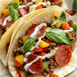 - Ground beef - Italian sausage - Pepperoni slices - Shredded mozzarella cheese - Mixed bell peppers - Sliced black olives - Fresh basil leaves - Italian seasoning - Garlic powder - Pizza sauce The heart of these tacos lies in the main ingredients. Ground beef and Italian sausage bring a delicious, hearty flavor. I love using pepperoni slices for that classic pizza taste. Shredded mozzarella cheese gives a creamy texture and mouth-watering pull. You can add mixed bell peppers for a fresh crunch. Sliced black olives add a salty touch. Fresh basil leaves at the end give a lovely aroma. For seasonings, I use Italian seasoning for that herbal kick. Garlic powder adds depth, while pizza sauce brings everything together. You can find the full recipe for these meat lovers pizza tacos to guide you through the cooking process. Enjoy! 1. Start by heating a large skillet over medium heat. 2. Add 1 pound of ground beef and 1 pound of Italian sausage to the pan. 3. Cook the meat until it turns brown. This takes about 8 to 10 minutes. 4. Use a spatula to break the meat into small pieces as it cooks. 5. After cooking, drain any extra grease from the meat mixture. 6. Add 1 tablespoon of Italian seasoning and 1 teaspoon of garlic powder. 7. Stir well to combine all the flavors. Remove from heat. 1. Preheat your oven to 400°F (200°C). 2. Line a baking sheet with parchment paper for easy cleanup. 3. Place 8 small flour tortillas on the baking sheet. 4. Spread 1 tablespoon of pizza sauce on each tortilla. 5. Leave a small border around the edges to keep the sauce in. 6. Next, layer on the meat mixture generously. 7. Add pepperoni slices, diced bell peppers, and black olives. 8. Finish by sprinkling 1 cup of shredded mozzarella cheese on top. 1. Place the baking sheet in the preheated oven. 2. Bake for about 10 to 12 minutes. 3. Keep an eye on them until the tortillas are crispy. 4. Look for the cheese to melt and bubble, which means it's ready. 5. Remove the tacos from the oven and let them cool for a minute or two. 6. Garnish with fresh basil leaves before serving. These steps make it easy to enjoy your savory meat lovers pizza tacos. You can find the full recipe for more details. Choosing the right tortilla is key. I recommend using small flour tortillas. They are soft and easy to fold. Corn tortillas can be used, but they may crack. Balancing flavors with toppings makes a big difference. Start with rich meat, like ground beef and sausage. Then, add salty pepperoni for extra taste. Diced bell peppers add freshness and crunch. Black olives give a nice briny kick. Don’t forget the melted mozzarella on top. It ties everything together with cheesy goodness. Pair these pizza tacos with simple side dishes. A fresh salad can be a great choice. Try a garden salad with a light dressing. You can also serve with crispy potato wedges. They complement the tacos well. For dipping sauces, pizza sauce is a classic. You can also try ranch dressing for a creamy twist. Marinara sauce works too, adding a rich flavor. Garnishing with herbs makes your tacos pop. Fresh basil leaves add color and a lovely aroma. You can drizzle extra pizza sauce on the tacos for flair. When serving at parties, arrange the tacos on a large platter. This way, everyone can see the tasty spread. You can place small bowls of dipping sauces around the platter. This invites guests to enjoy the flavors in their own way. For the full recipe, check out the details above. {{image_2}} I love how versatile these meat lovers pizza tacos can be! You can easily swap ground beef for chicken or turkey. Chicken gives a lighter taste, while turkey adds a nice twist. Just make sure to cook it well until no pink remains. If you want to skip meat entirely, try vegetarian alternatives. You could use mushrooms, zucchini, or even lentils. These options can add depth and flavor while keeping it hearty. Want to spice things up? Add sliced jalapeños for a kick. They bring heat and enhance the flavor without overpowering the dish. You can also mix in different cheeses. Try cheddar or pepper jack for a unique twist. Each cheese melts differently and adds rich flavors. For a vegan take on these tacos, substitute meat with plant-based options like lentils or jackfruit. These choices mimic meat's texture and soak up flavors well. You can also use dairy-free cheese alternatives. Look for brands that melt nicely. This way, everyone can enjoy delicious pizza tacos, no matter their diet! To keep your meat lovers pizza tacos fresh, cool them down first. Place the tacos in airtight containers. This helps prevent them from getting soggy. You can store them in the fridge for up to three days. For longer storage, freeze them. Just make sure to wrap them well in plastic wrap or foil before placing them in a freezer-safe container. When it's time to enjoy your leftovers, reheating is key. The best method is to use an oven. Preheat it to 350°F (175°C). Place the tacos on a baking sheet and heat for about 10 minutes. This keeps the tortillas crispy, which is super important. If you use a microwave, the tortillas may turn soft. If you must use it, heat them in short bursts. In the fridge, your meat lovers pizza tacos will last about three days. After that, they might lose their taste and texture. If you freeze them, they can last for up to three months. Just remember to label your containers with the date. This way, you can enjoy them later without worry. A meat lovers pizza taco is a fun twist on classic pizza. It combines the best of two worlds: pizza and tacos. You take small flour tortillas and fill them with a hearty meat mix. The mix usually includes ground beef, Italian sausage, and pepperoni. You then add pizza sauce, cheese, and your favorite toppings. After baking, you get a crispy, cheesy, and savory treat. It’s perfect for parties or a family dinner. Yes, you can prepare this dish in advance. Cook the meat mixture and store it in the fridge. You can also prepare the tortillas with sauce and toppings. Just keep them covered to prevent drying. When you’re ready to eat, bake the tacos as instructed. This saves time and makes serving easy during busy days. Pizza tacos pair well with many sides. Here are some tasty options: - Garlic bread: The buttery flavor complements the tacos. - Caesar salad: A fresh salad adds crunch and balances the meal. - Buffalo wings: Add some spice for those who enjoy heat. - Veggie platter: Fresh veggies with dip keep it light. These sides enhance the meal and offer variety for everyone. We covered all the essentials for making meat lovers pizza tacos, from ingredients to tips for serving. You now know how to cook the meat, assemble the tacos, and achieve the perfect bake. Don’t forget to explore different variations and storage tips to enjoy your tacos later. With a few tweaks, you can personalize this dish to fit any taste. Enjoy your cooking adventure and impress your friends with this tasty twist!
