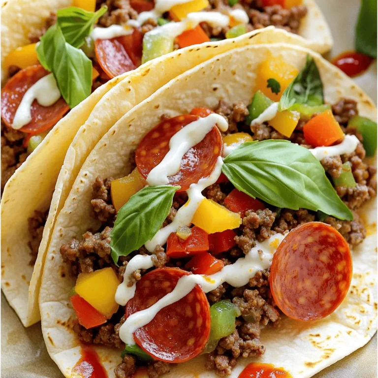 - Ground beef - Italian sausage - Pepperoni slices - Shredded mozzarella cheese - Mixed bell peppers - Sliced black olives - Fresh basil leaves - Italian seasoning - Garlic powder - Pizza sauce The heart of these tacos lies in the main ingredients. Ground beef and Italian sausage bring a delicious, hearty flavor. I love using pepperoni slices for that classic pizza taste. Shredded mozzarella cheese gives a creamy texture and mouth-watering pull. You can add mixed bell peppers for a fresh crunch. Sliced black olives add a salty touch. Fresh basil leaves at the end give a lovely aroma. For seasonings, I use Italian seasoning for that herbal kick. Garlic powder adds depth, while pizza sauce brings everything together. You can find the full recipe for these meat lovers pizza tacos to guide you through the cooking process. Enjoy! 1. Start by heating a large skillet over medium heat. 2. Add 1 pound of ground beef and 1 pound of Italian sausage to the pan. 3. Cook the meat until it turns brown. This takes about 8 to 10 minutes. 4. Use a spatula to break the meat into small pieces as it cooks. 5. After cooking, drain any extra grease from the meat mixture. 6. Add 1 tablespoon of Italian seasoning and 1 teaspoon of garlic powder. 7. Stir well to combine all the flavors. Remove from heat. 1. Preheat your oven to 400°F (200°C). 2. Line a baking sheet with parchment paper for easy cleanup. 3. Place 8 small flour tortillas on the baking sheet. 4. Spread 1 tablespoon of pizza sauce on each tortilla. 5. Leave a small border around the edges to keep the sauce in. 6. Next, layer on the meat mixture generously. 7. Add pepperoni slices, diced bell peppers, and black olives. 8. Finish by sprinkling 1 cup of shredded mozzarella cheese on top. 1. Place the baking sheet in the preheated oven. 2. Bake for about 10 to 12 minutes. 3. Keep an eye on them until the tortillas are crispy. 4. Look for the cheese to melt and bubble, which means it's ready. 5. Remove the tacos from the oven and let them cool for a minute or two. 6. Garnish with fresh basil leaves before serving. These steps make it easy to enjoy your savory meat lovers pizza tacos. You can find the full recipe for more details. Choosing the right tortilla is key. I recommend using small flour tortillas. They are soft and easy to fold. Corn tortillas can be used, but they may crack. Balancing flavors with toppings makes a big difference. Start with rich meat, like ground beef and sausage. Then, add salty pepperoni for extra taste. Diced bell peppers add freshness and crunch. Black olives give a nice briny kick. Don’t forget the melted mozzarella on top. It ties everything together with cheesy goodness. Pair these pizza tacos with simple side dishes. A fresh salad can be a great choice. Try a garden salad with a light dressing. You can also serve with crispy potato wedges. They complement the tacos well. For dipping sauces, pizza sauce is a classic. You can also try ranch dressing for a creamy twist. Marinara sauce works too, adding a rich flavor. Garnishing with herbs makes your tacos pop. Fresh basil leaves add color and a lovely aroma. You can drizzle extra pizza sauce on the tacos for flair. When serving at parties, arrange the tacos on a large platter. This way, everyone can see the tasty spread. You can place small bowls of dipping sauces around the platter. This invites guests to enjoy the flavors in their own way. For the full recipe, check out the details above. {{image_2}} I love how versatile these meat lovers pizza tacos can be! You can easily swap ground beef for chicken or turkey. Chicken gives a lighter taste, while turkey adds a nice twist. Just make sure to cook it well until no pink remains. If you want to skip meat entirely, try vegetarian alternatives. You could use mushrooms, zucchini, or even lentils. These options can add depth and flavor while keeping it hearty. Want to spice things up? Add sliced jalapeños for a kick. They bring heat and enhance the flavor without overpowering the dish. You can also mix in different cheeses. Try cheddar or pepper jack for a unique twist. Each cheese melts differently and adds rich flavors. For a vegan take on these tacos, substitute meat with plant-based options like lentils or jackfruit. These choices mimic meat's texture and soak up flavors well. You can also use dairy-free cheese alternatives. Look for brands that melt nicely. This way, everyone can enjoy delicious pizza tacos, no matter their diet! To keep your meat lovers pizza tacos fresh, cool them down first. Place the tacos in airtight containers. This helps prevent them from getting soggy. You can store them in the fridge for up to three days. For longer storage, freeze them. Just make sure to wrap them well in plastic wrap or foil before placing them in a freezer-safe container. When it's time to enjoy your leftovers, reheating is key. The best method is to use an oven. Preheat it to 350°F (175°C). Place the tacos on a baking sheet and heat for about 10 minutes. This keeps the tortillas crispy, which is super important. If you use a microwave, the tortillas may turn soft. If you must use it, heat them in short bursts. In the fridge, your meat lovers pizza tacos will last about three days. After that, they might lose their taste and texture. If you freeze them, they can last for up to three months. Just remember to label your containers with the date. This way, you can enjoy them later without worry. A meat lovers pizza taco is a fun twist on classic pizza. It combines the best of two worlds: pizza and tacos. You take small flour tortillas and fill them with a hearty meat mix. The mix usually includes ground beef, Italian sausage, and pepperoni. You then add pizza sauce, cheese, and your favorite toppings. After baking, you get a crispy, cheesy, and savory treat. It’s perfect for parties or a family dinner. Yes, you can prepare this dish in advance. Cook the meat mixture and store it in the fridge. You can also prepare the tortillas with sauce and toppings. Just keep them covered to prevent drying. When you’re ready to eat, bake the tacos as instructed. This saves time and makes serving easy during busy days. Pizza tacos pair well with many sides. Here are some tasty options: - Garlic bread: The buttery flavor complements the tacos. - Caesar salad: A fresh salad adds crunch and balances the meal. - Buffalo wings: Add some spice for those who enjoy heat. - Veggie platter: Fresh veggies with dip keep it light. These sides enhance the meal and offer variety for everyone. We covered all the essentials for making meat lovers pizza tacos, from ingredients to tips for serving. You now know how to cook the meat, assemble the tacos, and achieve the perfect bake. Don’t forget to explore different variations and storage tips to enjoy your tacos later. With a few tweaks, you can personalize this dish to fit any taste. Enjoy your cooking adventure and impress your friends with this tasty twist!