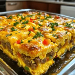 - 1 pound breakfast sausage - 8 large eggs - 2 cups milk - 1 cup diced bell peppers - 1 cup diced onion - 1 teaspoon garlic powder - 1 teaspoon onion powder - Salt and pepper to taste - 2 cups shredded cheddar cheese - 1 loaf whole wheat bread, cubed - Fresh parsley for garnish For my Easy Sausage and Egg Casserole, I focus on simple, fresh ingredients. The main star is the breakfast sausage. You can choose mild or spicy, based on your taste. Next, I use eight large eggs to create a fluffy texture. The milk adds creaminess and keeps it moist. Vegetables bring color and flavor. I use one cup of diced bell peppers and one cup of diced onion. They add crunch and sweetness. Garlic powder and onion powder give it depth. Don’t forget salt and pepper to enhance all the flavors. For extra richness, I add shredded cheddar cheese. Two cups melt beautifully, making every bite cheesy and delicious. The bread acts as a base and soaks up the egg mixture. I usually cube a whole loaf of wheat bread, which adds fiber. Lastly, a sprinkle of fresh parsley brightens up the dish. It’s not just for looks; it adds a fresh taste as well. This combination makes a hearty meal for any time of day. You can find the Full Recipe for more detailed instructions on how to bring this dish together! - Preheat the oven to 350°F (175°C). - Grease a 9x13 inch casserole dish with cooking spray or butter. - Heat a skillet over medium heat. - Add 1 pound of breakfast sausage. - Cook until it is browned and fully cooked. - Break it into smaller pieces with a spatula. - If needed, drain the excess fat from the skillet. - In a large bowl, whisk together 8 large eggs and 2 cups of milk. - Add 1 teaspoon of garlic powder, 1 teaspoon of onion powder, salt, and pepper to taste. - Mix until all ingredients are well combined. - Now, add the cooked sausage, 2 cups of shredded cheddar cheese, 1 cup of diced bell peppers, and 1 cup of diced onion. - Stir everything together until well mixed. - Gently fold in 1 loaf of cubed whole wheat bread. - Make sure all the bread pieces are coated with the egg mixture. - Pour the mixture into the greased casserole dish. - Spread it out evenly. - Bake for 30-35 minutes until the eggs are set and the top is golden brown. For the full recipe, check out the details and enjoy this easy dish! Serve the casserole warm, cutting it into neat squares. Add some extra cheese or fresh herbs on top for a nice touch. To brighten your plate, pair it with fresh fruit. Slices of orange or berries work great and add color. For sausage, you can use either mild or spicy to fit your taste. I often choose spicy for a kick. Adjust seasonings based on what you prefer. A bit more garlic or pepper can enhance the flavor. Know when your casserole is fully baked by looking for a golden top. The eggs should be set but not overcooked. After baking, let it cool for 5-10 minutes before slicing. This makes it easier to serve. Enjoy your meal! For the full recipe, check out the complete guide. {{image_2}} You can easily change the cheese in this dish. Try mozzarella or pepper jack. Each cheese gives a new taste. For a gluten-free option, swap the bread. Use gluten-free bread instead of whole wheat. It works well and keeps the dish tasty. Want some heat? Add jalapeños or a splash of hot sauce to the mix. This adds a nice kick! You can also use fresh herbs. Thyme or basil can brighten the flavor. Just chop them and mix them in. To make this dish lighter, use low-fat milk instead of whole milk. It still tastes great! If you want to cut fat, use turkey sausage or a veggie option. Both are flavorful and healthy. These changes help you enjoy this meal without guilt. For the full recipe, check out the details above. After you enjoy your Easy Sausage and Egg Casserole, store any leftovers in the fridge. Place them in an airtight container. This keeps the casserole fresh and tasty. Leftovers can last up to four days in the fridge. If you want to save some for later, freezing is a great option. Cut the casserole into squares. Wrap each square tightly in plastic wrap. Then, place them in a freezer-safe bag. This way, they stay fresh for up to three months. When you’re ready to eat your leftovers, reheating is easy. For the oven, preheat it to 350°F (175°C). Place the casserole in a baking dish. Cover it with foil to keep it moist. Heat for about 20-25 minutes. If you're in a hurry, use the microwave. Place a square on a microwave-safe plate. Heat it for 1-2 minutes. Check if it’s hot in the middle. If not, heat for another 30 seconds. Enjoy your warm and delicious casserole! Yes, you can make this casserole ahead of time. To do this, prepare it the night before. After mixing all the ingredients, cover the dish and place it in the fridge. This helps the bread soak up the egg mixture well. You can bake it in the morning. Just add a few extra minutes to the baking time if it’s cold from the fridge. To check if your casserole is done, look for a few signs. First, the top should be golden brown. Second, the edges should pull away from the dish. Finally, give it a gentle shake. If it wobbles slightly in the middle, it may need more time. You want the eggs to be firm, not runny. Absolutely! There are many ways to make this casserole your own. You can change the sausage type to turkey or a plant-based option. Add different veggies like spinach or mushrooms for more flavor. You can also swap the cheddar cheese for mozzarella or feta. Get creative and make it your own! For more ideas, check the Full Recipe. This casserole recipe is a tasty, easy option for any meal. You learned about key ingredients like sausage, eggs, and cheese. I explained step-by-step instructions to make it simple. Use my tips to serve and store it well. Feel free to customize the dish to fit your taste. Now you have the tools to make a delicious breakfast casserole. Enjoy sharing it with friends and family!