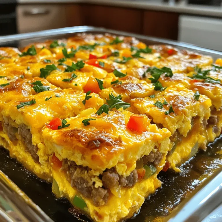 - 1 pound breakfast sausage - 8 large eggs - 2 cups milk - 1 cup diced bell peppers - 1 cup diced onion - 1 teaspoon garlic powder - 1 teaspoon onion powder - Salt and pepper to taste - 2 cups shredded cheddar cheese - 1 loaf whole wheat bread, cubed - Fresh parsley for garnish For my Easy Sausage and Egg Casserole, I focus on simple, fresh ingredients. The main star is the breakfast sausage. You can choose mild or spicy, based on your taste. Next, I use eight large eggs to create a fluffy texture. The milk adds creaminess and keeps it moist. Vegetables bring color and flavor. I use one cup of diced bell peppers and one cup of diced onion. They add crunch and sweetness. Garlic powder and onion powder give it depth. Don’t forget salt and pepper to enhance all the flavors. For extra richness, I add shredded cheddar cheese. Two cups melt beautifully, making every bite cheesy and delicious. The bread acts as a base and soaks up the egg mixture. I usually cube a whole loaf of wheat bread, which adds fiber. Lastly, a sprinkle of fresh parsley brightens up the dish. It’s not just for looks; it adds a fresh taste as well. This combination makes a hearty meal for any time of day. You can find the Full Recipe for more detailed instructions on how to bring this dish together! - Preheat the oven to 350°F (175°C). - Grease a 9x13 inch casserole dish with cooking spray or butter. - Heat a skillet over medium heat. - Add 1 pound of breakfast sausage. - Cook until it is browned and fully cooked. - Break it into smaller pieces with a spatula. - If needed, drain the excess fat from the skillet. - In a large bowl, whisk together 8 large eggs and 2 cups of milk. - Add 1 teaspoon of garlic powder, 1 teaspoon of onion powder, salt, and pepper to taste. - Mix until all ingredients are well combined. - Now, add the cooked sausage, 2 cups of shredded cheddar cheese, 1 cup of diced bell peppers, and 1 cup of diced onion. - Stir everything together until well mixed. - Gently fold in 1 loaf of cubed whole wheat bread. - Make sure all the bread pieces are coated with the egg mixture. - Pour the mixture into the greased casserole dish. - Spread it out evenly. - Bake for 30-35 minutes until the eggs are set and the top is golden brown. For the full recipe, check out the details and enjoy this easy dish! Serve the casserole warm, cutting it into neat squares. Add some extra cheese or fresh herbs on top for a nice touch. To brighten your plate, pair it with fresh fruit. Slices of orange or berries work great and add color. For sausage, you can use either mild or spicy to fit your taste. I often choose spicy for a kick. Adjust seasonings based on what you prefer. A bit more garlic or pepper can enhance the flavor. Know when your casserole is fully baked by looking for a golden top. The eggs should be set but not overcooked. After baking, let it cool for 5-10 minutes before slicing. This makes it easier to serve. Enjoy your meal! For the full recipe, check out the complete guide. {{image_2}} You can easily change the cheese in this dish. Try mozzarella or pepper jack. Each cheese gives a new taste. For a gluten-free option, swap the bread. Use gluten-free bread instead of whole wheat. It works well and keeps the dish tasty. Want some heat? Add jalapeños or a splash of hot sauce to the mix. This adds a nice kick! You can also use fresh herbs. Thyme or basil can brighten the flavor. Just chop them and mix them in. To make this dish lighter, use low-fat milk instead of whole milk. It still tastes great! If you want to cut fat, use turkey sausage or a veggie option. Both are flavorful and healthy. These changes help you enjoy this meal without guilt. For the full recipe, check out the details above. After you enjoy your Easy Sausage and Egg Casserole, store any leftovers in the fridge. Place them in an airtight container. This keeps the casserole fresh and tasty. Leftovers can last up to four days in the fridge. If you want to save some for later, freezing is a great option. Cut the casserole into squares. Wrap each square tightly in plastic wrap. Then, place them in a freezer-safe bag. This way, they stay fresh for up to three months. When you’re ready to eat your leftovers, reheating is easy. For the oven, preheat it to 350°F (175°C). Place the casserole in a baking dish. Cover it with foil to keep it moist. Heat for about 20-25 minutes. If you're in a hurry, use the microwave. Place a square on a microwave-safe plate. Heat it for 1-2 minutes. Check if it’s hot in the middle. If not, heat for another 30 seconds. Enjoy your warm and delicious casserole! Yes, you can make this casserole ahead of time. To do this, prepare it the night before. After mixing all the ingredients, cover the dish and place it in the fridge. This helps the bread soak up the egg mixture well. You can bake it in the morning. Just add a few extra minutes to the baking time if it’s cold from the fridge. To check if your casserole is done, look for a few signs. First, the top should be golden brown. Second, the edges should pull away from the dish. Finally, give it a gentle shake. If it wobbles slightly in the middle, it may need more time. You want the eggs to be firm, not runny. Absolutely! There are many ways to make this casserole your own. You can change the sausage type to turkey or a plant-based option. Add different veggies like spinach or mushrooms for more flavor. You can also swap the cheddar cheese for mozzarella or feta. Get creative and make it your own! For more ideas, check the Full Recipe. This casserole recipe is a tasty, easy option for any meal. You learned about key ingredients like sausage, eggs, and cheese. I explained step-by-step instructions to make it simple. Use my tips to serve and store it well. Feel free to customize the dish to fit your taste. Now you have the tools to make a delicious breakfast casserole. Enjoy sharing it with friends and family!