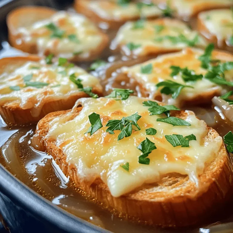 To make classic French onion soup, you need some key ingredients. Here’s what you’ll need: - 4 large yellow onions, thinly sliced - 4 tablespoons unsalted butter - 1 tablespoon olive oil - 1 teaspoon sugar (to aid in caramelization) - 6 cups beef broth (or vegetable broth for a vegetarian option) - 1 teaspoon dried thyme - 2 bay leaves - Salt and pepper to taste - 1 French baguette, sliced - 2 cups shredded Gruyère cheese - Fresh parsley, chopped for garnish These ingredients come together to create a rich and comforting soup. The onions, when caramelized, give the soup its sweet, deep flavor. Using fresh ingredients makes a big difference in flavor. Fresh onions are sweeter and have a better texture. Good-quality broth adds depth to the soup. Fresh herbs like thyme enhance the taste. They bring out the best in each ingredient. This makes your soup taste homemade and special. If you don’t have some ingredients, don’t worry! You can make simple swaps. - Use shallots instead of onions for a milder taste. - Swap the beef broth for vegetable broth to keep it vegetarian. - Gruyère cheese can be replaced with Swiss cheese or mozzarella. These options allow you to customize the soup to your taste. Just keep the spirit of the dish alive! For the full recipe, check out Caramelized Onion Bliss Soup. To start, we must slice the onions. Use four large yellow onions for the best flavor. Thinly slice each onion and set them aside. In a heavy pot, melt four tablespoons of unsalted butter and one tablespoon of olive oil over medium-low heat. Add the sliced onions and one teaspoon of sugar. Sugar helps the onions caramelize better. Stir well to coat the onions in the butter and oil. Cook slowly for about 25 to 30 minutes. Stir occasionally. You want the onions to turn a deep golden brown and sweet. Once the onions are caramelized, it’s time to add flavor. Pour in six cups of beef broth, or vegetable broth if you prefer. Add one teaspoon of dried thyme and two bay leaves for depth. Season with salt and pepper to taste. Bring the soup to a gentle simmer. Reduce the heat and let it cook for another 20 minutes. This helps the flavors blend. Taste the soup and adjust the seasoning as needed. While the soup simmers, get your French baguette ready. Slice it and preheat your oven to broil. Arrange the slices on a baking sheet. Broil them for about 2 to 3 minutes on each side until they are toasted and golden. To serve, remove the bay leaves from the soup. Ladle the soup into oven-safe bowls. Top each bowl with a few toasted baguette slices. Sprinkle two cups of shredded Gruyère cheese generously on top. Place the bowls under the broiler for 5 to 7 minutes. Wait until the cheese is bubbly and golden brown. For a nice touch, garnish each bowl with chopped parsley. Serve with extra baguette slices for dipping. For the complete recipe, check out the Caramelized Onion Bliss Soup. To make great French onion soup, you need to caramelize the onions well. Start with a heavy pot. I like using cast iron. Heat it over medium-low heat. Add butter and olive oil. When hot, toss in your sliced onions. Stir in one teaspoon of sugar. This helps the onions caramelize faster. Cook them slowly for 25 to 30 minutes. Stir them often. Look for a rich, deep golden color. This means they are done. Patience is key here. Rushing will leave you with bitter onions. Herbs and spices can really boost the flavor of your soup. I love adding dried thyme for a warm touch. It pairs well with the sweet onions. You can also add bay leaves for depth. Just remember to take them out before serving. Salt and pepper are essential too. They help bring all the flavors together. Try to taste your soup as it cooks. Adjust the seasoning to make it just right for you. The cheese is the crown jewel of French onion soup. Gruyère is my top choice. It melts beautifully and has a nutty flavor. You can also mix in some Emmental for added creaminess. Other cheeses like mozzarella can work too, but they lack the same depth. When topping your soup, pile on the cheese! Broil it until it bubbles and turns golden brown. This creates a delightful crust that you’ll love to dig into. For presentation, a sprinkle of fresh parsley adds a nice touch. Enjoy your Caramelized Onion Bliss Soup! {{image_2}} You can easily make French onion soup vegetarian. Just swap beef broth for vegetable broth. This change still gives you that deep flavor. You can also use vegan butter. This keeps the rich taste without dairy. If you want extra depth, add a splash of soy sauce. It adds umami and enhances the soup's complexity. Adding wine or sherry can elevate your soup. A splash of dry white wine adds a nice tang. It balances the sweetness of the onions. If you prefer sherry, use it toward the end of cooking. This gives a nutty flavor that’s hard to beat. Just remember to let it cook a bit to cook off the alcohol. You can mix classic and modern styles in your soup. For a twist, try adding roasted garlic. The garlic gives a sweet and creamy taste. Another idea is to include fresh herbs like rosemary or sage. These add a fresh touch to a traditional dish. You could even try different cheeses, like fontina or cheddar, for a new flavor profile. Each twist gives you a chance to create your own version of this classic dish. You can find the full recipe for this delightful soup in the Caramelized Onion Bliss Soup. After enjoying your soup, cool it down. Pour the soup into an airtight container. Make sure to leave some space at the top. This gives it room to expand when frozen. Store it in the fridge if you plan to eat it in a few days. To reheat, pour the soup into a pot. Heat it on medium until it bubbles. Stir often to keep it from sticking. You can also use a microwave-safe bowl. Heat in short bursts, stirring in between, until hot. If you want to keep it longer, freeze the soup. Use freezer-safe containers or bags. Label each container with the date. It will stay good for up to three months. When ready to eat, thaw it overnight in the fridge. Then reheat as mentioned before. For the full recipe, check out Caramelized Onion Bliss Soup 🥖. Classic French onion soup is made from simple, yet rich ingredients. You need: - 4 large yellow onions, thinly sliced - 4 tablespoons unsalted butter - 1 tablespoon olive oil - 1 teaspoon sugar - 6 cups beef broth - 1 teaspoon dried thyme - 2 bay leaves - Salt and pepper to taste - 1 French baguette, sliced - 2 cups shredded Gruyère cheese - Fresh parsley, chopped for garnish These ingredients create layers of flavor. The slow-cooked onions bring sweetness. The broth adds depth. Topping with cheese and bread makes it a comforting meal. You can easily make French onion soup ahead of time. First, prepare the soup as directed. After cooking, let it cool. Store the soup in a sealed container in the fridge for up to three days. When you’re ready to serve, reheat the soup on the stove. It’s great to serve fresh. You can also toast the baguette slices and add cheese just before serving. This keeps everything warm and delicious. Yes, you can use different cheeses for French onion soup. Gruyère is traditional, but you can swap it out. Consider using Swiss cheese for a mild taste. Cheddar adds a sharp flavor, while fontina gives a creamy touch. Just remember, the cheese must melt well. Enjoy mixing flavors to suit your taste! - Special note about the full recipe: Caramelized Onion Bliss Soup 🥖 This blog post covers the essentials for making French onion soup. We discussed key ingredients and the importance of using fresh ones. I shared step-by-step instructions for caramelizing onions and layering flavors. You learned tips for perfecting your soup, enhancements with herbs, and cheese options. We explored variations like vegetarian adaptations and unique flavors. Lastly, I provided storage tips for leftovers. Enjoy your journey in making Caramelized Onion Bliss Soup! You now have the tools to create a delicious dish that warms the heart.