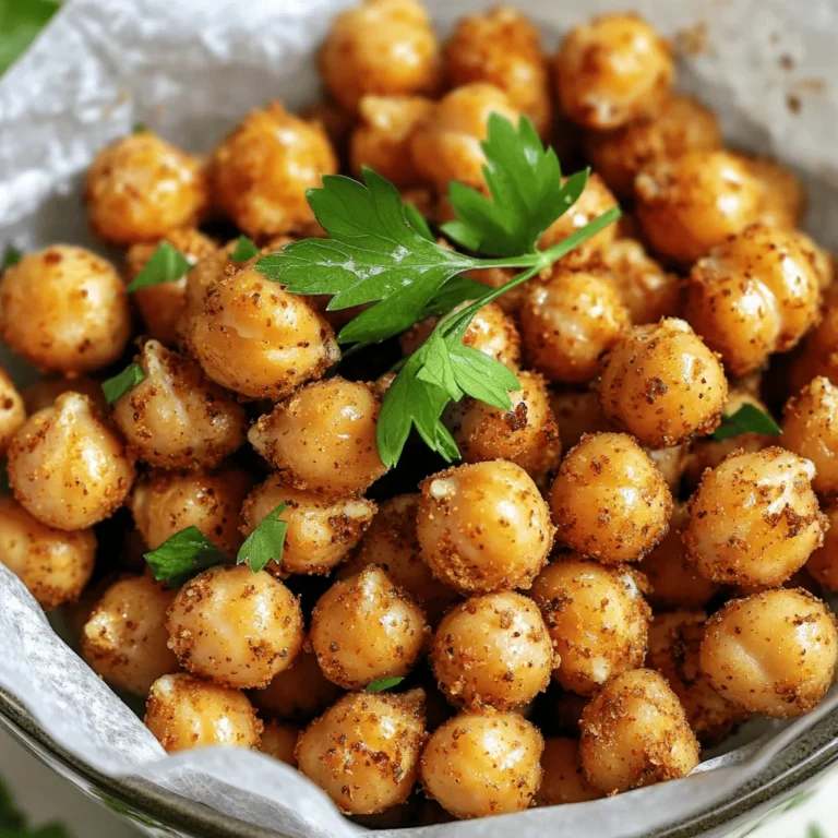- 1 can (15 oz) chickpeas, drained and rinsed - 1 tablespoon olive oil - Seasonings for flavor enhancement - Garlic powder, smoked paprika, cumin - Alternate spices such as cayenne pepper - Air fryer - Mixing bowl - Kitchen towel or paper towels for drying To make crispy air fryer chickpeas, gather your main ingredients first. You will need one can of chickpeas. Drain and rinse them well. This step pulls off the salt and brine, giving you a clean taste. Next, you'll need a tablespoon of olive oil. This oil helps the chickpeas get that nice, crunchy texture. For flavor, choose your seasonings. Garlic powder adds a nice touch. Smoked paprika gives a smoky taste, while cumin brings warmth. If you like heat, cayenne pepper is a great option. Mix and match these spices based on your taste. You also need a few tools. An air fryer is key for cooking. A mixing bowl helps you combine the ingredients. Lastly, grab a kitchen towel or paper towels. These are important for drying the chickpeas well. Dry chickpeas crisp up better in the air fryer. For the full recipe, check out the guide. It details all the steps to make this tasty snack. - Preheat the air fryer to 400°F (200°C). - Drain and rinse the chickpeas, then pat them dry. I find that drying the chickpeas well is key. Too much moisture makes them soggy. Use a clean kitchen towel or paper towel. Get them as dry as possible. - Combine chickpeas with olive oil and spices in a mixing bowl. - Ensure even coating for optimal flavor. In a large bowl, mix the dried chickpeas with one tablespoon of olive oil. Then, add garlic powder, smoked paprika, cumin, salt, black pepper, and optional cayenne for some heat. Toss them well. You want every chickpea to be coated in flavor. This step makes all the difference. - Transfer chickpeas to the air fryer basket. - Cook for 12-15 minutes, shaking halfway for even cooking. Spread the chickpeas in a single layer in the air fryer basket. This helps them cook evenly. Set the timer for 12-15 minutes. Shake the basket halfway through to avoid burning. Watch them closely. They should turn golden brown and crunchy. When done, let them cool slightly. They will get even crispier as they cool. For the full recipe, check the details above. To get the best crunch from your chickpeas, drying them is key. After rinsing, lay them out on a towel. Pat them dry until no moisture remains. This step helps them crisp up nicely in the air fryer. Next, keep an eye on the cooking time. I usually set my timer for 12 to 15 minutes. Halfway through, I shake the basket to ensure they cook evenly. This way, they won’t burn and will come out perfectly golden. You can try many spices to give your chickpeas a flavor lift. Garlic powder and smoked paprika work well, but don’t stop there! Have fun experimenting with other spices like curry powder or oregano. After cooking, a squeeze of lemon juice makes a big difference. It adds freshness that brightens up the flavors. Trust me, it's a small step that packs a punch! Crispy chickpeas can be used in many ways. Enjoy them as a snack, add them to salads, or serve them as a side dish. They add great texture and flavor to meals. For presentation, serve them in a bowl lined with parchment paper. Add fresh herbs like parsley or cilantro on top for color. This makes them look even more inviting, especially when sharing at gatherings. For the full recipe, check out the Crunchy Air Fryer Chickpeas section! {{image_2}} You can mix up the flavor of crispy air fryer chickpeas in fun ways. For a spicy kick, add extra cayenne or chili powder. This will make your snack fiery and exciting. If you prefer something sweet, try a mix of cinnamon and sugar. This sweet version makes a delightful treat that both kids and adults will love. You can also swap some ingredients for more options. Using dried chickpeas instead of canned is one choice. If you go this route, soak them overnight and cook them before air frying. Another swap is the oil. Instead of olive oil, use avocado oil for a different taste and health boost. Crispy air fryer chickpeas are very versatile. They are vegan-friendly, so everyone can enjoy them. Plus, they are gluten-free, making them a great snack for those with gluten sensitivities. This means you can share these crispy delights with many friends and family! For the full recipe, check out the details above. To keep your crispy air fryer chickpeas fresh, store them in an airtight container. This helps prevent moisture from making them soggy. I recommend using a glass or plastic container with a tight seal. You can also line the bottom with paper towels to absorb any excess moisture. If your chickpeas lose their crispiness, you can easily revive them. The air fryer is perfect for this. Just preheat it to 400°F (200°C) and air fry the chickpeas for about 5 minutes. This method brings back their crunch. If you prefer an oven, spread them on a baking sheet and heat at 350°F (175°C) for 10-12 minutes. Keep an eye on them to avoid burning. Crispy air fryer chickpeas stay fresh for about 3-5 days when stored properly. Check for signs of spoilage, like a stale smell or soft texture. If they feel soft or have an off smell, it’s best to toss them out. Enjoy your snack while it’s at its best! You can serve crispy air fryer chickpeas in many ways. They make a great snack on their own. Try them on salads for added crunch and flavor. They also pair well with dips like hummus or tzatziki. Another idea is to mix them into grain bowls. The chickpeas add protein and a nice texture. You can even sprinkle them on soups for a crunchy topping. You can still get crunchy chickpeas without an air fryer! First, rinse and dry your chickpeas as before. Then, you can roast them in the oven. Preheat your oven to 400°F (200°C). Spread the chickpeas on a baking sheet in a single layer. Drizzle with olive oil and sprinkle with spices. Roast for about 25-30 minutes, shaking the pan halfway through. Keep an eye on them to avoid burning. Yes, you can use dried chickpeas! Start by soaking them overnight in water. This helps them soften. The next day, drain and rinse the chickpeas. Then, boil them for about 1-1.5 hours until tender. After that, follow the steps from the Full Recipe. Make sure to dry them well before seasoning and cooking for the best crunch. In this blog post, we explored how to make crispy chickpeas in an air fryer. You learned about the main ingredients, the right tools, and step-by-step instructions for perfect results. We also discussed tips for crispiness and fun variations to try. Finally, I shared storage methods to keep your chickpeas fresh and crunchy. Crispy chickpeas make a great snack or topping. Enjoy experimenting with flavors and sharing them with friends!