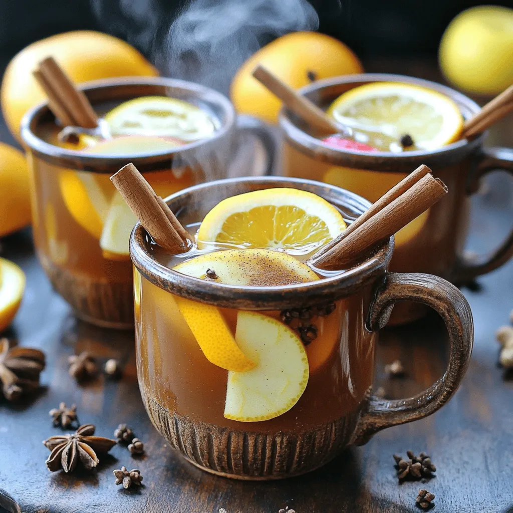 To make the best spiced apple cider, you need a few simple items. Here’s what you will need: - 8 cups apple cider - 1 orange, sliced - 1 lemon, sliced - 4 cinnamon sticks - 5 whole cloves - 5 whole allspice berries - 1 inch piece of fresh ginger, peeled and sliced - 1 tablespoon brown sugar (optional for sweetness) - Fresh apple slices for garnish When you gather these ingredients, you set the stage for a cozy drink. The apple cider brings warmth, while the orange and lemon add bright flavors. The spices like cinnamon and cloves create a comforting aroma. Fresh ginger gives a slight kick that makes it special. You can adjust the brown sugar to make it sweeter if you like. This recipe is easy to follow, and you can find the full recipe elsewhere in this article. Enjoy making your spiced apple cider! - Pour apple cider into a large pot and place over medium heat. - Add sliced orange, sliced lemon, cinnamon sticks, whole cloves, whole allspice berries, and slices of ginger. - Stir gently and bring to a simmer. - Reduce heat to low and let steep for 20-30 minutes. - Stir in brown sugar if you want added sweetness. - Strain the mixture through a fine-mesh sieve to remove spices and fruit. - Serve warm in mugs garnished with fresh apple slices. This recipe gives you a cozy drink full of fall flavors. For the complete recipe, check the [Full Recipe]. To make the best spiced apple cider, use freshly pressed apple cider. Fresh cider brings out vibrant flavors. Adjust the sweetness to fit your taste. You can add brown sugar or skip it entirely. If you like a deeper flavor, simmer the cider longer. This helps all the spices mix well and makes it rich. For a festive look, serve your cider with cinnamon sticks. Add colorful apple slices for a pop of color. You can also pair it with seasonal snacks. Think of treats like cookies or cheese. This makes for a cozy gathering. Get creative with your spiced apple cider! Try different spices or fruits. Maybe add nutmeg or star anise for a twist. For an adult version, add a splash of rum or whiskey. This gives your cider a warm kick. Each variation can make this drink your own. Check out the Full Recipe for exact measurements and instructions. {{image_2}} Apples are full of fiber. This helps keep your heart healthy. Eating apples may lower cholesterol levels. They are also low in calories. This makes them a good choice for snacks. Cinnamon and ginger do more than flavor your drink. Both have immune-boosting powers. They can help fight off colds and infections. These spices also add a warm, cozy taste to your cider. Citrus fruits, like oranges and lemons, bring antioxidants. Antioxidants help protect your body from damage. They can also boost your skin health. The vitamin C in these fruits supports your immune system. Drinking spiced apple cider aids digestion. It helps your body break down food better. This can make you feel lighter and more energized. Spiced apple cider also keeps you hydrated. Staying hydrated is key for good health. Warm drinks can soothe your throat on chilly days. So, sip on this cider and enjoy its many benefits. For a delightful experience, try the [Full Recipe]. You can make a tasty kid-friendly spiced cider by leaving out the alcohol. This simple change keeps the fun without the buzz. You can also add your favorite fruit juices. Apple juice works great, but pear or cranberry juice can add nice twists. If you want to spike your spiced apple cider, it’s easy! You can add rum, bourbon, or even brandy. Each spirit brings its own flavor. Rum adds warmth, while bourbon gives a sweet kick. Just mix in a shot or two for that extra boost. As the seasons change, so can your cider. For fall gatherings, keep the spices warm and cozy. Use more cinnamon and cloves for that festive feel. In winter, you can up the spice levels even more for holiday cheer. Adjust the flavors to match the mood and fun of your celebration. For the complete spiced apple cider recipe, check the Full Recipe section. To store leftover spiced apple cider, pour it into a clean, airtight container. This helps keep flavors fresh. Place the container in the fridge right away. Your cider will stay fresh for up to one week. If you want to enjoy it later, freezing is a great option. When you reheat spiced apple cider, do it gently. Pour it into a pot and warm it over low heat. Stir it often to keep it from sticking to the bottom. Avoid using high heat, as it can burn the cider and change the taste. To freeze spiced apple cider, first, let it cool down. Pour it into freezer-safe bags or containers, leaving some space for expansion. Seal them tightly and label with the date. When you want to serve it, take the cider out and thaw it in the fridge overnight. You can also warm it on the stove once it’s thawed and ready to enjoy. For the best apple cider, I recommend using a mix of sweet and tart apples. Here are some great choices: - Honeycrisp - Fuji - Gala - Granny Smith - Braeburn These apples give your cider a balanced flavor. Sweet apples add natural sugar, while tart ones bring a pleasant zing. Mixing different types enhances the taste and aroma. Yes, you can easily make spiced apple cider in a slow cooker! Just follow these steps: 1. Pour the apple cider into your slow cooker. 2. Add the sliced orange, lemon, cinnamon sticks, cloves, allspice berries, and ginger. 3. Set the slow cooker on low heat for 4-6 hours. 4. Stir occasionally, allowing the spices to infuse fully. 5. At the end, strain the mixture to remove solids before serving. This method lets the flavors blend beautifully without constant attention. Absolutely! Spiced apple cider is naturally vegan-friendly. Just use plant-based ingredients. If you want to sweeten it, use maple syrup or agave nectar instead of brown sugar. This keeps it vegan and adds a unique flavor. You can definitely adjust the spices! Here are some tips: - Add more cinnamon for extra warmth. - Try less ginger if you prefer a milder taste. - Use fewer cloves for a lighter flavor. Feel free to experiment with your favorite spices. This will make the cider truly yours. To sum up, we explored the delightful journey of making spiced apple cider. We covered the essential ingredients, step-by-step cooking methods, and tips to enhance flavor. You also learned about health benefits and variations for all ages. Feel free to experiment with spices and presentation ideas to make it your own. As you enjoy your warm cider, remember that it's not just a drink; it's a cozy experience to share. Spice up your gatherings with this simple yet rewarding recipe!