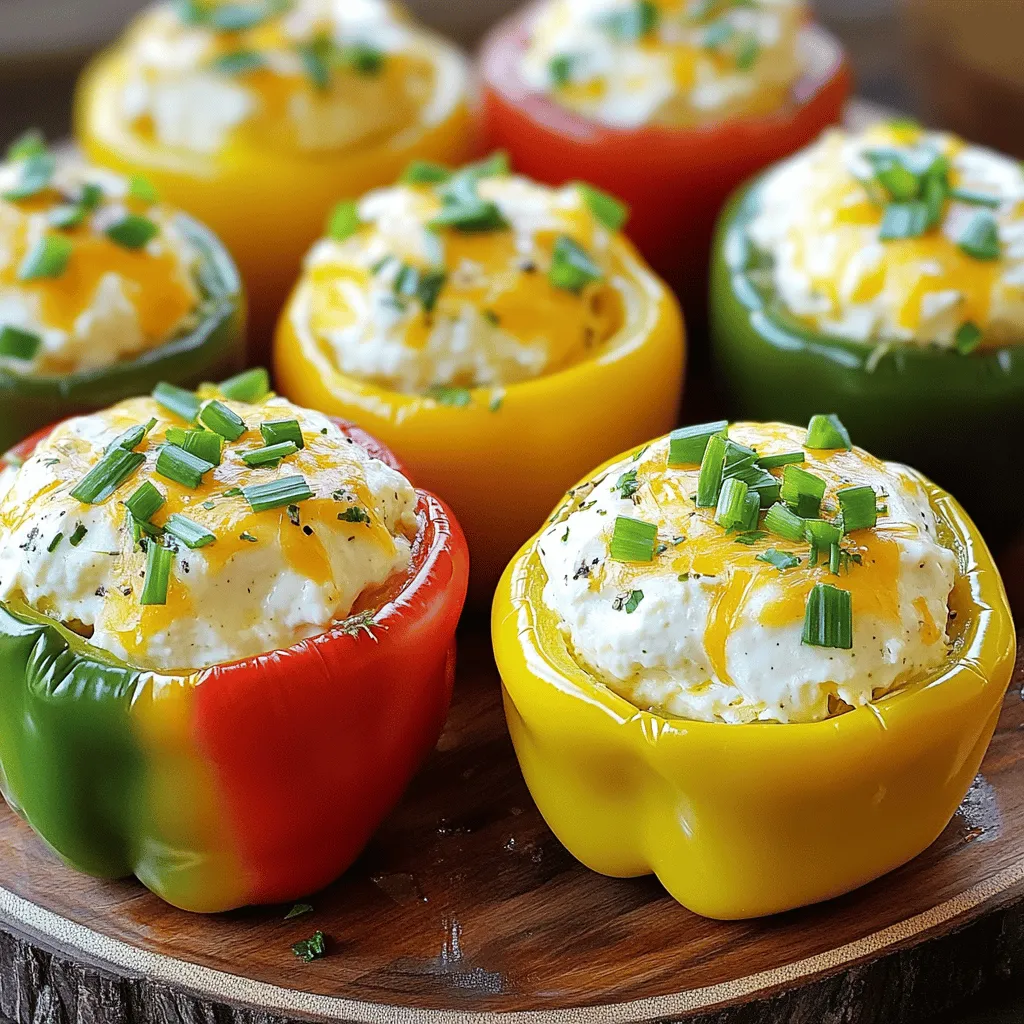 To make cream cheese stuffed peppers, you will need: - 4 medium bell peppers (any color) - 8 oz cream cheese, softened - 1 cup shredded cheddar cheese - 1/2 cup cooked quinoa or rice (optional for heartiness) - 1/4 cup green onions, finely chopped - 1 clove garlic, minced - 1 teaspoon Italian seasoning - Salt and pepper to taste - Olive oil for drizzling These ingredients create a creamy, cheesy filling that pairs well with the sweet peppers. You can add some fun twists to your stuffing. Consider these options: - Cooked ground meat like turkey or beef - Black beans for protein and fiber - Corn for a touch of sweetness - Diced tomatoes for moisture and flavor - Spices like cumin or chili powder for a kick Feel free to mix and match according to your taste! To prepare the stuffed peppers, gather these items: - A sharp knife for cutting the peppers - A baking dish to hold the peppers - A mixing bowl for the filling - An aluminum foil to cover the dish while baking - A spoon for stuffing the peppers Having the right tools makes the cooking process smooth and enjoyable. For the full recipe, check the detailed instructions provided. Start by preheating your oven to 375°F (190°C). This temperature helps the peppers cook evenly. Next, take your bell peppers and cut off the tops. Make sure to remove all the seeds and membranes inside. You want them nice and clean for stuffing. Set the cleaned peppers aside; they are ready to be filled with our creamy mixture. In a large bowl, combine the softened cream cheese and shredded cheddar cheese. Use a fork or spatula to mix them until smooth. Then, add the cooked quinoa or rice if you want a heartier dish. Next, toss in the chopped green onions, minced garlic, Italian seasoning, and a pinch of salt and pepper. Mix everything well until it forms a delicious filling. This step is key for great flavor in every bite. Now it's time to stuff the peppers! Carefully fill each pepper with the cream cheese mixture. Press it down gently to pack it in. Place the stuffed peppers upright in a baking dish. Drizzle a little olive oil on top for extra flavor. Cover the dish with aluminum foil to keep the moisture in. Bake for 25 minutes. After that, remove the foil and bake for another 10 to 15 minutes. This will make the peppers tender and give the tops a nice golden brown color. Once done, let them cool for a few minutes before serving. Enjoy your colorful and tasty treat! When stuffing peppers, choose firm ones. They hold the filling well. Cut off the tops and remove the seeds. This step keeps the filling intact. Pack the filling tightly. This helps prevent it from spilling out during cooking. Ovens can vary, so keep an eye on your peppers. Start with 25 minutes covered. Then, uncover and bake for another 10-15 minutes. You want the peppers tender, and the tops golden. Adjust time if your peppers are larger or smaller. To boost flavor, add spices. Try smoked paprika or a dash of cayenne. Fresh herbs, like basil or parsley, can brighten the dish. Serve with a squeeze of lemon juice. This adds freshness and balances the creaminess of the cheese. For the full recipe, check out the details above. {{image_2}} You can make cream cheese stuffed peppers vegetarian by using plant-based cheese. This keeps the dish creamy and delicious without any animal products. You can also replace the quinoa or rice with black beans or lentils for protein. These options add a hearty touch and extra flavors. Mixing different cheeses can change the taste. Try using goat cheese for a tangy kick. Feta cheese also works well for a briny flavor. You can even use mozzarella for a stretchy, cheesy texture. Don’t be afraid to experiment with flavors. Each cheese brings its own unique twist. Want to spice things up? Add chopped veggies like spinach, zucchini, or mushrooms to the filling. You can also mix in some cooked sausage or ground turkey for more protein. For a spicy kick, add jalapeños or red pepper flakes. Each ingredient can transform the dish into a new delight. Check out the Full Recipe for more creative ideas. You can store your cream cheese stuffed peppers in the fridge. Place them in an airtight container. They will stay fresh for about 3 to 5 days. If you want to keep them longer, consider freezing them instead. Freezing is a great way to save stuffed peppers. First, let them cool completely. Then, wrap each pepper in plastic wrap. Place them in a freezer-safe bag or container. They can last up to 3 months in the freezer. When you want to eat them, just thaw them in the fridge overnight. To reheat, start by preheating your oven to 375°F (190°C). Remove the peppers from their container. Place them on a baking sheet. Cover them with foil to keep moisture in. Bake for about 20 minutes or until hot. You can also use a microwave for quick reheating. Just place a pepper on a microwave-safe plate and heat for 1-2 minutes. Enjoy your tasty treat! Yes, you can use many types of peppers. Bell peppers are common, but you can try jalapeños, poblano, or Anaheim peppers. Each pepper adds a unique taste. For a spicy kick, use jalapeños. For a milder flavor, stick with bell peppers. Experiment and find your favorite! This recipe is easy to make gluten-free. Ensure your cream cheese and other toppings are gluten-free. The quinoa or rice is a great addition. Just check their labels. Most brands are gluten-free, but it's good to confirm. This way, everyone can enjoy the dish! Cream cheese stuffed peppers shine as a main dish. Serve them with a fresh side salad for color and crunch. You could pair them with rice or quinoa for a heartier meal. Top with extra cheese or herbs for fun. Get creative and enjoy! In this blog post, we covered the key ingredients and tools for making cream cheese stuffed peppers. You learned how to prepare the peppers, mix the filling, and bake them to perfection. We shared tips for better stuffing and flavors that pop. Plus, I offered variations you can try and storage tips to keep them fresh. My final thoughts? Enjoy experimenting with this recipe. You can make it your own with simple changes, no matter your tastes. Happy cooking!