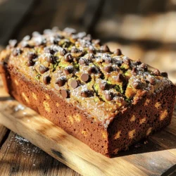 Here is what you need to make the best chocolate chip zucchini bread: - 2 cups grated zucchini (about 1 large zucchini) - 1 cup all-purpose flour - 1 cup whole wheat flour - 1 teaspoon baking soda - 1 teaspoon baking powder - 1/2 teaspoon salt - 1 teaspoon ground cinnamon - 1/4 teaspoon nutmeg (optional) - 1/2 cup granulated sugar - 1/2 cup brown sugar, packed - 1/2 cup vegetable oil (or melted coconut oil) - 3 large eggs - 1 teaspoon vanilla extract - 1 cup semi-sweet chocolate chips - 1/2 cup chopped walnuts or pecans (optional) These ingredients come together to create a moist and sweet bread. The zucchini adds moisture and fiber, while the chocolate chips bring rich flavor. The mix of all-purpose and whole wheat flour gives the bread a nice texture. You can even add nuts for crunch. Make sure your zucchini is fresh and grated well. This helps it blend into the batter smoothly. You can find the full recipe above. 1. Preheat the oven and prepare the pan: Set your oven to 350°F (175°C). Grease a 9x5 inch loaf pan or line it with parchment paper. This helps the bread release easily later. 2. Mix wet ingredients thoroughly: In a large bowl, combine 2 cups of grated zucchini, 1/2 cup of vegetable oil, 1/2 cup of granulated sugar, and 1/2 cup of brown sugar. Add 3 large eggs and 1 teaspoon of vanilla extract. Mix well until everything is combined. 3. Combine dry ingredients separately: In another bowl, whisk together 1 cup of all-purpose flour, 1 cup of whole wheat flour, 1 teaspoon of baking soda, 1 teaspoon of baking powder, 1/2 teaspoon of salt, 1 teaspoon of ground cinnamon, and 1/4 teaspoon of nutmeg if you like. This keeps the bread fluffy. 1. Gradually incorporate dry ingredients into wet: Slowly add the dry mix to the wet mix. Stir gently until just combined. It’s okay if the batter is a bit lumpy. Overmixing can make the bread tough. 2. Fold in chocolate chips and nuts: Gently fold in 1 cup of semi-sweet chocolate chips and 1/2 cup of chopped walnuts or pecans, if you want them. This adds great flavor and crunch. 1. Pour batter into the loaf pan: Carefully pour the batter into your prepared loaf pan. Spread it evenly for even cooking. 2. Bake and check for doneness: Place the pan in the oven. Bake for 50-60 minutes. Check with a toothpick; if it comes out clean, the bread is done. 3. Cooling process after baking: Once baked, remove the pan from the oven. Let it cool in the pan for about 10 minutes. Then, transfer the bread to a wire rack to cool completely. This step is key for a nice texture. Follow these steps for a delicious Chocolate Chip Zucchini Bread. For the complete list of ingredients and more details, check the Full Recipe. To keep your bread moist but not soggy, squeeze the grated zucchini. Use a clean kitchen towel to wring out excess water. This gives you the right balance of moisture. When adding chocolate chips, toss them in a bit of flour first. This helps them stay suspended in the batter. You can use semi-sweet or dark chocolate chips for a richer taste. Mix your batter gently. Stir just until combined; lumps are okay. Overmixing makes the bread tough, and nobody wants that! One big mistake is not preparing the zucchini properly. Always squeeze out the extra moisture. This step is key for the right texture in your bread. Another pitfall is baking time. Overbaking makes the bread dry, while underbaking leaves it gooey. Use a toothpick to check for doneness; it should come out clean. Don't ignore ingredient swaps. If you're low on sugar, try using honey or maple syrup. Adjust ratios for best results. {{image_2}} To make this bread gluten-free, swap regular flour for gluten-free flour. You can use a 1:1 gluten-free blend. Look for one that has xanthan gum in it. This helps bind the bread and keeps it from being crumbly. For texture, add a bit more moisture. You might need an extra tablespoon of oil or applesauce. This will help keep the loaf soft and moist. The flavor will remain rich and tasty, thanks to the zucchini and chocolate. To make a vegan version, replace the eggs. Use flaxseed meal mixed with water. For each egg, mix 1 tablespoon of flaxseed meal with 2.5 tablespoons of water. Let it sit for a few minutes to gel. This will act as a binder in your bread. When you switch to plant-based ingredients, the bread may taste slightly different. Use almond milk or soy milk instead of regular milk. This change keeps it moist and adds a nice flavor. You can make your bread even better with some added spices. Try a pinch of nutmeg or a dash of cardamom. These will give it a warm, cozy flavor that pairs well with chocolate. Consider adding fruits or nuts too! Chopped apples or crushed pineapple can add moisture and sweetness. Walnuts or pecans give a nice crunch and rich taste. Feel free to get creative with what you have on hand. For the full recipe, check out the Chocolate Chip Zucchini Bread section. To keep your chocolate chip zucchini bread fresh, wrap it tightly in plastic wrap or foil. This helps prevent it from drying out. You can also place slices in an airtight container. This will keep the moisture locked in, making each bite just as good as the first. The best storage container is a glass or plastic container with a seal. These containers help keep air out and prevent mold. You should store your bread at room temperature for up to three days. If you want to keep it longer, freezing is a great option. To freeze individual slices, first let the bread cool completely. Then, slice the bread into portions. Wrap each slice in plastic wrap, then place the wrapped slices in a freezer bag. Make sure to remove as much air as possible before sealing. For thawing, take a slice out and let it sit at room temperature for about an hour. You can also microwave it for about 15-20 seconds for a quick thaw. This keeps the taste and texture just right. Enjoy your delicious chocolate chip zucchini bread anytime! To know if your zucchini bread is done, look for a few signs. The top should be golden brown. The bread should spring back when you gently press it. You can also check with a toothpick. Insert it into the center of the bread. If it comes out clean or with a few crumbs, your bread is ready. For best results, use a toothpick or cake tester. Insert it into the thickest part of the bread. If it comes out wet, bake for a few more minutes. Keep an eye on it to avoid overbaking. Overbaked bread can be dry. Yes, you can use frozen zucchini. It can save time and reduce waste. Frozen zucchini works well if you prepare it right. Thaw the zucchini and squeeze out excess water. This helps keep the bread from being too wet. Using frozen zucchini can add convenience. It is a great way to use extra zucchini from your garden. Just make sure it is finely grated, similar to fresh zucchini. Zucchini has many health benefits. It is low in calories and packed with nutrients. A cup of grated zucchini has vitamins A, C, and K. It also contains fiber, which helps digestion. Adding vegetables like zucchini to desserts can boost nutrition. It makes baked goods healthier without losing flavor. The moisture from zucchini keeps the bread soft and tasty. Plus, it adds a hidden veggie that kids will enjoy. You can make delicious chocolate chip zucchini bread by following simple steps. We covered the key ingredients, preparation, and baking process. I shared tips to avoid common mistakes and suggested fun variations. Remember, with these methods, you create tasty treats that may surprise anyone. Enjoy your baking, and don't hesitate to get creative. Zucchini adds moisture and nutrition. Try this recipe, and you will love it!