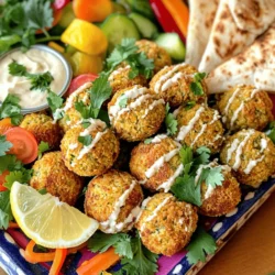 - 1 cup dried chickpeas (soaked overnight) - 1 small onion, roughly chopped - 2 cloves garlic, minced - 1/4 cup fresh parsley, chopped - 1/4 cup fresh cilantro, chopped - 1 teaspoon ground cumin - 1 teaspoon ground coriander - 1/2 teaspoon baking soda - 1 tablespoon lemon juice - Salt and pepper to taste - 2 tablespoons olive oil - Whole wheat pita or lettuce leaves for serving - Optional: tahini sauce or yogurt for drizzling You can swap dried chickpeas for canned ones if you're short on time. Just rinse them well before using. If you don't have fresh herbs, try using dried ones. The flavor may change a bit, but they still work well. Each serving has about 180 calories. You get around 10 grams of protein, 7 grams of fat, and 24 grams of carbs. This makes falafel a great choice for a balanced meal. Chickpeas are rich in fiber and protein. They help keep you full and energized. The fresh herbs add vitamins and minerals. Parsley and cilantro can aid digestion and boost your immune system. Spices like cumin and coriander not only add flavor but also have antioxidant properties. These spices can help reduce inflammation and improve your overall health. Enjoying these crispy baked falafels gives you a tasty meal that’s good for you! Soaking chickpeas is key for making falafel. Dried chickpeas need to soak overnight. This softens them, making them easier to blend. Draining and rinsing is just as important. After soaking, drain the chickpeas well. Rinse them under cold water. This helps remove any grit and ensures a clean taste. Using a food processor makes blending easy. Start by adding the drained chickpeas, onion, garlic, and herbs. Next, add cumin, coriander, baking soda, lemon juice, salt, and pepper. Pulse the mixture until it's coarsely chopped. You want it to hold together when formed into a ball. If it’s too dry, add a splash of water. If too wet, add a bit more chickpea flour. Shaping falafel is fun! Use your hands to form small balls, about 1.5 inches wide. Place them on a baking sheet lined with parchment paper. Preheat your oven to 400°F (200°C). Drizzle olive oil over the falafel. This helps them crisp up in the oven. Bake for 25 to 30 minutes. Halfway through, flip them for even cooking. They are done when golden brown and crispy outside. Enjoy them warm in pita or lettuce leaves. To get crispy falafel, you must coat them in oil. This helps them brown nicely. Use about two tablespoons of olive oil. Make sure to turn each ball in the oil, so they are fully coated. Baking techniques also matter. Preheat your oven to 400°F (200°C). Bake the falafel for 25-30 minutes. Flip them halfway through for even crispiness. They should look golden brown and feel firm. Avoid over-blending your mixture. If you blend too much, it becomes mushy. You want a coarse texture that holds together. Also, don’t skip seasoning. Taste as you go to get the right flavor. Chilling the mixture is key. If you don’t chill it for at least 30 minutes, the falafel may fall apart when baking. Chilling helps them firm up and keeps them intact. Serve your crispy baked falafel with tasty sides. Tahini sauce is a classic choice. It adds a creamy touch. You can also use yogurt for a tangy flavor. For presentation, use a vibrant platter. Garnish with fresh herbs and lemon wedges. Adding pickled vegetables can bring color and extra flavor. This makes your meal not just tasty but also beautiful to look at. For the full recipe, check out the detailed steps above. Enjoy your cooking! {{image_2}} You can change the taste of your falafel by using different herbs and spices. Try adding fresh mint for a refreshing twist. If you want heat, add cayenne pepper or chili powder. You can also mix in spices like smoked paprika for a deeper flavor. Incorporating vegetables into the mixture is a fun way to add nutrition. Grated carrots or zucchini can make the falafel even more colorful and tasty. Just make sure to squeeze out excess water from any veggies to keep the mixture from getting too wet. If you need a gluten-free option, serve falafel in lettuce wraps instead of pita. Romaine or butter lettuce works well. You can also make a delicious falafel salad with greens and your favorite toppings. For a vegan-friendly sauce, swap out yogurt for tahini or a simple avocado dressing. These creamy alternatives will still add richness without the dairy. You could also mix lemon juice with olive oil for a light dressing. Serving your falafel inside pita is classic and easy. Fill it with fresh veggies like tomatoes, cucumbers, and greens. If you prefer a lighter option, create a falafel salad bowl. Start with a base of greens and layer on falafel, cherry tomatoes, and cucumber. Drizzle your favorite sauce on top for added flavor. Enjoy experimenting with these variations to find your favorite way to serve crispy baked falafel! To keep your leftover falafel fresh, use airtight containers. Glass or BPA-free plastic works well. Store them in the fridge for up to three days. Make sure they cool down before sealing to avoid moisture buildup. This helps keep them crispy. You can freeze both raw and cooked falafel. For raw falafel, shape them, then place them on a baking sheet. Freeze until firm, then transfer to a freezer bag. They last for about three months. For cooked falafel, let them cool, then store in a freezer bag. They also last three months. To reheat, bake or pan-fry until hot. To keep falafel crispy, reheating in the oven is best. Preheat your oven to 375°F (190°C). Place falafel on a baking sheet and bake for about 10 minutes. You can also use a toaster oven for smaller batches. Avoid microwaving as it makes them soggy. Always check for warmth inside, ensuring a tasty bite! Yes, you can use canned chickpeas. Just rinse and drain them well. Canned chickpeas have more moisture. You may need to adjust the baking time. A shorter bake may help them stay crispier. To add heat, mix in cayenne pepper or crushed red pepper flakes. You can also try adding diced jalapeños. Adjust the spice level based on your taste. A little goes a long way, so start small. Crispy baked falafel pairs well with fresh salads or dips. Serve with tahini sauce, yogurt, or hummus. Whole wheat pita or lettuce wraps make great vessels too. Add a side of pickled veggies for more crunch. Look for a golden brown color on the outside. They should feel firm but not hard. A crispy texture is key, so check for that. Let them cool slightly before serving for the best taste. Yes, you can prepare falafel in advance. Form the balls and chill them in the fridge. Bake them right before serving for fresh flavor. This makes them perfect for parties or meal prep. For the full recipe, check the detailed instructions above. You now know how to make delicious falafel from scratch. We covered the essential ingredients, with tips on swaps and measurements. The step-by-step guide helped you prep, blend, shape, and bake perfectly crispy falafel. Don't forget the variations that let you tailor the flavor to your taste. Lastly, the storage tips ensure your leftovers stay fresh. Enjoy creating these healthy, tasty bites, and share them with friends or family. Happy cooking!