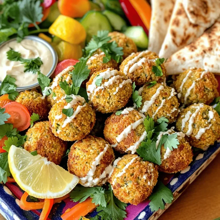 - 1 cup dried chickpeas (soaked overnight) - 1 small onion, roughly chopped - 2 cloves garlic, minced - 1/4 cup fresh parsley, chopped - 1/4 cup fresh cilantro, chopped - 1 teaspoon ground cumin - 1 teaspoon ground coriander - 1/2 teaspoon baking soda - 1 tablespoon lemon juice - Salt and pepper to taste - 2 tablespoons olive oil - Whole wheat pita or lettuce leaves for serving - Optional: tahini sauce or yogurt for drizzling You can swap dried chickpeas for canned ones if you're short on time. Just rinse them well before using. If you don't have fresh herbs, try using dried ones. The flavor may change a bit, but they still work well. Each serving has about 180 calories. You get around 10 grams of protein, 7 grams of fat, and 24 grams of carbs. This makes falafel a great choice for a balanced meal. Chickpeas are rich in fiber and protein. They help keep you full and energized. The fresh herbs add vitamins and minerals. Parsley and cilantro can aid digestion and boost your immune system. Spices like cumin and coriander not only add flavor but also have antioxidant properties. These spices can help reduce inflammation and improve your overall health. Enjoying these crispy baked falafels gives you a tasty meal that’s good for you! Soaking chickpeas is key for making falafel. Dried chickpeas need to soak overnight. This softens them, making them easier to blend. Draining and rinsing is just as important. After soaking, drain the chickpeas well. Rinse them under cold water. This helps remove any grit and ensures a clean taste. Using a food processor makes blending easy. Start by adding the drained chickpeas, onion, garlic, and herbs. Next, add cumin, coriander, baking soda, lemon juice, salt, and pepper. Pulse the mixture until it's coarsely chopped. You want it to hold together when formed into a ball. If it’s too dry, add a splash of water. If too wet, add a bit more chickpea flour. Shaping falafel is fun! Use your hands to form small balls, about 1.5 inches wide. Place them on a baking sheet lined with parchment paper. Preheat your oven to 400°F (200°C). Drizzle olive oil over the falafel. This helps them crisp up in the oven. Bake for 25 to 30 minutes. Halfway through, flip them for even cooking. They are done when golden brown and crispy outside. Enjoy them warm in pita or lettuce leaves. To get crispy falafel, you must coat them in oil. This helps them brown nicely. Use about two tablespoons of olive oil. Make sure to turn each ball in the oil, so they are fully coated. Baking techniques also matter. Preheat your oven to 400°F (200°C). Bake the falafel for 25-30 minutes. Flip them halfway through for even crispiness. They should look golden brown and feel firm. Avoid over-blending your mixture. If you blend too much, it becomes mushy. You want a coarse texture that holds together. Also, don’t skip seasoning. Taste as you go to get the right flavor. Chilling the mixture is key. If you don’t chill it for at least 30 minutes, the falafel may fall apart when baking. Chilling helps them firm up and keeps them intact. Serve your crispy baked falafel with tasty sides. Tahini sauce is a classic choice. It adds a creamy touch. You can also use yogurt for a tangy flavor. For presentation, use a vibrant platter. Garnish with fresh herbs and lemon wedges. Adding pickled vegetables can bring color and extra flavor. This makes your meal not just tasty but also beautiful to look at. For the full recipe, check out the detailed steps above. Enjoy your cooking! {{image_2}} You can change the taste of your falafel by using different herbs and spices. Try adding fresh mint for a refreshing twist. If you want heat, add cayenne pepper or chili powder. You can also mix in spices like smoked paprika for a deeper flavor. Incorporating vegetables into the mixture is a fun way to add nutrition. Grated carrots or zucchini can make the falafel even more colorful and tasty. Just make sure to squeeze out excess water from any veggies to keep the mixture from getting too wet. If you need a gluten-free option, serve falafel in lettuce wraps instead of pita. Romaine or butter lettuce works well. You can also make a delicious falafel salad with greens and your favorite toppings. For a vegan-friendly sauce, swap out yogurt for tahini or a simple avocado dressing. These creamy alternatives will still add richness without the dairy. You could also mix lemon juice with olive oil for a light dressing. Serving your falafel inside pita is classic and easy. Fill it with fresh veggies like tomatoes, cucumbers, and greens. If you prefer a lighter option, create a falafel salad bowl. Start with a base of greens and layer on falafel, cherry tomatoes, and cucumber. Drizzle your favorite sauce on top for added flavor. Enjoy experimenting with these variations to find your favorite way to serve crispy baked falafel! To keep your leftover falafel fresh, use airtight containers. Glass or BPA-free plastic works well. Store them in the fridge for up to three days. Make sure they cool down before sealing to avoid moisture buildup. This helps keep them crispy. You can freeze both raw and cooked falafel. For raw falafel, shape them, then place them on a baking sheet. Freeze until firm, then transfer to a freezer bag. They last for about three months. For cooked falafel, let them cool, then store in a freezer bag. They also last three months. To reheat, bake or pan-fry until hot. To keep falafel crispy, reheating in the oven is best. Preheat your oven to 375°F (190°C). Place falafel on a baking sheet and bake for about 10 minutes. You can also use a toaster oven for smaller batches. Avoid microwaving as it makes them soggy. Always check for warmth inside, ensuring a tasty bite! Yes, you can use canned chickpeas. Just rinse and drain them well. Canned chickpeas have more moisture. You may need to adjust the baking time. A shorter bake may help them stay crispier. To add heat, mix in cayenne pepper or crushed red pepper flakes. You can also try adding diced jalapeños. Adjust the spice level based on your taste. A little goes a long way, so start small. Crispy baked falafel pairs well with fresh salads or dips. Serve with tahini sauce, yogurt, or hummus. Whole wheat pita or lettuce wraps make great vessels too. Add a side of pickled veggies for more crunch. Look for a golden brown color on the outside. They should feel firm but not hard. A crispy texture is key, so check for that. Let them cool slightly before serving for the best taste. Yes, you can prepare falafel in advance. Form the balls and chill them in the fridge. Bake them right before serving for fresh flavor. This makes them perfect for parties or meal prep. For the full recipe, check the detailed instructions above. You now know how to make delicious falafel from scratch. We covered the essential ingredients, with tips on swaps and measurements. The step-by-step guide helped you prep, blend, shape, and bake perfectly crispy falafel. Don't forget the variations that let you tailor the flavor to your taste. Lastly, the storage tips ensure your leftovers stay fresh. Enjoy creating these healthy, tasty bites, and share them with friends or family. Happy cooking!