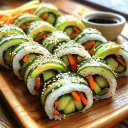 To make easy veggie sushi rolls, gather these ingredients: - 1 cup sushi rice - 1 ¼ cups water - 2 tablespoons rice vinegar - 1 tablespoon sugar - ½ teaspoon salt - 4 sheets nori (seaweed) - 1 small cucumber, julienned - 1 small carrot, julienned - 1 ripe avocado, sliced - ¼ red bell pepper, julienned - 2 tablespoons sesame seeds - Soy sauce, for serving If you don’t have some ingredients, here are easy swaps: - Sushi rice can be replaced with short-grain rice. - Rice vinegar can be swapped for apple cider vinegar. - Sugar can be replaced with agave syrup or honey. - Nori can be replaced with thin slices of cucumber for a wrap. - You can use any veggies you like, such as bell peppers or radishes. You will need a few tools to make these sushi rolls: - A bamboo sushi mat (or a clean kitchen towel) - A sharp knife for slicing - A saucepan for cooking rice - A bowl for mixing rice vinegar and sugar - A clean cutting board for assembling sushi This list covers everything you need to start making your easy veggie sushi rolls. Get your gear ready and enjoy the process! For a full recipe, check out the Easy Veggie Sushi Rolls 🥒 section above. To make great sushi, start with the rice. Rinse 1 cup of sushi rice under cold water. Keep rinsing until the water runs clear. This step removes extra starch and helps the rice cook well. Drain the rice in a colander. Next, combine the rinsed rice and 1 ¼ cups water in a saucepan. Bring it to a boil over high heat. Once boiling, lower the heat and cover the pan. Let it simmer for 18 to 20 minutes. The rice should become tender and absorb all the water. While the rice cooks, mix 2 tablespoons of rice vinegar, 1 tablespoon of sugar, and ½ teaspoon of salt in a bowl. Microwave this mix for 15 to 20 seconds. Stir until the sugar dissolves. When the rice is done, move it to a large bowl. Fold in the vinegar mix gently. Let the rice cool to room temperature. Now it's time to assemble! Take 1 sheet of nori and place it on a bamboo sushi mat or a clean surface. Make sure the shiny side faces down. Wet your hands to avoid sticking. Spread a thin layer of sushi rice over the nori. Leave about an inch at the top edge. Next, add your fillings. Lay julienned cucumber, carrot, sliced avocado, and red bell pepper across the center of the rice. Feel free to use any veggies you like! For extra crunch, sprinkle 2 tablespoons of sesame seeds over the fillings. Now for the fun part—rolling! Start at the edge of the mat closest to you. Carefully roll the sushi away from you, pressing gently to form a tight roll. When you reach the top, dampen the edge of the nori with water to seal it. Repeat this process for the remaining nori sheets and fillings. Once you have all your rolls, slice each one into bite-sized pieces. Use a sharp knife for clean cuts. Wipe the knife with a damp cloth between cuts to keep it tidy. Serve your sushi rolls on a platter with soy sauce for dipping. Enjoy your delicious creation! For the full recipe, check out the Easy Veggie Sushi Rolls 🥒 section. To make great sushi, you need perfect sushi rice. Start with high-quality sushi rice. Rinse it under cold water until clear. This removes extra starch. Use a rice cooker or saucepan for cooking. Combine one cup of sushi rice with 1 ¼ cups of water. Bring it to a boil, then lower the heat. Cover it and let it simmer for 18-20 minutes. When it's done, let it sit for a few minutes. Mix rice vinegar, sugar, and salt while it cools. Fold this mix into the rice gently. This adds flavor and shine. Rolling sushi can be tricky, but with practice, it becomes easy. Use a bamboo sushi mat to help you roll. Always place the nori shiny side down. Wet your hands before handling the rice. This keeps it from sticking to your fingers. Spread the sushi rice evenly, leaving space at the top. Place your fillings in the center. When you start to roll, keep it tight but not too tight. Use the mat to guide the roll. Dampen the edge of the nori to seal it. Practice makes perfect, so don’t worry if it's not perfect the first time! Make your sushi roll pop with flavor and color. Try adding fresh herbs like cilantro or mint for a twist. You can use flavored rice vinegar to add depth. Sprinkling sesame seeds on top adds crunch and looks great too. For a fun presentation, slice the rolls at a slight angle. Arrange them on a platter with colorful garnishes like pickled ginger or wasabi. Serve with soy sauce, or try a spicy mayo for a kick. Explore different combinations to find what you love best. For the full recipe, check out the Easy Veggie Sushi Rolls. {{image_2}} You can get creative with your veggie sushi rolls. Try using different fillings for fun flavors. Here are some tasty ideas: - Spinach: Fresh, crunchy, and packed with nutrients. - Mango: Adds a sweet twist and bright color. - Radish: Crunchy and spicy for a unique kick. - Pickled vegetables: Great for adding tang and depth. - Cream cheese: A smooth texture that pairs well with veggies. Feel free to mix and match these ingredients to find your favorites. Each variation brings a new taste and texture to your sushi. Making sushi to fit your diet is easy. The recipe is already vegan, as it contains no animal products. For gluten-free options, choose gluten-free soy sauce. Here are some tips: - Rice: Always check that your sushi rice is gluten-free. - Nori: Most nori is gluten-free, but verify the label. - Fillings: Use fresh veggies and fruits that fit your diet. With these swaps, you can enjoy sushi without worry. Dipping sauces can elevate your sushi experience. Here are some easy and tasty options: - Soy sauce: A classic choice that adds saltiness. - Wasabi: For a spicy kick, add a little to your soy sauce. - Spicy mayo: Mix mayonnaise with sriracha for creaminess and heat. - Sesame oil: Drizzle this for a rich flavor. - Peanut sauce: Creamy and nutty, it pairs well with fresh veggies. Experiment with these sauces to find your perfect match. They add flavor and fun to your sushi rolls. For the full recipe, check out the complete guide. To keep leftover sushi rolls fresh, wrap them tightly in plastic wrap. This will help keep air out. You can also place them in an airtight container. Store the rolls in the fridge for up to 24 hours. Sushi rice can dry out, so do not leave them out for too long. For the best taste, eat sushi rolls the same day you make them. If you cannot do this, store them properly. Keep your sushi rice moist to maintain the right texture. Avoid adding extra sauces or toppings until you are ready to eat. This will help keep the flavors fresh. Sushi is best served cold, but if you want to reheat it, do so carefully. You can microwave sushi for about 10 seconds. Make sure to cover it with a damp paper towel. This will help prevent it from drying out. However, keep in mind that reheating may change the texture and taste. Enjoy your Easy Veggie Sushi Rolls fresh from the kitchen! For the full recipe, refer to the section above. To make sushi rice, start with 1 cup of sushi rice. Rinse it under cold water until the water runs clear. This step removes excess starch and helps the rice stick. Then, combine the rinsed rice with 1 ¼ cups of water in a saucepan. Bring it to a boil over high heat. Lower the heat, cover, and simmer for about 18-20 minutes. The rice should be tender and the water fully absorbed. Once cooked, mix 2 tablespoons of rice vinegar, 1 tablespoon of sugar, and ½ teaspoon of salt in a bowl. Microwave it for 15-20 seconds to dissolve the sugar. After the rice is done cooking, fold in this mixture gently. Let the rice cool to room temperature before using it for your sushi rolls. This process gives your sushi rice that perfect flavor and sticky texture. Yes, you can make sushi ahead of time! However, it’s best to enjoy sushi fresh. If you need to prepare it early, make sure to store it properly. Keep the rolls in an airtight container in the fridge. This helps maintain freshness. Try to eat them within 24 hours to enjoy the best taste. If you have leftover sushi rice, store it in a sealed container at room temperature. Veggie sushi rolls pair well with a variety of sides. Here are some tasty options: - Edamame: Lightly salted and steamed, they add a fun crunch. - Miso Soup: This warm soup is a classic choice that complements sushi. - Pickled Ginger: This adds a zesty bite and helps cleanse the palate. - Seaweed Salad: A refreshing side that enhances your sushi experience. - Soy Sauce: Always a must-have for dipping your sushi rolls. You can mix and match these sides to create a complete meal. Enjoy your homemade veggie sushi rolls with these delightful accompaniments! For the full recipe, check the Easy Veggie Sushi Rolls section above. You learned how to make easy veggie sushi rolls using simple ingredients. We discussed essential equipment and step-by-step instructions, from preparing sushi rice to rolling and slicing. Tips ensured a perfect roll, while variations offered creative ideas. Storage advice helps keep your sushi fresh. Now, you can enjoy making your sushi at home. Experiment with flavors, fillings, and dips. This process can be fun and tasty. Dive in and impress your friends and family with your new skills!