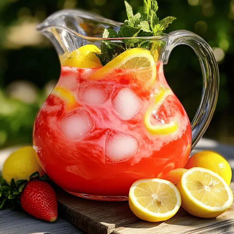 To make fresh strawberry lemonade, gather these items: - 1 cup fresh strawberries, hulled and sliced - 1 cup freshly squeezed lemon juice (about 4-6 lemons) - 3/4 cup granulated sugar (adjust to taste) - 4 cups cold water - Ice cubes - Lemon slices and fresh mint for garnish These fresh ingredients make the drink vibrant and tasty. The strawberries bring natural sweetness, while the lemons add a zesty kick. You will need a few tools to make this drink: - A blender - A fine mesh sieve - A large pitcher - A spoon for stirring These items help you blend, strain, and mix the drink easily. Using the right tools makes the process smooth and fun. This refreshing drink serves about 4-6 people. Each serving has: - Calories: 100 - Carbohydrates: 26 grams - Sugars: 23 grams - Vitamin C: 40% of daily value Fresh strawberry lemonade offers a tasty way to boost hydration. You can enjoy it without guilt on a hot summer day. For the full recipe, check out the [Full Recipe]. To make the strawberry puree, start with fresh strawberries. You need one cup, hulled and sliced. Place them in a blender with half a cup of cold water. Blend until smooth. This step makes the base of your lemonade flavorful. Next, pour the mixture through a fine mesh sieve into a large pitcher. Use a spoon to press down and extract all the juice. Discard any leftover pulp. You want only the pure, vibrant juice. Now it’s time to mix everything together. In your pitcher with the strawberry puree, add one cup of freshly squeezed lemon juice. This is about four to six lemons. Next, pour in the remaining three and a half cups of cold water. Now, stir in three-quarters of a cup of granulated sugar. Mix well until the sugar dissolves completely. Taste the lemonade. If you want it sweeter, add more sugar. Chill the lemonade in the fridge for about 30 minutes. You can also serve it immediately over ice. When serving, fill each glass with ice cubes. Pour the chilled strawberry lemonade over the ice. For a pretty touch, garnish with lemon slices and fresh mint leaves. This adds a nice aroma and flavor. You can enjoy this drink at a picnic, barbecue, or just on a hot day. It’s a refreshing treat that everyone will love. For the full recipe, check the details above. To make the best strawberry lemonade, you need the right sweetness. Start with 3/4 cup of sugar. Taste it as you mix. If you want it sweeter, add more sugar. You can also swap sugar for honey or agave syrup. These options add a nice flavor twist. Straining the strawberry puree is key. Use a fine mesh sieve for this. After blending, pour the puree into the sieve over a pitcher. Press down with a spoon to extract juice. This step helps remove seeds and pulp, giving you a smooth drink. Don’t rush this; take your time to get all the juice out. You can change the flavor of your lemonade easily. Add fresh mint for a cooling taste. You can also mix in other fruits like raspberries or blueberries. If you enjoy a fizzy drink, try adding sparkling water. Just remember to adjust the sweetness if you add more fruit. Get creative and make it your own! {{image_2}} You can add mint for a fresh twist. Start by adding a handful of fresh mint leaves to your blender with the strawberries. Blend them together. This adds a cool flavor that pairs well with the sweet strawberries and tart lemons. When serving, garnish each glass with more mint leaves for a pretty touch. If you want some fizz, use sparkling water instead of still water. After blending and straining the strawberry puree, mix it with the lemon juice and sugar. Then, slowly add the sparkling water. This makes a bubbly drink that adds excitement to your summer days. Get creative by adding other fruits. Try peaches, blueberries, or raspberries. Just blend them with the strawberries. Each fruit adds its own flavor, making your drink unique. You can also mix two or more fruits for a fun twist. Just remember to keep the lemon for that zesty kick. For more ideas, check the Full Recipe. To store leftover lemonade, pour it into a clean pitcher or jar. Seal it tightly. Keep it in your refrigerator. This keeps it fresh and cold for later. Avoid using metal containers, as they can change the taste. Fresh strawberry lemonade lasts about three to five days in the fridge. After three days, check for any changes in smell or taste. If it tastes off, it’s best to toss it. Always keep it sealed to maintain its flavor. You can freeze strawberry lemonade for longer storage. Pour it into ice cube trays. Once frozen, transfer the cubes to a zip-top bag. This way, you can enjoy the flavor later. Just add the cubes to water or a new drink for a refreshing twist. Yes, you can use frozen strawberries. They work great in this drink. Just blend them as you would fresh ones. Keep in mind that frozen strawberries may make your lemonade a bit thicker. You might want to add a little extra water to balance it out. To make your strawberry lemonade less sweet, reduce the sugar. Start with half of what the recipe calls for and taste it. You can always add more sugar later if needed. Another option is to use less strawberry puree. This will give you a more tangy drink. For a fun adult twist, add vodka or rum to your lemonade. Both options blend well with the strawberry and lemon flavors. If you want a fruity touch, try adding peach schnapps. Just mix in about one to two ounces per glass for a refreshing kick. Check out the Full Recipe for more details on how to make this drink. This blog post covered how to make fresh strawberry lemonade. You learned about the ingredients, key equipment, and nutrition. The step-by-step guide showed you how to prepare the puree and mix the drink. Tips helped you balance sweetness and customize flavors. You explored fun variations and storage options. Now, with these easy steps, you can enjoy a refreshing drink. Get creative and try different flavors. Enjoy your strawberry lemonade!