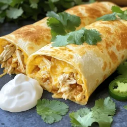 Easy Chicken Chimichangas are a quick and fun meal. This dish combines chicken, beans, and cheese. You can enjoy them crispy and hot right from the pan. The flavors blend well, making every bite delicious. To make these chimichangas, you will need: - 2 cups cooked chicken, shredded - 1 cup refried beans - 1 cup shredded cheese (cheddar or a Mexican blend) - 1 small onion, diced - 1 jalapeño, finely chopped (optional for heat) - 1 teaspoon cumin - 1 teaspoon chili powder - Salt and pepper to taste - 6 large flour tortillas - Oil for frying (vegetable or canola) - Sour cream (for serving) - Fresh cilantro (for garnish) For best results, I suggest using specific brands. Look for high-quality tortillas, like Mission or TortillaLand. They hold up well when frying. For refried beans, try Amy's or Old El Paso. You can choose shredded cheese from brands like Sargento or Kraft for great flavor. If you prefer spice, fresh jalapeños from your local market add a nice kick. Enjoy experimenting with your favorite flavors! Start by gathering your ingredients. You need cooked chicken, refried beans, cheese, onion, jalapeño, cumin, chili powder, salt, and pepper. In a large bowl, mix the shredded chicken, refried beans, diced onion, and jalapeño if you want heat. Add cumin, chili powder, and season with salt and pepper. Mix everything well until it’s combined. The flavors will blend as you prepare the chimichangas. Now, let’s assemble the chimichangas. Take a large flour tortilla and lay it flat. Spoon about one-sixth of the chicken mixture into the center of the tortilla. Fold the sides in first, then roll it up tightly from the bottom. This keeps the filling inside. Repeat this process for the remaining tortillas and filling. Make sure each chimichanga is sealed well to avoid spills while frying. Frying is where the magic happens! Heat oil in a large skillet over medium heat. You need enough oil to cover the bottom of the skillet. Once hot, carefully place each chimichanga seam-side down in the oil. Fry for about 3 to 4 minutes on each side. You want them golden brown and crispy. When they are done, remove them from the skillet and drain on paper towels. This helps get rid of extra oil. Top with the remaining cheese, letting it melt slightly before you serve. Enjoy your delicious, crispy chicken chimichangas! For the full recipe, check the earlier section. When making chicken chimichangas, avoid overfilling the tortillas. If you add too much, they might break. Another mistake is not sealing the edges well. This can cause the filling to leak during frying. Make sure to roll them tightly to keep everything inside. To ensure even cooking, fry the chimichangas in batches. Don’t crowd the pan. This helps the oil stay hot and allows for better crispiness. Also, keep the heat at medium. Too high a heat can burn the outside while leaving the inside cold. If you want more heat, add extra jalapeños or chili powder to the filling. For milder flavors, leave out the jalapeños or use less chili powder. Taste the filling before rolling it in the tortillas. This way, you can adjust the spices to suit your taste. You control the heat! {{image_2}} You can easily make chimichangas vegetarian. Swap the chicken for cooked veggies. Try using black beans, bell peppers, and corn. This mix adds flavor and a nice crunch. You can also use tofu for protein. It soaks up spices well and gives a great texture. Cheese adds a creamy touch to your chimichangas. While cheddar works great, you can mix it up. Try using Monterey Jack for a milder taste. A Mexican blend offers a kick with multiple flavors. You can even add cream cheese for a rich filling. Play with spices to make your chimichangas unique. Add more chili powder for heat. A pinch of smoked paprika brings a nice depth. Fresh herbs like cilantro or parsley can brighten the dish. Don't forget to try lime juice for a tasty twist. Each little change can make a big difference in flavor. For the full recipe, check out the Easy Chicken Chimichangas. To keep your leftover chimichangas fresh, store them in an airtight container. Let them cool first. This helps prevent sogginess. You can also wrap each chimichanga in foil or plastic wrap. Make sure to eat them within 3 to 4 days for the best taste. When you want to enjoy your chimichangas again, reheating is key. The best way is to use the oven. Preheat your oven to 375°F (190°C). Place the chimichangas on a baking sheet and heat for about 15 to 20 minutes. This keeps them crispy. You can also use a microwave, but they won't be as crispy. Heat them for 1 to 2 minutes, checking often. Freezing is a great way to save chimichangas for future meals. Wrap each one tightly in plastic wrap, then foil. This extra layer helps prevent freezer burn. Place them in a freezer bag or container. They can last up to 3 months in the freezer. When you're ready to eat, thaw them in the fridge overnight. Then, reheat in the oven for the best results. For the full recipe, check back to the top! Yes, shredded rotisserie chicken works great in this recipe. It saves you time and adds flavor. Just mix it with the other ingredients as you would with cooked chicken. The result will still be tasty and satisfying. You can make chimichangas healthier by using whole wheat tortillas. This adds fiber and nutrients. You can also use less cheese or choose a low-fat option. Adding more veggies, like peppers or spinach, boosts nutrition too. Bake the chimichangas instead of frying for fewer calories. Many sauces go well with chicken chimichangas. Sour cream is a classic choice. It adds creaminess and cuts through the heat. Guacamole also works nicely for a fresh taste. Salsa is another great option, adding a zesty kick. You can even try a creamy cilantro sauce for a twist. For the full recipe, check out the Easy Chicken Chimichangas. You now have a clear path to make delicious chimichangas. We covered the key ingredients and steps to prepare them perfectly. I shared tips to avoid common mistakes and enhance flavor. You can even customize the recipe with variations. Remember to store leftovers properly for future meals. With these tips, you can enjoy tasty chimichangas any time. Happy cooking!