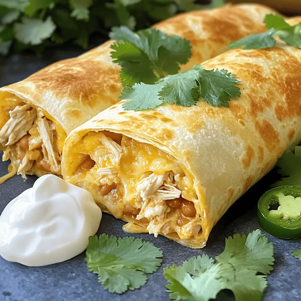 Easy Chicken Chimichangas are a quick and fun meal. This dish combines chicken, beans, and cheese. You can enjoy them crispy and hot right from the pan. The flavors blend well, making every bite delicious. To make these chimichangas, you will need: - 2 cups cooked chicken, shredded - 1 cup refried beans - 1 cup shredded cheese (cheddar or a Mexican blend) - 1 small onion, diced - 1 jalapeño, finely chopped (optional for heat) - 1 teaspoon cumin - 1 teaspoon chili powder - Salt and pepper to taste - 6 large flour tortillas - Oil for frying (vegetable or canola) - Sour cream (for serving) - Fresh cilantro (for garnish) For best results, I suggest using specific brands. Look for high-quality tortillas, like Mission or TortillaLand. They hold up well when frying. For refried beans, try Amy's or Old El Paso. You can choose shredded cheese from brands like Sargento or Kraft for great flavor. If you prefer spice, fresh jalapeños from your local market add a nice kick. Enjoy experimenting with your favorite flavors! Start by gathering your ingredients. You need cooked chicken, refried beans, cheese, onion, jalapeño, cumin, chili powder, salt, and pepper. In a large bowl, mix the shredded chicken, refried beans, diced onion, and jalapeño if you want heat. Add cumin, chili powder, and season with salt and pepper. Mix everything well until it’s combined. The flavors will blend as you prepare the chimichangas. Now, let’s assemble the chimichangas. Take a large flour tortilla and lay it flat. Spoon about one-sixth of the chicken mixture into the center of the tortilla. Fold the sides in first, then roll it up tightly from the bottom. This keeps the filling inside. Repeat this process for the remaining tortillas and filling. Make sure each chimichanga is sealed well to avoid spills while frying. Frying is where the magic happens! Heat oil in a large skillet over medium heat. You need enough oil to cover the bottom of the skillet. Once hot, carefully place each chimichanga seam-side down in the oil. Fry for about 3 to 4 minutes on each side. You want them golden brown and crispy. When they are done, remove them from the skillet and drain on paper towels. This helps get rid of extra oil. Top with the remaining cheese, letting it melt slightly before you serve. Enjoy your delicious, crispy chicken chimichangas! For the full recipe, check the earlier section. When making chicken chimichangas, avoid overfilling the tortillas. If you add too much, they might break. Another mistake is not sealing the edges well. This can cause the filling to leak during frying. Make sure to roll them tightly to keep everything inside. To ensure even cooking, fry the chimichangas in batches. Don’t crowd the pan. This helps the oil stay hot and allows for better crispiness. Also, keep the heat at medium. Too high a heat can burn the outside while leaving the inside cold. If you want more heat, add extra jalapeños or chili powder to the filling. For milder flavors, leave out the jalapeños or use less chili powder. Taste the filling before rolling it in the tortillas. This way, you can adjust the spices to suit your taste. You control the heat! {{image_2}} You can easily make chimichangas vegetarian. Swap the chicken for cooked veggies. Try using black beans, bell peppers, and corn. This mix adds flavor and a nice crunch. You can also use tofu for protein. It soaks up spices well and gives a great texture. Cheese adds a creamy touch to your chimichangas. While cheddar works great, you can mix it up. Try using Monterey Jack for a milder taste. A Mexican blend offers a kick with multiple flavors. You can even add cream cheese for a rich filling. Play with spices to make your chimichangas unique. Add more chili powder for heat. A pinch of smoked paprika brings a nice depth. Fresh herbs like cilantro or parsley can brighten the dish. Don't forget to try lime juice for a tasty twist. Each little change can make a big difference in flavor. For the full recipe, check out the Easy Chicken Chimichangas. To keep your leftover chimichangas fresh, store them in an airtight container. Let them cool first. This helps prevent sogginess. You can also wrap each chimichanga in foil or plastic wrap. Make sure to eat them within 3 to 4 days for the best taste. When you want to enjoy your chimichangas again, reheating is key. The best way is to use the oven. Preheat your oven to 375°F (190°C). Place the chimichangas on a baking sheet and heat for about 15 to 20 minutes. This keeps them crispy. You can also use a microwave, but they won't be as crispy. Heat them for 1 to 2 minutes, checking often. Freezing is a great way to save chimichangas for future meals. Wrap each one tightly in plastic wrap, then foil. This extra layer helps prevent freezer burn. Place them in a freezer bag or container. They can last up to 3 months in the freezer. When you're ready to eat, thaw them in the fridge overnight. Then, reheat in the oven for the best results. For the full recipe, check back to the top! Yes, shredded rotisserie chicken works great in this recipe. It saves you time and adds flavor. Just mix it with the other ingredients as you would with cooked chicken. The result will still be tasty and satisfying. You can make chimichangas healthier by using whole wheat tortillas. This adds fiber and nutrients. You can also use less cheese or choose a low-fat option. Adding more veggies, like peppers or spinach, boosts nutrition too. Bake the chimichangas instead of frying for fewer calories. Many sauces go well with chicken chimichangas. Sour cream is a classic choice. It adds creaminess and cuts through the heat. Guacamole also works nicely for a fresh taste. Salsa is another great option, adding a zesty kick. You can even try a creamy cilantro sauce for a twist. For the full recipe, check out the Easy Chicken Chimichangas. You now have a clear path to make delicious chimichangas. We covered the key ingredients and steps to prepare them perfectly. I shared tips to avoid common mistakes and enhance flavor. You can even customize the recipe with variations. Remember to store leftovers properly for future meals. With these tips, you can enjoy tasty chimichangas any time. Happy cooking!