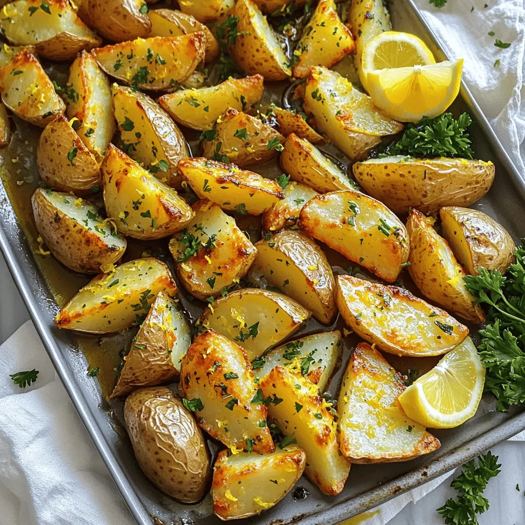 - 4 medium Yukon Gold potatoes, peeled and cut into wedges - 1/4 cup olive oil - 3 cloves garlic, minced - Juice and zest of 2 lemons - 1 teaspoon dried oregano - 1 teaspoon dried thyme - Salt and pepper to taste - Fresh parsley, chopped for garnish The key to great Baked Greek Lemon Potatoes lies in the essential ingredients. Yukon Gold potatoes are my favorite. They have a creamy texture and soak up flavors well. Olive oil adds richness and helps the potatoes crisp up. Fresh garlic brings a punch of flavor. Lemon juice and zest brighten the dish with a zesty kick. Dried oregano and thyme add a lovely herbal note. Be sure to season with salt and pepper to balance all the flavors. Finally, fresh parsley gives a pop of color and freshness to your dish. - Additional herbs such as rosemary or dill - Lemon slices for garnish - Grated Parmesan cheese You can play around with optional ingredients to make this dish your own. Rosemary or dill can add a unique twist. If you want more lemon flavor, add lemon slices on top before baking. A sprinkle of grated Parmesan cheese can enhance the dish's richness. These choices let you customize the recipe based on your taste. For the complete method, check the Full Recipe for step-by-step instructions. - Preheat your oven to 400°F (200°C). - Grease the baking dish with olive oil. Starting with a hot oven helps the potatoes crisp up nicely. Greasing the dish ensures the potatoes don’t stick. - Combine olive oil, minced garlic, lemon juice and zest, dried herbs, salt, and pepper. This marinade brings out bright flavors. The garlic and lemon make the dish fresh and zesty. You can adjust the herbs to fit your taste. - Toss potato wedges in the marinade. - Arrange in a single layer in the baking dish. Make sure each wedge gets coated well. This ensures every bite is full of flavor. Lay them flat so they cook evenly. - Bake for 45-50 minutes, turning halfway. - Check for doneness and golden color. Turning the potatoes helps them brown on all sides. Look for a golden hue and a fork that goes in easily. This means they’re ready to eat! Feel free to find the full recipe for detailed steps and more tips. - Use Yukon Gold potatoes for creaminess. Their texture makes every bite delightful. - Marinate potatoes longer for better flavor absorption. A few hours can make a big difference. - Serve on a platter with drizzled marinade. This adds a glossy finish and boosts appeal. - Add lemon wedges for a fresh touch. They brighten the plate and enhance flavor. - Top with grated Parmesan before serving. This adds richness and depth to the dish. - Consider adding a sprinkle of chili flakes for heat. It brings warmth without overpowering the lemon. {{image_2}} You can change up the herbs in this dish. Substitute dried oregano with rosemary or dill. Both herbs add a wonderful taste. If you have fresh herbs, use them! Fresh herbs can give a burst of flavor that dried herbs may lack. Want to add some sweetness? A touch of honey works great. It balances the tangy lemon. You can also add feta cheese. This gives a creamy, salty taste that fits the Mediterranean theme. You don’t have to bake these potatoes only. Try air frying for a crispier texture. It cooks faster and uses less oil. If you want a smoky taste, grill the potatoes instead. Grilling adds a nice char and depth of flavor. For more ideas, check out the Full Recipe for Baked Greek Lemon Potatoes! To keep your Baked Greek Lemon Potatoes fresh, allow them to cool first. Once cooled, place them in an airtight container. Store this container in the fridge. Proper storage will help maintain their flavor and texture. When it’s time to enjoy your leftovers, consider reheating them in the oven. This method keeps the potatoes crispy. Preheat your oven to 350°F (175°C) and heat for about 10-15 minutes. If you need a quick option, use a microwave. Just remember, the potatoes might lose some crispiness this way. Can baked potatoes be frozen? Yes, they can! However, the texture may change after freezing. For the best taste, eat them within 1-2 months. Label your container with the date before freezing. This helps you keep track of how long they’ve been stored. Baked Greek lemon potatoes are a simple yet tasty dish. They feature Yukon Gold potatoes, coated in a lemony marinade. The mix includes garlic, olive oil, and herbs. As they bake, the potatoes turn golden and tender. The bright lemon flavor shines through, making every bite fresh and zesty. Yes, you can use other types of potatoes. Red potatoes work well due to their waxy texture. Russet potatoes are also a good choice, giving a fluffier inside. Just remember, each type will give a unique taste and texture. Making this dish vegan is easy! Simply use plant-based oil instead of olive oil. You can also replace any butter with a vegan option. The marinade remains flavorful with lemon, garlic, and herbs, keeping the essence of the dish intact. These potatoes pair perfectly with many dishes. Grilled chicken or lamb adds a nice protein contrast. A fresh Greek salad can brighten up the meal. You can also serve them with roasted vegetables for a healthy side. For the complete recipe, check out the Zesty Baked Greek Lemon Potatoes. Baked Greek Lemon Potatoes offer a tasty blend of flavors and easy prep. We started with key ingredients, like Yukon Gold potatoes, olive oil, and garlic. Then, I shared clear steps to make this dish, along with useful tips for perfect taste. You can also explore recipe variations and learn how to store leftovers. Enjoy trying new herbs or serving with different foods. With this guide, you can make a delicious side dish that brightens any meal. Happy cooking!