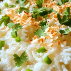 - 1 cup jasmine rice - 1 cup coconut milk - 1 cup water - 1 tablespoon sugar - 1/2 teaspoon salt - 1/4 cup toasted shredded coconut - Fresh cilantro or green onions for garnish To make simple coconut rice, you need these basic ingredients. Jasmine rice gives a nice aroma. The coconut milk adds a creamy texture and rich flavor. Using water helps balance the dish. Sugar adds a hint of sweetness, while salt enhances all the flavors. Toasted coconut gives a wonderful crunch and extra coconut flavor. Fresh herbs like cilantro or green onions make a nice garnish. - Additional spices (like cardamom or cinnamon) - Vegetable broth instead of water for flavor You can boost the flavor with optional spices. Cardamom or cinnamon can add warmth. If you want a deeper taste, try using vegetable broth instead of water. This will make the rice even more savory and delicious. Feel free to play around with these options to find what you like best! For the full recipe, check out the Tropical Coconut Rice Delight section. - Rinse the jasmine rice - Combine rice, coconut milk, water, sugar, and salt Start by rinsing the jasmine rice. You want to wash it under cold water. Keep rinsing until the water runs clear. This step is key. It removes excess starch. Without this, your rice can turn out gummy. Next, take a medium pot. Combine the rinsed rice with coconut milk, water, sugar, and salt. Stir it briefly to mix all the ingredients well. This blend will create a creamy texture and rich flavor. - Bring the mixture to a boil - Reduce heat and simmer until cooked Now, place the pot on the stove. Bring the mixture to a gentle boil over medium-high heat. Once it starts bubbling, lower the heat. Cover the pot tightly with a lid. Let it simmer for 15 to 18 minutes. The rice should absorb all the liquid and become tender. - Let the rice steam off heat - Fluff rice and fold in toasted coconut - Serve garnished When the rice is done cooking, take the pot off the heat. Keep it covered for 5 more minutes. This allows the rice to steam and become even fluffier. After steaming, fluff the rice gently with a fork. Now, fold in the toasted shredded coconut. This adds a nice crunch and extra coconut flavor. Serve the coconut rice warm. You can garnish it with fresh cilantro or chopped green onions. This adds color and freshness to your dish. For the full recipe, check out the Tropical Coconut Rice Delight. When making coconut rice, choosing quality ingredients is key. Start with jasmine rice. This long-grain rice has a lovely aroma and a soft texture. Look for rice that is whole and free from broken grains. Next, select the right coconut milk. Choose a brand that has a rich and creamy texture. Check for natural ingredients. Avoid those with added preservatives or fillers. You want pure coconut milk for the best flavor. To avoid gummy rice, always rinse the jasmine rice under cold water. This step washes away excess starch. It helps each grain stay separate and fluffy. Adjust the sweetness to your taste. The recipe calls for one tablespoon of sugar. If you like it sweeter, feel free to add more. You can also skip the sugar if you prefer a less sweet dish. Coconut rice pairs well with many main dishes. Try it with grilled chicken, fish, or stir-fried vegetables. The creamy flavor complements spicy or savory meals nicely. You can enhance coconut rice with toppings. Add toasted nuts for a crunch, or sprinkle fresh herbs for color. Sliced green onions or cilantro bring freshness and a pop of flavor. For an extra touch, serve it with lime wedges to squeeze over the rice. For the Full Recipe, check the earlier section. Enjoy your coconut rice adventure! {{image_2}} You can easily change the flavor of coconut rice. Adding spices can help make it richer. Try a pinch of cardamom or cinnamon for warmth. These spices blend well with the sweet coconut. Another fun idea is to add lime zest. This brings a bright taste to the rice. Just a little zest can make a big difference. You can enjoy coconut rice in many ways. If you want vegan options, this rice is already great! The main ingredients are plant-based. For a creamier texture, you can use full-fat coconut milk. This will make the rice even richer. If you're gluten-free, you're in luck too! All the ingredients are gluten-free. Just be sure to check your coconut milk label to ensure it is safe. Coconut rice has many regional styles. Thai coconut rice is a popular choice. It often uses pandan leaves for extra flavor. The rice tastes fresh and fragrant. You can also try Caribbean-style coconut rice. This version includes black beans or spices like allspice. Each style gives a unique twist to the dish. You can find a flavor that you love! For the full recipe, check out the Tropical Coconut Rice Delight. To keep your coconut rice fresh, place it in a sealed container. This helps to stop air from getting in. You can store it in the fridge for about 4 to 5 days. If you want to keep it longer, consider freezing it. When reheating coconut rice, the microwave is fast and easy. Place the rice in a bowl and add a splash of water. Cover it with a damp paper towel to trap moisture. Heat in short bursts, stirring in between. You can also use a pot on low heat. Add a little water and stir often to keep it from drying out. To freeze coconut rice, let it cool first. Then, pack it in a freezer-safe bag or container. Squeeze out as much air as you can. Coconut rice can be frozen for up to 3 months. When you’re ready to eat, move it to the fridge overnight to thaw. For reheating, use the microwave or stove, adding a bit of water to keep it moist. Enjoy your coconut rice anytime! For the full recipe, check out the details above. You can use basmati or brown rice as good alternatives. Basmati rice offers a nice aroma and fluffy texture. Brown rice adds a nutty flavor and more fiber. Both options can work well in this recipe, but cooking times may vary. Yes, you can use almond milk or oat milk instead. These plant-based options give a different taste but still create creamy rice. You might want to add a little extra sugar for sweetness, depending on your choice. Absolutely! Coconut rice is great for meal prep. Cook a large batch and store it in airtight containers. Keep it in the fridge for up to a week. To reheat, add a splash of water and heat in the microwave. This keeps it moist and fluffy. For the full recipe, check out the Tropical Coconut Rice Delight. Coconut rice is simple and delicious. We covered the key ingredients, step-by-step cooking, and useful tips. You learned about flavor additions and storage options. Don’t hesitate to try new spices or pair it with your favorite dishes. Adjust it to your taste for the perfect side. Enjoy making it your own with fun variations. Each time, you refine your skills. So get cooking!