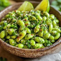 To make Spicy Garlic Edamame, gather these simple ingredients: - 2 cups shelled edamame (fresh or frozen) - 3 tablespoons olive oil - 4 cloves garlic, minced - 1-2 teaspoons red pepper flakes (adjust to taste) - 1 tablespoon soy sauce (low sodium) - 1 tablespoon sesame oil - 1 teaspoon grated ginger - Salt to taste - Sesame seeds for garnish - Chopped green onions for garnish You can swap ingredients based on what you have. Use peanut oil instead of olive oil for a different flavor. If you don’t have sesame oil, try a few drops of sesame paste. For a milder taste, use less red pepper flakes or skip them entirely. You can also replace soy sauce with tamari for a gluten-free option. Edamame packs a punch when it comes to nutrition. It is rich in protein, making it a great snack. One cup offers about 17 grams of protein. Edamame is also high in fiber, which helps keep you full. It contains vitamins C and K, supporting your immune system and bone health. Plus, it has healthy fats and antioxidants, which are good for your heart. Enjoying Spicy Garlic Edamame gives you a tasty snack that nourishes your body. For the full recipe, check the entire article. To start making spicy garlic edamame, gather your ingredients. I always prefer fresh edamame when possible. Next, if you’re using frozen edamame, bring a pot of water to a boil. Add the frozen edamame and cook for about five minutes. This step makes them tender. Drain them and set aside. If you use fresh edamame, you can skip this step altogether. Now, heat three tablespoons of olive oil in a large skillet over medium heat. Once the oil is hot, add in four minced garlic cloves and one teaspoon of grated ginger. Sauté these for one to two minutes. You want them fragrant but not browned. Next, stir in one to two teaspoons of red pepper flakes. Sauté them for about 30 seconds. This step helps release their spicy flavor into the oil. Now, it’s time to add the cooked edamame to the skillet. Toss the edamame to coat it well in the garlic oil. Pour in one tablespoon of low-sodium soy sauce and one tablespoon of sesame oil. Mix everything together thoroughly. Sauté for about three to four minutes. This allows the edamame to soak up all those delicious flavors. Don’t forget to season with salt to taste before removing from heat. Finally, transfer your spicy garlic edamame to a serving bowl. Sprinkle sesame seeds and chopped green onions on top. These add a nice touch for decoration. When it comes to prepping edamame, both fresh and frozen options work great. Fresh edamame usually has a better texture and taste, but frozen is super convenient. If you choose fresh, look for bright green pods. They should feel firm and plump. Frozen edamame is easy to find in stores. It’s often pre-shelled, making your job simpler. The cooking time is the only difference. Frozen edamame takes a few minutes longer to boil. But either way, you’ll end up with a tasty snack. Sautéing is key to getting that bold flavor in spicy garlic edamame. This method cooks food quickly over high heat. It helps to create a lovely caramelization on the garlic and ginger. When you sauté, always keep an eye on the heat. Too high, and you may burn the garlic. Too low, and you won’t release the flavors properly. Stir the ingredients often to ensure even cooking. This step is crucial for a satisfying taste. For the best results, follow the sautéing steps closely. This way, you enhance the flavors and create a delicious snack. For the full recipe, check the recipe section above! To make your spicy garlic edamame shine, use fresh ingredients. Use fresh garlic and ginger for the best taste. If you want more depth, add a splash of lime juice. The acidity brightens the flavors and adds a nice zing. You can also try adding a dash of rice vinegar for extra tang. Remember, the key is to balance the heat and flavor. Cooking time can change based on the type of edamame. If you use frozen edamame, cook it for about 5 minutes. Fresh edamame requires no boiling. Simply sauté it right away. Adjust your sautéing time too. If you want a bit of crunch, reduce the time to 2-3 minutes after adding the edamame. This keeps them tender yet crisp. Serve your spicy garlic edamame in a fun bowl. Add lime wedges on the side for a fresh twist. Pair it with sushi or a salad for a nice meal. It also works great as a party snack. Offer some rice or noodles on the side for a complete dish. Enjoy this tasty treat as a starter or snack anytime! For the full recipe, check out the cooking instructions above. {{image_2}} You can easily add extra veggies to your spicy garlic edamame. Try adding bell peppers, snow peas, or carrots. These add color and crunch. Just chop them into small pieces. Sauté them with garlic and ginger. This way, they soak up the great flavors. You can enjoy a more colorful dish! This recipe is already vegan, which is great for everyone. If you want a non-vegan twist, add shrimp or chicken. Cook the meat first, then add the edamame. This gives a different taste and makes it heartier. You get to choose what fits your meal best! You can switch up the flavors too. Want a sweeter touch? Add some honey or maple syrup. For a tangy kick, squeeze in lime juice or add some vinegar. You can also use different oils. Try chili oil for heat or peanut oil for nuttiness. Each change makes a unique snack! For the full recipe, check out the details above. After you enjoy your spicy garlic edamame, you might have some left. To keep it fresh, let it cool to room temperature. Then, place it in an airtight container. This way, it stays tasty for up to three days in the fridge. If you want to keep it longer, you can freeze it. When you are ready to eat the leftovers, you can reheat them easily. Just take the container out of the fridge. You have two options: microwave or stovetop. If you use the microwave, heat it for about 30 seconds. Stir it, then heat for another 30 seconds if needed. On the stovetop, add a splash of olive oil to a pan. Heat it on medium until warm, stirring occasionally. If you want to freeze your edamame, it’s simple. First, pack the cooled edamame into freezer bags. Make sure to remove as much air as possible. Label the bags with the date. You can freeze it for up to three months. When you’re ready to eat it, thaw it in the fridge overnight. Then, reheat as mentioned above. For the full recipe, check out the Spicy Garlic Edamame section. The best way to cook edamame is by boiling or steaming. If you use frozen edamame, boil water in a pot. Add the edamame and cook for five minutes. If using fresh edamame, skip this step. This method keeps the pods tender and bright green. You can also sauté it afterward for extra flavor. Yes, you can make Spicy Garlic Edamame ahead of time. Cook it, let it cool, and store it in the fridge. Just reheat it when you are ready to serve. The flavors will still shine through even after storage. Yes, Spicy Garlic Edamame is a healthy snack. Edamame is high in protein and fiber. It also contains vitamins and minerals that are good for your body. Using olive oil and garlic adds healthy fats and antioxidants. Enjoying this snack can be a smart choice! To adjust the spice level, change the amount of red pepper flakes. Start with one teaspoon for mild heat. If you like more spice, add more to taste. You can also try using fresh chili peppers for a different kick. Spicy Garlic Edamame pairs well with many dishes. It works great as an appetizer before a meal. You can serve it with rice bowls or sushi. It also complements grilled meats and salads nicely. For a fun twist, serve it with cocktails or beer! You can find the full recipe to make this tasty snack. This post covered the key aspects of cooking and enjoying edamame. We explored the ingredients, steps, tips, and variations to enhance your dishes. Remember, edamame is not just tasty; it's also healthy. Use these methods to create flavorful meals effortlessly. Whether you're a novice or an expert cook, I hope you feel inspired to try out what you've learned. Enjoy your next cooking adventure with edamame!
