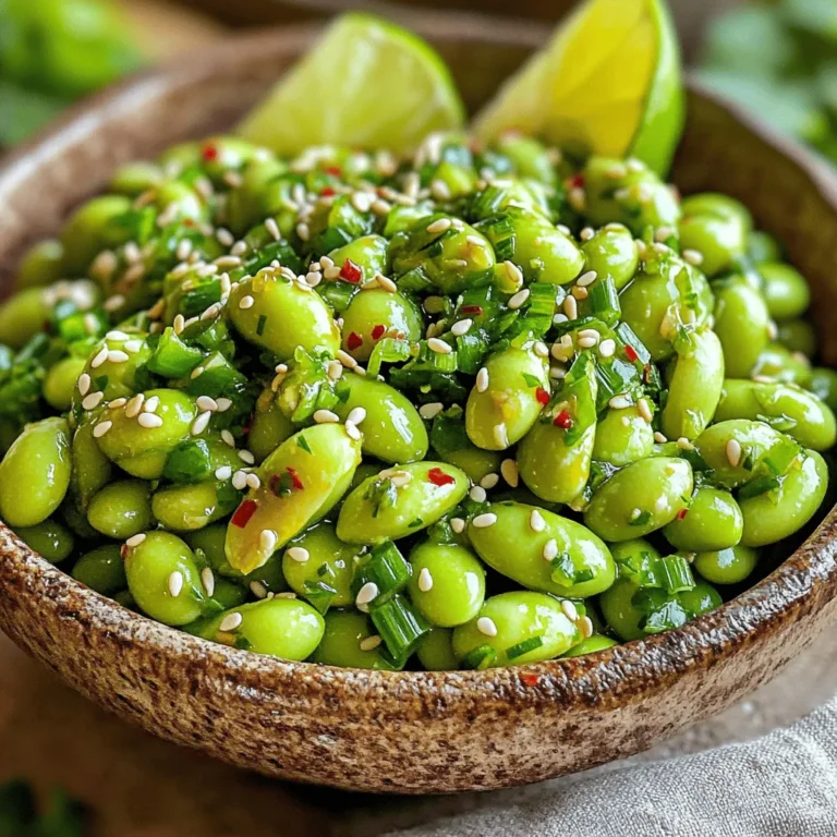 To make Spicy Garlic Edamame, gather these simple ingredients: - 2 cups shelled edamame (fresh or frozen) - 3 tablespoons olive oil - 4 cloves garlic, minced - 1-2 teaspoons red pepper flakes (adjust to taste) - 1 tablespoon soy sauce (low sodium) - 1 tablespoon sesame oil - 1 teaspoon grated ginger - Salt to taste - Sesame seeds for garnish - Chopped green onions for garnish You can swap ingredients based on what you have. Use peanut oil instead of olive oil for a different flavor. If you don’t have sesame oil, try a few drops of sesame paste. For a milder taste, use less red pepper flakes or skip them entirely. You can also replace soy sauce with tamari for a gluten-free option. Edamame packs a punch when it comes to nutrition. It is rich in protein, making it a great snack. One cup offers about 17 grams of protein. Edamame is also high in fiber, which helps keep you full. It contains vitamins C and K, supporting your immune system and bone health. Plus, it has healthy fats and antioxidants, which are good for your heart. Enjoying Spicy Garlic Edamame gives you a tasty snack that nourishes your body. For the full recipe, check the entire article. To start making spicy garlic edamame, gather your ingredients. I always prefer fresh edamame when possible. Next, if you’re using frozen edamame, bring a pot of water to a boil. Add the frozen edamame and cook for about five minutes. This step makes them tender. Drain them and set aside. If you use fresh edamame, you can skip this step altogether. Now, heat three tablespoons of olive oil in a large skillet over medium heat. Once the oil is hot, add in four minced garlic cloves and one teaspoon of grated ginger. Sauté these for one to two minutes. You want them fragrant but not browned. Next, stir in one to two teaspoons of red pepper flakes. Sauté them for about 30 seconds. This step helps release their spicy flavor into the oil. Now, it’s time to add the cooked edamame to the skillet. Toss the edamame to coat it well in the garlic oil. Pour in one tablespoon of low-sodium soy sauce and one tablespoon of sesame oil. Mix everything together thoroughly. Sauté for about three to four minutes. This allows the edamame to soak up all those delicious flavors. Don’t forget to season with salt to taste before removing from heat. Finally, transfer your spicy garlic edamame to a serving bowl. Sprinkle sesame seeds and chopped green onions on top. These add a nice touch for decoration. When it comes to prepping edamame, both fresh and frozen options work great. Fresh edamame usually has a better texture and taste, but frozen is super convenient. If you choose fresh, look for bright green pods. They should feel firm and plump. Frozen edamame is easy to find in stores. It’s often pre-shelled, making your job simpler. The cooking time is the only difference. Frozen edamame takes a few minutes longer to boil. But either way, you’ll end up with a tasty snack. Sautéing is key to getting that bold flavor in spicy garlic edamame. This method cooks food quickly over high heat. It helps to create a lovely caramelization on the garlic and ginger. When you sauté, always keep an eye on the heat. Too high, and you may burn the garlic. Too low, and you won’t release the flavors properly. Stir the ingredients often to ensure even cooking. This step is crucial for a satisfying taste. For the best results, follow the sautéing steps closely. This way, you enhance the flavors and create a delicious snack. For the full recipe, check the recipe section above! To make your spicy garlic edamame shine, use fresh ingredients. Use fresh garlic and ginger for the best taste. If you want more depth, add a splash of lime juice. The acidity brightens the flavors and adds a nice zing. You can also try adding a dash of rice vinegar for extra tang. Remember, the key is to balance the heat and flavor. Cooking time can change based on the type of edamame. If you use frozen edamame, cook it for about 5 minutes. Fresh edamame requires no boiling. Simply sauté it right away. Adjust your sautéing time too. If you want a bit of crunch, reduce the time to 2-3 minutes after adding the edamame. This keeps them tender yet crisp. Serve your spicy garlic edamame in a fun bowl. Add lime wedges on the side for a fresh twist. Pair it with sushi or a salad for a nice meal. It also works great as a party snack. Offer some rice or noodles on the side for a complete dish. Enjoy this tasty treat as a starter or snack anytime! For the full recipe, check out the cooking instructions above. {{image_2}} You can easily add extra veggies to your spicy garlic edamame. Try adding bell peppers, snow peas, or carrots. These add color and crunch. Just chop them into small pieces. Sauté them with garlic and ginger. This way, they soak up the great flavors. You can enjoy a more colorful dish! This recipe is already vegan, which is great for everyone. If you want a non-vegan twist, add shrimp or chicken. Cook the meat first, then add the edamame. This gives a different taste and makes it heartier. You get to choose what fits your meal best! You can switch up the flavors too. Want a sweeter touch? Add some honey or maple syrup. For a tangy kick, squeeze in lime juice or add some vinegar. You can also use different oils. Try chili oil for heat or peanut oil for nuttiness. Each change makes a unique snack! For the full recipe, check out the details above. After you enjoy your spicy garlic edamame, you might have some left. To keep it fresh, let it cool to room temperature. Then, place it in an airtight container. This way, it stays tasty for up to three days in the fridge. If you want to keep it longer, you can freeze it. When you are ready to eat the leftovers, you can reheat them easily. Just take the container out of the fridge. You have two options: microwave or stovetop. If you use the microwave, heat it for about 30 seconds. Stir it, then heat for another 30 seconds if needed. On the stovetop, add a splash of olive oil to a pan. Heat it on medium until warm, stirring occasionally. If you want to freeze your edamame, it’s simple. First, pack the cooled edamame into freezer bags. Make sure to remove as much air as possible. Label the bags with the date. You can freeze it for up to three months. When you’re ready to eat it, thaw it in the fridge overnight. Then, reheat as mentioned above. For the full recipe, check out the Spicy Garlic Edamame section. The best way to cook edamame is by boiling or steaming. If you use frozen edamame, boil water in a pot. Add the edamame and cook for five minutes. If using fresh edamame, skip this step. This method keeps the pods tender and bright green. You can also sauté it afterward for extra flavor. Yes, you can make Spicy Garlic Edamame ahead of time. Cook it, let it cool, and store it in the fridge. Just reheat it when you are ready to serve. The flavors will still shine through even after storage. Yes, Spicy Garlic Edamame is a healthy snack. Edamame is high in protein and fiber. It also contains vitamins and minerals that are good for your body. Using olive oil and garlic adds healthy fats and antioxidants. Enjoying this snack can be a smart choice! To adjust the spice level, change the amount of red pepper flakes. Start with one teaspoon for mild heat. If you like more spice, add more to taste. You can also try using fresh chili peppers for a different kick. Spicy Garlic Edamame pairs well with many dishes. It works great as an appetizer before a meal. You can serve it with rice bowls or sushi. It also complements grilled meats and salads nicely. For a fun twist, serve it with cocktails or beer! You can find the full recipe to make this tasty snack. This post covered the key aspects of cooking and enjoying edamame. We explored the ingredients, steps, tips, and variations to enhance your dishes. Remember, edamame is not just tasty; it's also healthy. Use these methods to create flavorful meals effortlessly. Whether you're a novice or an expert cook, I hope you feel inspired to try out what you've learned. Enjoy your next cooking adventure with edamame!