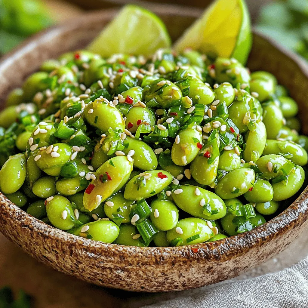 To make Spicy Garlic Edamame, gather these simple ingredients: - 2 cups shelled edamame (fresh or frozen) - 3 tablespoons olive oil - 4 cloves garlic, minced - 1-2 teaspoons red pepper flakes (adjust to taste) - 1 tablespoon soy sauce (low sodium) - 1 tablespoon sesame oil - 1 teaspoon grated ginger - Salt to taste - Sesame seeds for garnish - Chopped green onions for garnish You can swap ingredients based on what you have. Use peanut oil instead of olive oil for a different flavor. If you don’t have sesame oil, try a few drops of sesame paste. For a milder taste, use less red pepper flakes or skip them entirely. You can also replace soy sauce with tamari for a gluten-free option. Edamame packs a punch when it comes to nutrition. It is rich in protein, making it a great snack. One cup offers about 17 grams of protein. Edamame is also high in fiber, which helps keep you full. It contains vitamins C and K, supporting your immune system and bone health. Plus, it has healthy fats and antioxidants, which are good for your heart. Enjoying Spicy Garlic Edamame gives you a tasty snack that nourishes your body. For the full recipe, check the entire article. To start making spicy garlic edamame, gather your ingredients. I always prefer fresh edamame when possible. Next, if you’re using frozen edamame, bring a pot of water to a boil. Add the frozen edamame and cook for about five minutes. This step makes them tender. Drain them and set aside. If you use fresh edamame, you can skip this step altogether. Now, heat three tablespoons of olive oil in a large skillet over medium heat. Once the oil is hot, add in four minced garlic cloves and one teaspoon of grated ginger. Sauté these for one to two minutes. You want them fragrant but not browned. Next, stir in one to two teaspoons of red pepper flakes. Sauté them for about 30 seconds. This step helps release their spicy flavor into the oil. Now, it’s time to add the cooked edamame to the skillet. Toss the edamame to coat it well in the garlic oil. Pour in one tablespoon of low-sodium soy sauce and one tablespoon of sesame oil. Mix everything together thoroughly. Sauté for about three to four minutes. This allows the edamame to soak up all those delicious flavors. Don’t forget to season with salt to taste before removing from heat. Finally, transfer your spicy garlic edamame to a serving bowl. Sprinkle sesame seeds and chopped green onions on top. These add a nice touch for decoration. When it comes to prepping edamame, both fresh and frozen options work great. Fresh edamame usually has a better texture and taste, but frozen is super convenient. If you choose fresh, look for bright green pods. They should feel firm and plump. Frozen edamame is easy to find in stores. It’s often pre-shelled, making your job simpler. The cooking time is the only difference. Frozen edamame takes a few minutes longer to boil. But either way, you’ll end up with a tasty snack. Sautéing is key to getting that bold flavor in spicy garlic edamame. This method cooks food quickly over high heat. It helps to create a lovely caramelization on the garlic and ginger. When you sauté, always keep an eye on the heat. Too high, and you may burn the garlic. Too low, and you won’t release the flavors properly. Stir the ingredients often to ensure even cooking. This step is crucial for a satisfying taste. For the best results, follow the sautéing steps closely. This way, you enhance the flavors and create a delicious snack. For the full recipe, check the recipe section above! To make your spicy garlic edamame shine, use fresh ingredients. Use fresh garlic and ginger for the best taste. If you want more depth, add a splash of lime juice. The acidity brightens the flavors and adds a nice zing. You can also try adding a dash of rice vinegar for extra tang. Remember, the key is to balance the heat and flavor. Cooking time can change based on the type of edamame. If you use frozen edamame, cook it for about 5 minutes. Fresh edamame requires no boiling. Simply sauté it right away. Adjust your sautéing time too. If you want a bit of crunch, reduce the time to 2-3 minutes after adding the edamame. This keeps them tender yet crisp. Serve your spicy garlic edamame in a fun bowl. Add lime wedges on the side for a fresh twist. Pair it with sushi or a salad for a nice meal. It also works great as a party snack. Offer some rice or noodles on the side for a complete dish. Enjoy this tasty treat as a starter or snack anytime! For the full recipe, check out the cooking instructions above. {{image_2}} You can easily add extra veggies to your spicy garlic edamame. Try adding bell peppers, snow peas, or carrots. These add color and crunch. Just chop them into small pieces. Sauté them with garlic and ginger. This way, they soak up the great flavors. You can enjoy a more colorful dish! This recipe is already vegan, which is great for everyone. If you want a non-vegan twist, add shrimp or chicken. Cook the meat first, then add the edamame. This gives a different taste and makes it heartier. You get to choose what fits your meal best! You can switch up the flavors too. Want a sweeter touch? Add some honey or maple syrup. For a tangy kick, squeeze in lime juice or add some vinegar. You can also use different oils. Try chili oil for heat or peanut oil for nuttiness. Each change makes a unique snack! For the full recipe, check out the details above. After you enjoy your spicy garlic edamame, you might have some left. To keep it fresh, let it cool to room temperature. Then, place it in an airtight container. This way, it stays tasty for up to three days in the fridge. If you want to keep it longer, you can freeze it. When you are ready to eat the leftovers, you can reheat them easily. Just take the container out of the fridge. You have two options: microwave or stovetop. If you use the microwave, heat it for about 30 seconds. Stir it, then heat for another 30 seconds if needed. On the stovetop, add a splash of olive oil to a pan. Heat it on medium until warm, stirring occasionally. If you want to freeze your edamame, it’s simple. First, pack the cooled edamame into freezer bags. Make sure to remove as much air as possible. Label the bags with the date. You can freeze it for up to three months. When you’re ready to eat it, thaw it in the fridge overnight. Then, reheat as mentioned above. For the full recipe, check out the Spicy Garlic Edamame section. The best way to cook edamame is by boiling or steaming. If you use frozen edamame, boil water in a pot. Add the edamame and cook for five minutes. If using fresh edamame, skip this step. This method keeps the pods tender and bright green. You can also sauté it afterward for extra flavor. Yes, you can make Spicy Garlic Edamame ahead of time. Cook it, let it cool, and store it in the fridge. Just reheat it when you are ready to serve. The flavors will still shine through even after storage. Yes, Spicy Garlic Edamame is a healthy snack. Edamame is high in protein and fiber. It also contains vitamins and minerals that are good for your body. Using olive oil and garlic adds healthy fats and antioxidants. Enjoying this snack can be a smart choice! To adjust the spice level, change the amount of red pepper flakes. Start with one teaspoon for mild heat. If you like more spice, add more to taste. You can also try using fresh chili peppers for a different kick. Spicy Garlic Edamame pairs well with many dishes. It works great as an appetizer before a meal. You can serve it with rice bowls or sushi. It also complements grilled meats and salads nicely. For a fun twist, serve it with cocktails or beer! You can find the full recipe to make this tasty snack. This post covered the key aspects of cooking and enjoying edamame. We explored the ingredients, steps, tips, and variations to enhance your dishes. Remember, edamame is not just tasty; it's also healthy. Use these methods to create flavorful meals effortlessly. Whether you're a novice or an expert cook, I hope you feel inspired to try out what you've learned. Enjoy your next cooking adventure with edamame!