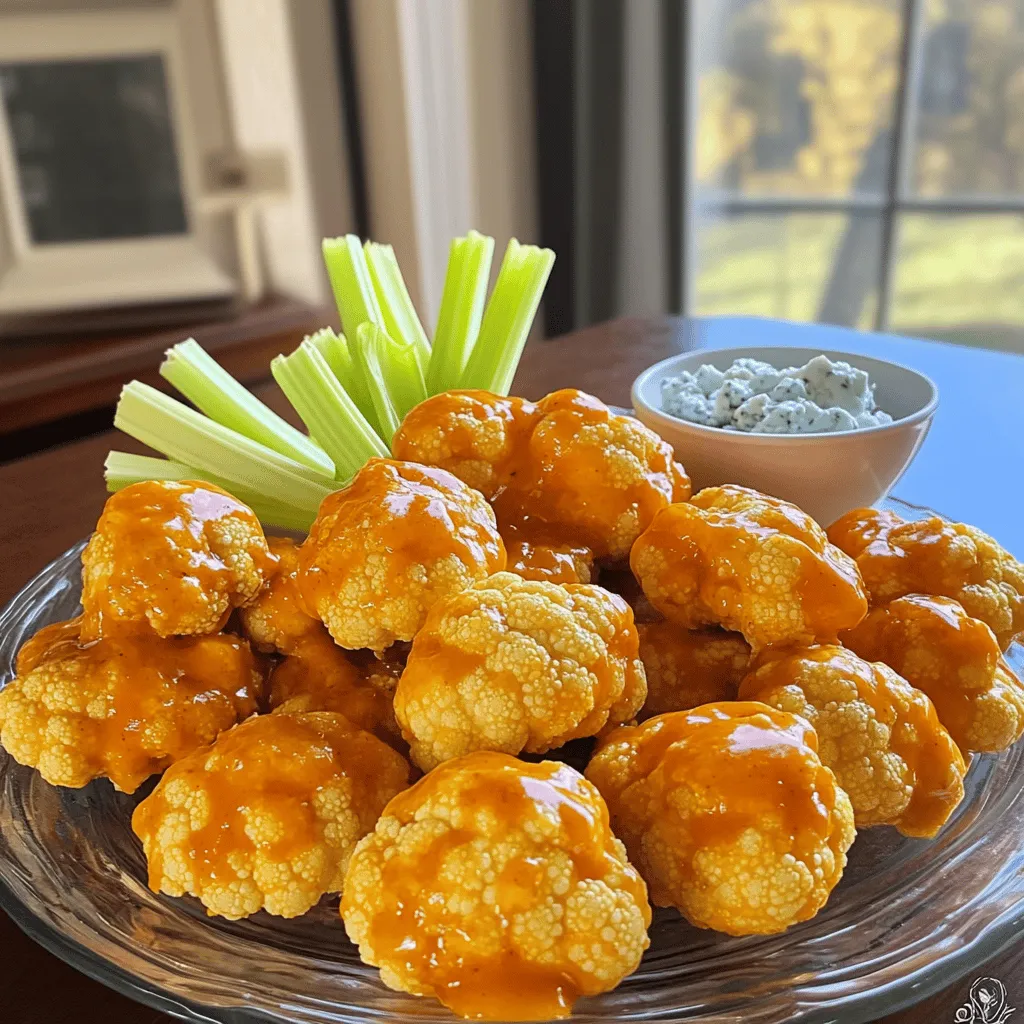 To make these tasty bites, gather these ingredients: - 1 medium head of cauliflower, cut into bite-sized florets - 1 cup all-purpose flour (or gluten-free flour) - 1 cup water - 1 teaspoon garlic powder - 1 teaspoon onion powder - 1 teaspoon smoked paprika - Salt and pepper to taste - 1 cup buffalo sauce - 2 tablespoons melted vegan butter (optional) - Optional: Celery sticks and blue cheese dressing for serving You can swap some ingredients if needed: - Use almond flour or oat flour instead of all-purpose flour for a gluten-free option. - For a spicier kick, add cayenne pepper to the batter. - If you don’t have buffalo sauce, try a barbecue sauce for a different flavor. You will need a few basic tools: - A large bowl for mixing the batter - A whisk for smooth batter consistency - A baking sheet lined with parchment paper - A spatula for flipping the bites - A separate bowl for mixing the buffalo sauce These ingredients and tools help make your buffalo cauliflower bites crispy and delicious. Check out the Full Recipe for detailed steps to create this snack! Start by preheating your oven to 450°F (230°C). This high heat helps the cauliflower get nice and crispy. While the oven warms, line your baking sheet with parchment paper. This makes clean-up easy and prevents sticking. In a large bowl, whisk together: - 1 cup all-purpose flour (or gluten-free flour) - 1 cup water - 1 teaspoon garlic powder - 1 teaspoon onion powder - 1 teaspoon smoked paprika - Salt and pepper to taste Mix until you have a smooth batter. This batter is key for coating the cauliflower and giving it flavor. Cut your cauliflower into bite-sized florets. Dip each floret into the batter. Make sure to coat them well. Shake off any extra batter before placing them on the baking sheet. Spread the florets out in a single layer. Bake them for 20-25 minutes. Flip them halfway through baking. This helps them cook evenly and become golden and crispy. In a separate bowl, mix the buffalo sauce with 2 tablespoons of melted vegan butter if you want. This step helps tone down the heat a bit. Once your cauliflower bites are done baking, take them out of the oven. Toss the hot bites in the buffalo sauce until they are evenly coated. Return the sauced bites to the oven. Bake them for another 10-15 minutes. This final bake allows the sauce to stick and the bites to crisp up even more. Once done, let them cool slightly before serving. You can pair them with celery sticks and blue cheese dressing for a tasty treat. For the full recipe, check out the details above! To get your buffalo cauliflower bites crispy, use a high oven temperature. I recommend 450°F (230°C). This heat helps the batter turn golden and crispy. Remember to flip the florets halfway through baking. This ensures even crispiness on all sides. For extra crunch, you can also try using panko breadcrumbs instead of regular flour. They add a great texture! Do you like it spicy or mild? You can adjust the heat in your buffalo sauce easily. Start with the basic buffalo sauce and add more hot sauce for extra heat. If you prefer it milder, mix in some melted butter or olive oil. This softens the sauce's kick. You can also try adding a touch of honey for a sweet balance. If you have leftovers, store them in an airtight container in the fridge. They stay fresh for up to three days. To reheat, place them in the oven at 350°F (175°C) for about 10 minutes. This helps restore some crispiness. Avoid the microwave, as it can make them soggy. Enjoy your tasty bites again without losing that crunch! {{image_2}} You can easily make buffalo cauliflower bites gluten-free. Just swap regular flour with gluten-free flour. This change keeps the bites crispy and tasty. If you want a vegan version, use plant-based butter. This twist makes it simple for everyone to enjoy these bites. You still get great flavor without any animal products. Feel free to get creative with sauces! Instead of buffalo sauce, try barbecue or teriyaki sauce. You can mix in honey or maple syrup for a sweet touch. If you love heat, add extra hot sauce to the buffalo mix. You can even use ranch dressing for a creamy dip. Each sauce gives a new taste to the same base recipe. Pair your bites with fresh veggies like carrots and celery. These add a nice crunch and balance the heat. A cool dip, like ranch or blue cheese dressing, works well too. You can serve these bites as a snack or a side dish. They are great for parties or game day. For a full meal, serve with a salad or grain bowl. Check out the Full Recipe for more ideas! Store leftover buffalo cauliflower bites in an airtight container. Place them in the fridge. They will stay fresh for about 3 to 4 days. If you want to keep them longer, freezing is a great option. To freeze the bites, first let them cool completely. Then, arrange them in a single layer on a baking sheet. Freeze them for about 1 to 2 hours. Once frozen, transfer the bites to a freezer bag or container. Make sure to remove as much air as you can. This helps prevent freezer burn. Properly stored, they can last up to 3 months in the freezer. When you're ready to eat the frozen bites, take them out of the freezer. Thaw them in the fridge overnight. For quicker thawing, you can leave them at room temperature for about 1 hour. To reheat, preheat your oven to 400°F (200°C). Place the bites on a baking sheet and heat them for about 10 to 15 minutes. This will make them crispy again. You can also use an air fryer for a quick and easy option. Just remember, the goal is to heat them through and regain that lovely crunch. For the full recipe, check out the earlier section. You can keep buffalo cauliflower bites in the fridge for up to five days. Store them in an airtight container. When you want to eat them, just reheat in the oven. This keeps them crispy and tasty. Yes, you can bake these bites! Baking gives them a healthier twist. Preheat your oven to 450°F (230°C) and follow the recipe. Baking makes them crispy without extra oil. Buffalo cauliflower bites pair well with many sides. Here are some ideas: - Celery sticks - Carrot sticks - Blue cheese dressing - Ranch dressing - Guacamole These options add crunch and flavor. They also balance the spicy bites. To add heat, mix more buffalo sauce into the batter. You can also try adding cayenne pepper or hot sauce. Adjust the spice level to your taste. Just remember to start small and taste as you go. For the full recipe, check the complete instructions above. You now know how to make tasty Buffalo Cauliflower Bites. We covered ingredients, cooking steps, and helpful tips for crispiness. You can even try different flavors and safe ways to store leftovers. These bites are easy to make, fun to eat, and great for gatherings. Enjoy making them your own and sharing with others. Dig in and savor each bite!