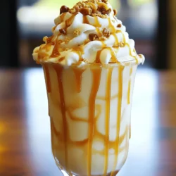 - 2 cups vanilla ice cream - 1 cup milk (whole or your choice) - 1/4 cup caramel sauce (plus extra for drizzling) - 1/4 cup toffee bits - 1 tsp vanilla extract - Whipped cream, for topping - Pinch of sea salt (optional) The beauty of the Caramel Toffee Crunch Shake lies in its simple yet rich ingredients. You start with creamy vanilla ice cream. This gives the shake its smooth base. Next, you add milk. Whole milk works best, but any type will do. Then comes the star: caramel sauce. This sweet syrup adds depth and a lovely flavor. I always add a bit more for drizzling on top. Toffee bits are next. These little crunchy pieces bring a delightful texture that makes each sip exciting. Vanilla extract is a must. It boosts the overall flavor without overpowering it. Whipped cream on top makes for a perfect finish. It adds lightness and sweetness. You can even add a pinch of sea salt if you want to enhance the sweet and salty combo. These ingredients work together to create an irresistible shake. You can find the full recipe for a detailed guide on how to bring it all together. - Combining the Ingredients Start by gathering all your ingredients. You need 2 cups of vanilla ice cream, 1 cup of milk, 1/4 cup of caramel sauce, 1/4 cup of toffee bits, and 1 teaspoon of vanilla extract. In a blender, add these ingredients. Make sure to pour in the caramel sauce last for better mixing. - Blending the Mixture Blend the ingredients on medium speed. You want a smooth and creamy texture. This step usually takes about 30 seconds. Stop the blender and check if everything is well mixed. If not, blend again briefly. - Adjusting Thickness of Shake If you like a thicker shake, add more ice cream. For a thinner shake, pour in more milk. Blend it again after adjusting. You can also add a pinch of sea salt to enhance the flavor. Blend briefly to mix the salt. - Preparing Serving Glasses Take your serving glasses and drizzle some caramel sauce inside. This adds a nice touch and makes the shake look fancy. You can use a spoon or a squeeze bottle for this. - Pouring and Topping the Shake Pour the shake into the prepared glasses. Fill them about three-quarters full. This leaves space for toppings. Now, top each shake generously with whipped cream. Sprinkle some toffee bits on top for crunch. - Final Touches with Caramel Drizzle more caramel sauce over the whipped cream. This makes it even more tempting. Now your Caramel Toffee Crunch Shake is ready to enjoy! For the full recipe, refer back to the beginning. To make a great shake, blending is key. Here’s how to do it right: - Avoiding Ice Crystals: Start with soft vanilla ice cream. Let it sit out for a few minutes. This helps it blend smoothly. If your shake feels icy, you may have blended it too long. Stop blending once it’s just mixed. - Tips for a Creamy Texture: Use whole milk for a rich taste. If you want it creamier, add more ice cream. Blend on low first, then increase the speed. This helps mix everything well without making it too airy. You can easily make your shake even better! Here are some fun ideas: - Adding Extra Ingredients: Try adding crushed cookies or a scoop of peanut butter. Chocolate syrup also makes a tasty twist. Each addition can give your shake a personal touch. - Customizing for Dietary Preferences: If you want a dairy-free shake, use almond or oat milk. Swap the ice cream for a non-dairy option too. For a lighter shake, use lower-fat ice cream or milk. Adjust the sweetness with honey or agave for a healthier choice. For the full recipe, you can refer to the details above. Enjoy your delicious shake! {{image_2}} You can easily switch up your Caramel Toffee Crunch Shake. To make a chocolate version, simply substitute some vanilla ice cream with chocolate ice cream. This small change adds a rich layer of flavor. You can also add chocolate syrup for an extra treat. Just drizzle it inside your glass before pouring in the shake. This will make every sip a delightful mix of chocolate and caramel. If you want a dairy-free shake, there are great options. You can use coconut milk or almond milk instead of regular milk. For the ice cream, choose a dairy-free vanilla ice cream. Many brands now offer creamy, tasty alternatives. Make sure to check the labels for added sugars. You might need to adjust the sweetener when using these substitutes. Taste your shake and add more sweetener if it needs it. To keep your shake fresh, store it in the fridge. Use an airtight container. This helps prevent it from absorbing other flavors. Consume the shake within two days for the best taste. If you want to save it longer, consider freezing it. Pour the shake into freezer-safe containers. Leave a little space at the top, as it will expand. When ready to enjoy, move it to the fridge overnight to thaw. You may have extra caramel and toffee after making your shake. Use leftover caramel as a topping for desserts like brownies or ice cream. It adds a sweet touch and makes treats feel fancy. Toffee bits can find a home in cookies or cakes. Mix them into your favorite chocolate chip cookie recipe for a crunchy surprise. You can also sprinkle them on top of yogurt or oatmeal for added crunch and flavor. To make a thicker shake, adjust your ingredient ratios. Use more ice cream and less milk. This creates a creamier texture. You can add one extra scoop of ice cream. Blend until smooth. If it’s still thin, add more ice cream until you reach your desired thickness. Yes, you can use sugar-free ingredients. Look for sugar-free ice cream and caramel sauce. These options work well in the shake. You may find sugar-free toffee bits, too. Just make sure to check the label for taste. Sugar-free ingredients can still be tasty. You can find this shake at many coffee shops and restaurants. Look for places with a good dessert menu. Chains like Starbucks or local ice cream shops often have it. Call ahead to make sure they have it available. Also, some diners offer unique shakes and may feature this one. If you lack toffee bits, consider alternatives. You can use crushed cookies or chocolate chips. Chopped nuts can add a nice crunch, too. For a fun twist, try adding caramel candies. Just crush them up before adding to the shake. These options keep the flavor exciting! For the complete recipe, check out the Full Recipe above. We covered everything you need to make a great Caramel Toffee Crunch Shake. From the ingredients list to preparation steps, each part plays a vital role. You learned tips for better blending and serving, plus tasty variations to try. Don't forget to store your leftovers properly to enjoy later. This shake is fun to make and customize, so get creative! With these easy steps, you can impress anyone with your homemade treat. Enjoy your shake journey and savor every sip!