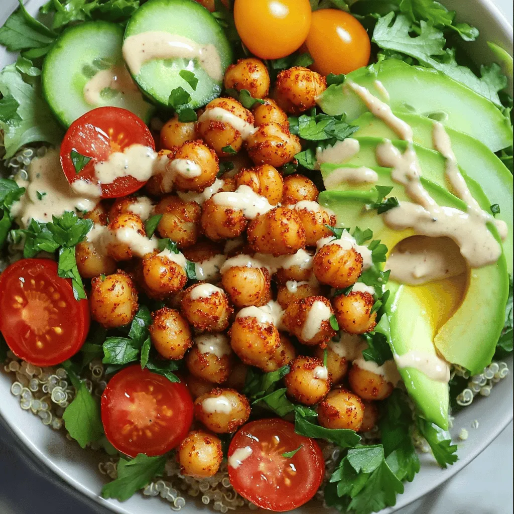 - 1 can (15 oz) chickpeas, rinsed and drained - 1 cup cooked quinoa - 1 medium cucumber, diced - 1 cup cherry tomatoes, halved - 1 avocado, sliced - 2 cups mixed greens (spinach, kale, arugula) - 2 tablespoons tahini - Juice of 1 lemon The chickpeas form the heart of this bowl. They add protein and flavor. Quinoa brings a nutty taste and extra protein. Fresh veggies like cucumber, tomatoes, and avocado add crunch and creaminess. Mixed greens give a fresh touch. Tahini dressing ties it all together with its creamy texture. - 1 tablespoon olive oil - 1 teaspoon smoked paprika - 1 teaspoon cayenne pepper (adjust for spice level) - 1 teaspoon garlic powder - Salt and pepper to taste Seasonings make your chickpeas pop. Olive oil helps spices stick. Smoked paprika adds depth, while cayenne brings heat. Garlic powder adds savory notes. Don't forget salt and pepper for balance. - Fresh parsley, chopped, for garnish - Additional toppings based on taste Garnishes elevate your dish. Fresh herbs like parsley add color and freshness. You can also use seeds or nuts for crunch. Extra toppings like feta cheese or olives can enhance flavors, adding your personal twist. For the full recipe, check out the details above. 1. Preheat your oven to 400°F (200°C). This ensures even roasting of the chickpeas. 2. Gather your ingredients. You need: - 1 can (15 oz) chickpeas, rinsed and drained - 1 tablespoon olive oil - 1 teaspoon smoked paprika - 1 teaspoon cayenne pepper - 1 teaspoon garlic powder - Salt and pepper to taste - 1 cup cooked quinoa - 1 medium cucumber, diced - 1 cup cherry tomatoes, halved - 1 avocado, sliced - 2 cups mixed greens (spinach, kale, arugula) - 2 tablespoons tahini - Juice of 1 lemon - Fresh parsley, chopped, for garnish 3. In a bowl, mix the rinsed chickpeas with olive oil, smoked paprika, cayenne pepper, garlic powder, salt, and pepper. Toss them well. You want every chickpea coated in spice. 1. Spread the seasoned chickpeas on a baking sheet in a single layer. 2. Roast them for 25-30 minutes. Stir halfway through to ensure they cook evenly. They should be golden and crispy when done. 3. While the chickpeas roast, prepare your quinoa and veggies. In a large bowl, add the cooked quinoa. Top it with mixed greens. This creates a nice base. 4. Dice the cucumber and halve the cherry tomatoes. Slice the avocado. You’ll use these for your toppings. 1. Once your chickpeas are roasted, sprinkle them over the quinoa and greens. 2. Layer the diced cucumber, halved tomatoes, and avocado slices on top. 3. In a small bowl, whisk together tahini, lemon juice, and a pinch of salt. If it’s too thick, add a little water. This will be your dressing. 4. Drizzle the tahini dressing over the bowl. Garnish with fresh parsley. Enjoy your Spicy Chickpea Buddha Bowl! For complete details, you can check the Full Recipe. To roast chickpeas well, start by drying them. Use a towel to pat them dry. This step helps them get crispy. Adjust spice levels based on your taste. If you want it spicy, add more cayenne pepper. For less heat, reduce the amount. Ensure crispiness by spreading the chickpeas out. Avoid crowding them on the baking sheet. Stir them halfway through roasting for even crispiness. You’ll know they are done when they turn golden brown. If you want an alternative to quinoa, try brown rice or farro. Both add good texture and flavor. For the greens, you can use arugula or romaine lettuce. Try adding roasted sweet potatoes for a sweet touch. Other vegetables work well too. Bell peppers, shredded carrots, or even corn can add color. Mix and match based on what you like or have at home. For a stunning display, serve in a large bowl. Layer the ingredients in sections. This creates a beautiful look. Drizzle extra tahini dressing around the edges for flair. You can also use small bowls for each ingredient. This way, everyone can build their own bowl. Use fresh herbs like parsley or cilantro as a garnish. They add color and freshness to your dish. These tips will help you create a tasty and wholesome meal. You can find the full recipe [here]. {{image_2}} You can make your Spicy Chickpea Buddha Bowl even heartier. Adding tempeh or tofu gives extra protein. Both are great at soaking up flavors. Just cube them and roast or sauté until golden. You can also incorporate beans. Black beans or kidney beans add texture and taste. Mix them with chickpeas or use them alone. They make the bowl more filling and tasty. Switching up the spices adds fun to your meal. Try smoked cumin or curry powder for a new kick. You can even go sweet with a dash of cinnamon. Different dressings to try can change the whole vibe. A zesty lemon vinaigrette brightens the dish. Or, a creamy avocado dressing can add richness. Play around with flavors to find your favorite! In summer, add fresh corn and bell peppers. They bring sweetness and crunch to the bowl. You can even toss in some grilled zucchini for a smoky touch. In winter, think of comfort twists. Roasted sweet potatoes or butternut squash warm you up. They add a nice sweetness that pairs well with spices. You can also use hearty greens like collard or Swiss chard for extra nutrition. To keep your Spicy Chickpea Buddha Bowl fresh, use airtight containers. Glass or plastic containers work well. Store leftovers in the fridge for up to three days. If you want to keep it longer, freezing is an option. To reheat, use an oven or skillet. This helps keep the chickpeas crispy. If using a microwave, heat in short bursts. Be careful not to overcook the bowl. You can add fresh greens or a splash of lemon juice for a fresh taste. You can freeze the chickpeas, but not the whole bowl. Cooked chickpeas freeze well. Before freezing, let them cool. Place them in freezer bags, removing excess air. They can last up to three months in the freezer. When ready to eat, thaw them in the fridge overnight. Then reheat as needed. To make your Buddha bowl vegan, focus on the ingredients. Start with chickpeas, quinoa, and fresh veggies. The recipe already uses plant-based ingredients. You can swap tahini for a nut butter if desired. Just check all labels to avoid hidden animal products. Yes, you can meal prep this dish easily. Cook the quinoa and roast the chickpeas ahead of time. Store them in airtight containers. Keep the fresh veggies separate to stay crisp. Assemble your bowls when ready to eat. This way, you enjoy freshness throughout the week. Chickpeas offer many health benefits. They are high in protein and fiber. This helps you feel full longer. They also support digestion and heart health. Chickpeas are rich in vitamins and minerals, like iron and folate. Adding them to your diet boosts overall nutrition. The blog post detailed how to create a delicious Spicy Chickpea Buddha Bowl. We explored key ingredients like chickpeas, quinoa, and fresh veggies. You learned step-by-step instructions to prepare, cook, and assemble your bowl. Additionally, I shared tips for perfect roasting and creative variations to keep things interesting. In closing, these bowls are not just tasty; they are fun to make. Enjoy experimenting with flavors and ingredients. Your kitchen can be full of health and joy!