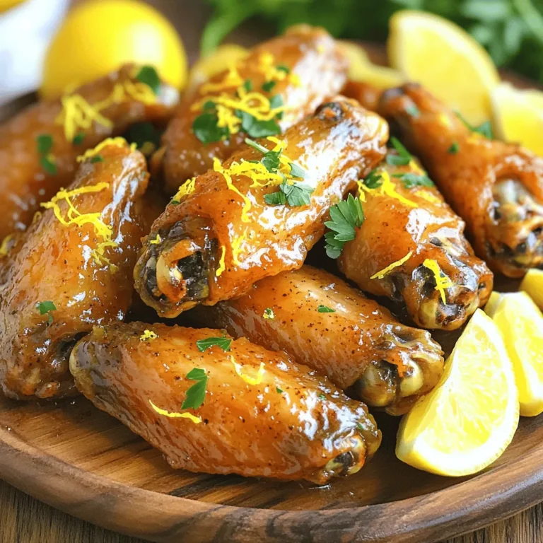 - 2 lbs chicken wings - 1 tablespoon baking powder - 1 teaspoon salt - 1/2 teaspoon black pepper - 1 teaspoon garlic powder - 1 teaspoon onion powder - 1 teaspoon smoked paprika For crispy lemon pepper wings, you need chicken wings as the main ingredient. Baking powder is key for that satisfying crunch. Salt, black pepper, garlic powder, onion powder, and smoked paprika add the right flavor. - 1/2 cup unsalted butter, melted - Zest of 1 lemon - 2 tablespoons fresh lemon juice - 1 tablespoon fresh parsley, chopped (for garnish) I make a zesty sauce with melted butter, lemon zest, and lemon juice. This sauce brings a bright taste to the wings. Fresh parsley adds a nice touch and color to the dish. - Baking sheet - Wire rack - Mixing bowls You will need a baking sheet to catch drips and a wire rack for even cooking. Mixing bowls help you combine ingredients easily. Using the right tools makes cooking smoother and more fun. For the full recipe, check out [Full Recipe]. - Preheat the oven to 400°F (200°C). This heat makes the wings crispy. - Pat the chicken wings dry with paper towels. Dry wings help them crisp up better. - In a small bowl, mix the baking powder, salt, black pepper, garlic powder, onion powder, and smoked paprika. This is your spice mix. - Sprinkle the mix over the wings. Toss them well to coat every piece. - Arrange the wings on the wire rack in a single layer. Make sure they do not touch. This allows hot air to flow around them. - Bake the wings for 40-45 minutes. Flip them halfway to ensure they cook evenly. For the full experience, check out the Full Recipe. To make your wings very crispy, drying them is key. Moisture makes wings soggy. After washing, use paper towels to pat them dry. This step ensures they get nice and crunchy. The right oven temperature is also important. Preheat your oven to 400°F (200°C). This heat helps the wings cook evenly. Bake them for 40 to 45 minutes. Flip the wings halfway through for even crispiness. Crispy lemon pepper wings taste great with dips. Try ranch or blue cheese dressing. They also pair well with fresh veggies like carrot sticks or celery. For drinks, a cold beer goes well with wings. Lemonade or iced tea also make great choices. Choose a drink that balances the flavor of the wings. Garnish your wings for a tasty touch. Fresh herbs like parsley add color and flavor. You can also use a sprinkle of paprika for extra zest. For presentation, serve the wings on a large platter. Add lemon wedges for a bright look. A sprinkle of chopped parsley makes them even more appealing. Check out the Full Recipe for complete instructions! {{image_2}} To kick up the heat, add hot sauce to the lemon pepper sauce. You can mix in a few tablespoons of your favorite hot sauce. This adds a bold kick that spice lovers will enjoy. You can also use alternative spice blends, like Cajun or chili powder, for a different flavor twist. These blends can enhance the zest of lemon and pepper. For a rich flavor, try adding grated Parmesan cheese to your wings. This cheese pairs well with the lemon and adds a savory note. You can also modify the sauce by blending lemon juice with garlic and Parmesan. This creates a creamy, tangy sauce that coats each wing beautifully. Grilling wings gives a smoky flavor that many people love. To grill, first preheat your grill to medium-high heat. Place the wings on the grill for about 20-25 minutes, flipping them often. Check for crispiness, and make sure they are cooked through. Cooking time will vary based on your grill and wing size. To keep your crispy lemon pepper wings fresh, store them in the fridge. Start by letting the wings cool down to room temperature. Place them in an airtight container. This prevents moisture from making them soggy. A plastic or glass container works best. You can also use resealable bags if you’re tight on space. When it’s time to enjoy your leftovers, reheating properly is key. The oven is the best method to keep wings crispy. Preheat your oven to 375°F (190°C). Place the wings on a baking sheet. Heat them for about 10-15 minutes or until hot. For a quicker option, you can use a microwave. However, this may make the wings less crispy. If using the microwave, heat in short bursts, about 30 seconds at a time. If you want to save wings for later, freezing is a great option. First, allow the wings to cool completely. Place them in freezer bags or airtight containers. Make sure to remove as much air as possible. This helps prevent freezer burn. To thaw, move the wings to the fridge overnight. For reheating, use the oven as mentioned above. This method keeps them crispy and tasty. Crispy lemon pepper wings can last about 3 to 4 days in the fridge. For best results, store them in an airtight container. This keeps them fresh and tasty. Always let wings cool before sealing them. If you want to keep them longer, freezing is a great option. Yes, you can make these wings ahead of time. You can prepare them up to a day in advance. Cook the wings and let them cool. Then, store them in the fridge. When you’re ready to serve, just reheat them in the oven to regain crispiness. This saves time on busy days. If you don’t have baking powder, you can use cornstarch instead. Cornstarch helps make the wings crispy too. You can also try using baking soda, but use less. Just remember to balance it with an acid, like lemon juice. This will help achieve that perfect crunch. You can find crispy lemon pepper wings at many restaurants and sports bars. Look for places that specialize in wings or comfort food. Many pizza spots also serve great wings. To find the best options, check local reviews or food apps. This way, you can enjoy them without cooking! Crispy lemon pepper wings are a treat everyone loves. This post covered essential ingredients, tips for perfecting your wings, and fun variations. You learned how to make them crispy, store leftovers, and reheat for best flavor. Remember, you can always adjust the spice to fit your taste. Enjoy making these wings with family and friends. They’re sure to be a hit at your next gathering! Get cooking and savor every bite!