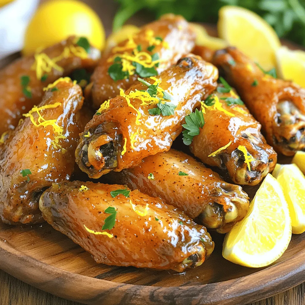 - 2 lbs chicken wings - 1 tablespoon baking powder - 1 teaspoon salt - 1/2 teaspoon black pepper - 1 teaspoon garlic powder - 1 teaspoon onion powder - 1 teaspoon smoked paprika For crispy lemon pepper wings, you need chicken wings as the main ingredient. Baking powder is key for that satisfying crunch. Salt, black pepper, garlic powder, onion powder, and smoked paprika add the right flavor. - 1/2 cup unsalted butter, melted - Zest of 1 lemon - 2 tablespoons fresh lemon juice - 1 tablespoon fresh parsley, chopped (for garnish) I make a zesty sauce with melted butter, lemon zest, and lemon juice. This sauce brings a bright taste to the wings. Fresh parsley adds a nice touch and color to the dish. - Baking sheet - Wire rack - Mixing bowls You will need a baking sheet to catch drips and a wire rack for even cooking. Mixing bowls help you combine ingredients easily. Using the right tools makes cooking smoother and more fun. For the full recipe, check out [Full Recipe]. - Preheat the oven to 400°F (200°C). This heat makes the wings crispy. - Pat the chicken wings dry with paper towels. Dry wings help them crisp up better. - In a small bowl, mix the baking powder, salt, black pepper, garlic powder, onion powder, and smoked paprika. This is your spice mix. - Sprinkle the mix over the wings. Toss them well to coat every piece. - Arrange the wings on the wire rack in a single layer. Make sure they do not touch. This allows hot air to flow around them. - Bake the wings for 40-45 minutes. Flip them halfway to ensure they cook evenly. For the full experience, check out the Full Recipe. To make your wings very crispy, drying them is key. Moisture makes wings soggy. After washing, use paper towels to pat them dry. This step ensures they get nice and crunchy. The right oven temperature is also important. Preheat your oven to 400°F (200°C). This heat helps the wings cook evenly. Bake them for 40 to 45 minutes. Flip the wings halfway through for even crispiness. Crispy lemon pepper wings taste great with dips. Try ranch or blue cheese dressing. They also pair well with fresh veggies like carrot sticks or celery. For drinks, a cold beer goes well with wings. Lemonade or iced tea also make great choices. Choose a drink that balances the flavor of the wings. Garnish your wings for a tasty touch. Fresh herbs like parsley add color and flavor. You can also use a sprinkle of paprika for extra zest. For presentation, serve the wings on a large platter. Add lemon wedges for a bright look. A sprinkle of chopped parsley makes them even more appealing. Check out the Full Recipe for complete instructions! {{image_2}} To kick up the heat, add hot sauce to the lemon pepper sauce. You can mix in a few tablespoons of your favorite hot sauce. This adds a bold kick that spice lovers will enjoy. You can also use alternative spice blends, like Cajun or chili powder, for a different flavor twist. These blends can enhance the zest of lemon and pepper. For a rich flavor, try adding grated Parmesan cheese to your wings. This cheese pairs well with the lemon and adds a savory note. You can also modify the sauce by blending lemon juice with garlic and Parmesan. This creates a creamy, tangy sauce that coats each wing beautifully. Grilling wings gives a smoky flavor that many people love. To grill, first preheat your grill to medium-high heat. Place the wings on the grill for about 20-25 minutes, flipping them often. Check for crispiness, and make sure they are cooked through. Cooking time will vary based on your grill and wing size. To keep your crispy lemon pepper wings fresh, store them in the fridge. Start by letting the wings cool down to room temperature. Place them in an airtight container. This prevents moisture from making them soggy. A plastic or glass container works best. You can also use resealable bags if you’re tight on space. When it’s time to enjoy your leftovers, reheating properly is key. The oven is the best method to keep wings crispy. Preheat your oven to 375°F (190°C). Place the wings on a baking sheet. Heat them for about 10-15 minutes or until hot. For a quicker option, you can use a microwave. However, this may make the wings less crispy. If using the microwave, heat in short bursts, about 30 seconds at a time. If you want to save wings for later, freezing is a great option. First, allow the wings to cool completely. Place them in freezer bags or airtight containers. Make sure to remove as much air as possible. This helps prevent freezer burn. To thaw, move the wings to the fridge overnight. For reheating, use the oven as mentioned above. This method keeps them crispy and tasty. Crispy lemon pepper wings can last about 3 to 4 days in the fridge. For best results, store them in an airtight container. This keeps them fresh and tasty. Always let wings cool before sealing them. If you want to keep them longer, freezing is a great option. Yes, you can make these wings ahead of time. You can prepare them up to a day in advance. Cook the wings and let them cool. Then, store them in the fridge. When you’re ready to serve, just reheat them in the oven to regain crispiness. This saves time on busy days. If you don’t have baking powder, you can use cornstarch instead. Cornstarch helps make the wings crispy too. You can also try using baking soda, but use less. Just remember to balance it with an acid, like lemon juice. This will help achieve that perfect crunch. You can find crispy lemon pepper wings at many restaurants and sports bars. Look for places that specialize in wings or comfort food. Many pizza spots also serve great wings. To find the best options, check local reviews or food apps. This way, you can enjoy them without cooking! Crispy lemon pepper wings are a treat everyone loves. This post covered essential ingredients, tips for perfecting your wings, and fun variations. You learned how to make them crispy, store leftovers, and reheat for best flavor. Remember, you can always adjust the spice to fit your taste. Enjoy making these wings with family and friends. They’re sure to be a hit at your next gathering! Get cooking and savor every bite!